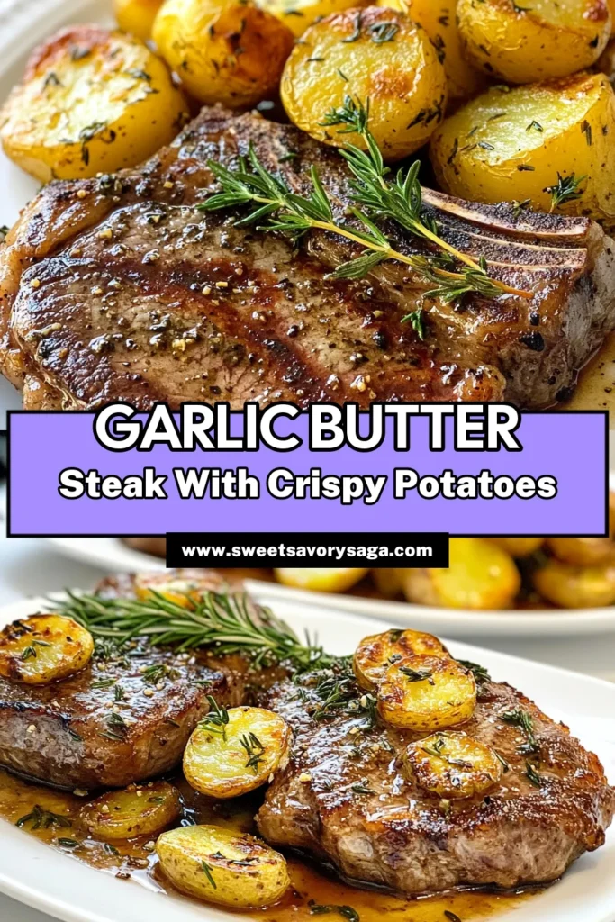 Indulge in this sizzling garlic butter steak and crispy potatoes recipe! Perfect for a ribeye steak dinner, this dish combines juicy ribeye steaks seared to perfection and Yukon Gold potatoes cooked until crispy. Discover the secrets of garlic butter steak cooking that will elevate your meals. This delightful combination is sure to impress. Save this recipe for your next feast! #GarlicButterSteak #CrispyPotatoes #RibeyeDinner #YukonGoldPotatoes