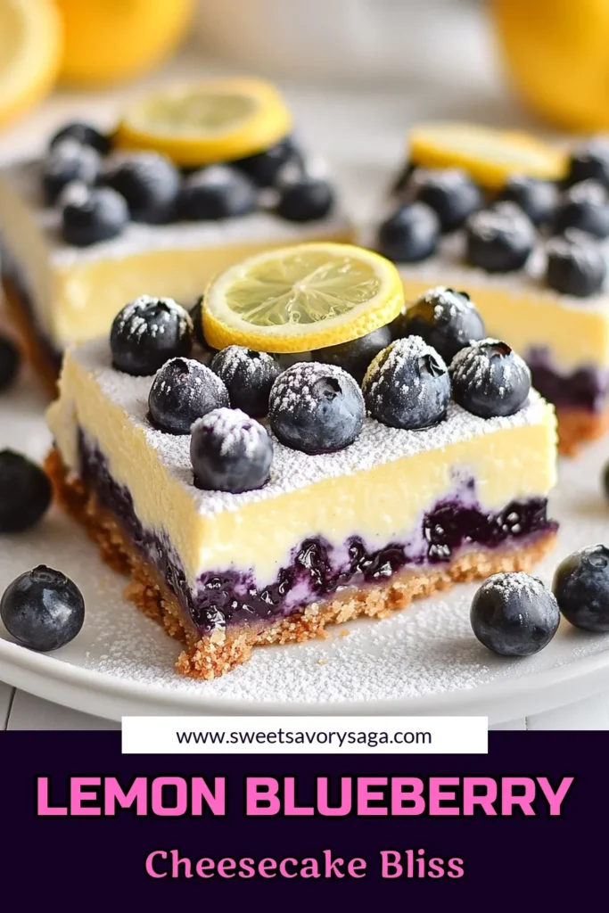 Indulge in these irresistible blueberry lemon cheesecake bars, the perfect creamy lemon cheesecake dessert for any occasion! This easy cheesecake bars recipe combines a buttery graham cracker crust with a luscious, no-bake lemon cheesecake filling packed with fresh blueberries. Ideal for summer gatherings and family events, these fresh blueberry dessert bars are sure to impress. Click for the full recipe and get ready to wow your guests! #BlueberryCheesecake #LemonDessert #EasyRecipes #FreshFruits
