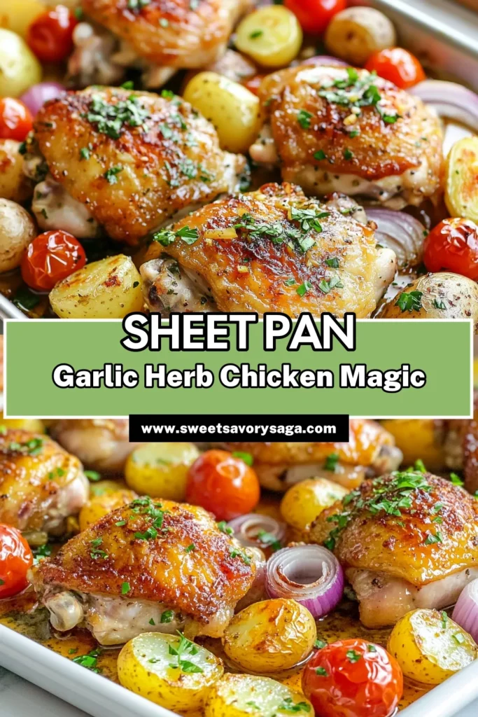Discover this delicious garlic herb chicken recipe featuring succulent sheet pan chicken thighs, perfectly roasted chicken and potatoes, and vibrant vegetables for a complete meal. This easy chicken dinner recipe is perfect for busy weeknights. Enjoy the convenience of a one pan chicken dinner with minimal cleanup. Try this recipe today and make mealtime stress-free! Save it for your next cooking adventure! #GarlicHerbChicken #SheetPanDinner #EasyChickenDinner #OnePanMeals