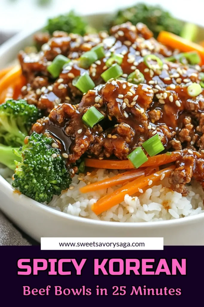 Craving a quick and flavorful dinner? Try these Spicy Korean Beef Bowls! This easy Korean beef recipe combines ground beef stir-fry with gochujang for a perfect kick. Cooked in just 25 minutes, this meal is ideal for busy weeknights. Serve with rice and enjoy the vibrant veggies. Don't miss out on this delicious Gochujang Beef Bowl—save it now for your next quick Korean dinner! #KoreanBeefRecipe #SpicyKoreanBeefBowls #QuickDinner #GroundBeefStirFry