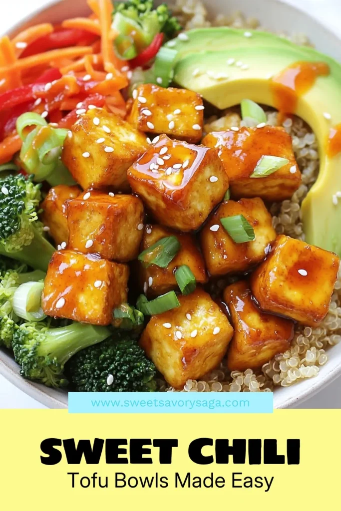 Enjoy a delicious and healthy vegan dinner with these Sweet Chili Tofu Buddha Bowls! Packed with flavor, these Buddha bowl recipes feature crispy baked tofu marinated in sweet chili sauce, served over a bed of fluffy quinoa. This easy meal combines fresh veggies like broccoli and avocado, making it a perfect choice for quick weeknight meals. Don't miss out on these healthy tofu recipes! Pin now for your next meal idea! #SweetChiliTofuBowls #VeganDinnerIdeas #QuinoaBuddhaBowls #HealthyTofuRecipes