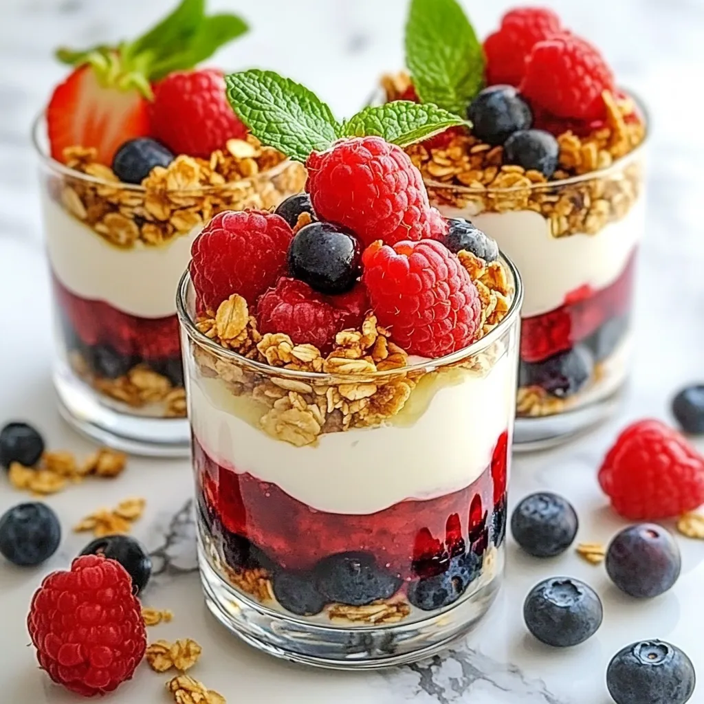 - 1 cup plain Greek yogurt (low-fat) - 1 cup low-fat cream cheese (softened to room temperature) - 3 tablespoons honey or pure maple syrup - 1 teaspoon pure vanilla extract - 2 cups mixed berries (strawberries, blueberries, raspberries) - 1 cup granola (nutty or berry-flavored) - Optional: fresh mint leaves for garnish The main ingredients create a creamy base for your parfaits. Greek yogurt adds protein and tanginess. Softened cream cheese gives a rich mouthfeel. Honey or maple syrup sweetens the mixture. Vanilla extract adds depth and warmth. Fresh produce is key for flavor. The mixed berries bring sweetness, tartness, and vibrant color. They make your parfaits pop with freshness. Granola adds crunch, making each bite exciting. It complements the creamy and fruity layers perfectly. For a touch of elegance, add fresh mint leaves. They brighten the look and offer a hint of flavor. These simple ingredients make a delightful treat that is both healthy and satisfying. {{ingredient_image_2}} - In a large bowl, combine 1 cup of soft cream cheese and 1 cup of Greek yogurt. - Add 3 tablespoons of honey or maple syrup and 1 teaspoon of vanilla extract. - Whisk or beat until you have a smooth, creamy mix. Make sure there are no lumps left. - Grab your serving glasses or jars. Start with a generous spoonful of the cheesecake mix for the first layer. - For the second layer, add 2 cups of mixed berries. Use strawberries, blueberries, and raspberries. - Sprinkle a bit of granola on top for the third layer. This adds a nice crunch. - Keep layering: cheesecake mixture, berries, and granola until you fill each glass. - Finish with a lovely layer of berries on top. - Cover your parfaits and chill them in the fridge for at least 30 minutes. This helps the flavors blend. To get a smooth cheesecake mixture, start with softened cream cheese. This helps blend easily with Greek yogurt. Use a whisk or an electric mixer on low speed. Mix until no lumps remain. This step ensures a creamy texture. A smooth mixture makes for a delightful parfait. For an elegant look, use clear glass jars. This showcases the layers beautifully. Place your parfaits on a decorative platter. Add extra berries around the base for flair. Consider pairing with a drizzle of honey or a sprinkle of nuts for added flavor. These small touches elevate your dessert. You can swap ingredients to fit your diet. Try dairy-free yogurt for a vegan option. Use agave syrup instead of honey if you prefer. For toppings, consider shredded coconut or dark chocolate chips. These add fun flavors and textures. Enjoy making your parfaits your own! Pro Tips Use Fresh Ingredients: Always opt for fresh, in-season berries to enhance the flavor and nutritional value of your parfaits. Experiment with Flavors: Feel free to mix different flavors of yogurt or add a splash of lemon juice for a zesty kick to the cheesecake mixture. Make Ahead: These parfaits can be prepared a day in advance. Just remember to keep the granola separate until serving for that crunchiness. Presentation Matters: Use clear glasses or jars to showcase the beautiful layers. A decorative platter with extra berries can elevate the overall look. {{image_4}} You can switch up the flavors for fun. Try a chocolate protein version! Just add cocoa powder to the cheesecake mix. This gives it a rich, chocolate taste. You can also use chocolate granola for extra crunch. Another great option is a citrus-infused cheesecake parfait. Add lemon or orange zest to the cheesecake mixture. It adds a bright, zesty flavor that pairs well with berries. You can even drizzle some citrus juice over the berries for more zing. If you need gluten-free options, use gluten-free granola. This lets everyone enjoy the parfaits without worry. There are many tasty brands available in stores. For toppings, consider using fresh fruit or nuts. You can also try coconut flakes or seeds. These options are safe for those with gluten sensitivity and add nice textures to the dish. You can make this parfait vegan with simple swaps. Use dairy-free cream cheese and yogurt. Cashew or almond-based versions work well. They have similar textures and flavors. For sweeteners, opt for maple syrup or agave nectar. These plant-based sweeteners add a lovely touch. You can also try mashed bananas for natural sweetness. They blend nicely into the cheesecake mixture. To keep your parfaits fresh, store them in airtight containers. This keeps moisture out and flavors in. You can use glass jars or plastic containers. They stay good in the fridge for up to three days. After that, the berries may lose their texture and flavor. If you want to freeze the parfaits, first, layer them in freezer-safe containers. Leave some space at the top since they will expand when frozen. They can last for up to a month in the freezer. Before serving, take them out and thaw them in the fridge overnight. This way, they stay creamy and tasty. Enjoy your delicious treats anytime! This recipe makes 4 to 6 parfaits. You can adjust the portions based on your needs. Each serving is packed with flavor and nutrition. Yes, you can prepare these parfaits ahead. Just make them 30 minutes before serving or even a day in advance. Store them in the fridge. They stay fresh and tasty. Each parfait has about 200 calories and 10 grams of protein. This makes them a healthy treat. They offer a good balance of nutrients without being heavy. Yes, you can use frozen berries! They work well in parfaits. Just thaw them before adding. Frozen berries can be a great option when fresh ones are out of season. This blog post shared a simple and tasty parfait recipe using yogurt, cream cheese, and berries. You learned how to layer the ingredients for a beautiful presentation and get the right texture. I provided tips for customization, serving suggestions, and storage. In the end, you can enjoy these parfaits any way you like, making them perfect for your taste or needs. Try it out, and make this treat your own!