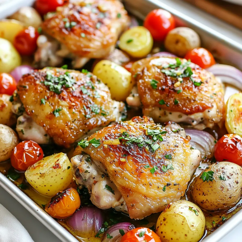 To make your Garlic Herb Chicken Sheet Pan, you need the following items: - 4 bone-in, skin-on chicken thighs - 2 cups baby potatoes, thoroughly halved - 1 cup cherry tomatoes, halved - 1 red onion, cut into wedges - 4 tablespoons extra virgin olive oil - 5 cloves garlic, finely minced - 2 teaspoons dried oregano - 1 teaspoon dried thyme - 1 teaspoon paprika - Salt and freshly ground black pepper, to taste - Fresh parsley, finely chopped (for garnishing) Each ingredient plays a key role. The chicken thighs offer rich flavor and juiciness. The baby potatoes are creamy and soft when roasted. Cherry tomatoes add sweetness and color. The red onion gives a lovely depth of flavor. Olive oil helps the herbs stick and adds richness. Garlic, oregano, thyme, and paprika create a wonderful herb blend. Salt and pepper enhance all the flavors. Lastly, fresh parsley adds a pop of color and freshness. You can brighten the dish with a few extra touches: - Lemon wedges for a zesty kick - Grated Parmesan cheese for a savory finish - Red pepper flakes for a bit of heat These optional items can elevate your dish. Lemon adds tanginess. Parmesan gives a cheesy richness. Red pepper flakes bring warmth without overpowering. If you can’t find some ingredients, here are good swaps: - Chicken breasts instead of thighs for leaner meat - Yukon gold potatoes instead of baby potatoes for a different texture - Any onion type, like white or yellow, can work in place of red onion - Use fresh herbs if you have them, like thyme and parsley, instead of dried These substitutes ensure you can still enjoy this meal. Each swap will bring a unique twist while keeping the dish delicious. {{ingredient_image_2}} To start, set your oven to 425°F (220°C). This high heat will help get the chicken crispy. Next, grab a big mixing bowl. Place the chicken thighs inside. In a small bowl, mix olive oil, minced garlic, dried oregano, dried thyme, paprika, salt, and black pepper. This mix is your marinade. Pour half of it over the chicken. Massage it well into the meat. This helps the flavor soak in. Let the chicken sit for at least 15 minutes. If you have time, marinating for up to 2 hours in the fridge makes it even better. Marinating is key for this recipe. It adds depth to the chicken. You can use fresh herbs if you have them. They give a bright flavor. Make sure to coat every piece well. If you want a bolder taste, let it marinate longer. You can also try adding lemon juice or zest for a fresh twist. This step makes your chicken juicy and full of flavor. While the chicken marinates, prepare your veggies. In a clean bowl, combine halved baby potatoes, cherry tomatoes, and red onion wedges. Drizzle the rest of the marinade over them. Toss until every piece is coated. On a lined baking sheet, place the marinated chicken on one side. Spread the veggies on the other side. This way, they roast evenly. Bake everything for 30 to 35 minutes. The chicken should hit 165°F (74°C). The potatoes will turn golden and soft. Once done, let it rest for a few minutes before serving. Sprinkle fresh parsley over the top for a nice touch. Enjoy this colorful, tasty meal! To get juicy chicken, start with bone-in, skin-on thighs. They stay moist during cooking. Marinate the chicken for at least 15 minutes. For more flavor, let it sit longer in the fridge. Use a mix of olive oil, garlic, and herbs for the marinade. This blend locks in moisture and taste. Roast at 425°F to get a nice, crispy skin. Use fresh veggies like baby potatoes, cherry tomatoes, and red onions. Cut them into even pieces. This helps them cook at the same rate. Toss the veggies in the leftover marinade for extra flavor. Spread them out on the sheet pan. This gives them room to roast evenly. Don’t crowd the pan, or they will steam instead of roast. Roast the chicken and veggies together for 30-35 minutes. Check that the chicken hits 165°F for safety. The potatoes should be golden and tender. If the chicken skin isn’t crispy, switch on the broiler for a minute. Just keep an eye on it! This timing makes sure everything is flavorful and ready to enjoy. Pro Tips Marinate for Maximum Flavor: Allow the chicken to marinate for at least 2 hours in the refrigerator. This enhances the flavor and tenderness of the meat. Select the Right Potatoes: Choose baby potatoes for even cooking. They roast beautifully and provide a delightful texture alongside the chicken. Even Cooking: Ensure that the chicken thighs and vegetables are spread out evenly on the baking sheet. Crowding can lead to steaming instead of roasting. Rest Before Serving: Let the dish rest for a few minutes after removing it from the oven. This allows the juices to redistribute, keeping the chicken moist. {{image_4}} You can change the herbs to switch up the taste. Try basil for a fresh twist. Rosemary adds a warm flavor, perfect for fall. For a bit of zing, use dill. Each herb brings its own style to the dish. Mix and match to find your favorite blend. You can also swap out vegetables based on what you have. Zucchini or bell peppers work well in this dish. Carrots add a nice sweetness and color. If you want greens, try adding broccoli or green beans. All these veggies roast well and soak up the flavors. Do you enjoy some heat? Add red pepper flakes to the marinade for a kick. You could also toss in sliced jalapeños with the veggies. For a smoky flavor, try chipotle powder. This spice will add depth and warmth to your meal. Adjust the heat to suit your taste buds. To keep your Garlic Herb Chicken fresh, let it cool first. Place the chicken and veggies in an airtight container. Make sure to separate the chicken from the vegetables if you prefer. Store it in the fridge for up to three days. If you want to avoid soggy veggies, keep them in a different container. When you're ready to eat the leftovers, preheat your oven to 350°F (175°C). Place the chicken and veggies on a baking sheet. Cover it with foil to keep moisture in. Heat for 15-20 minutes, or until everything is warm. This method keeps the chicken juicy and the veggies tender. You can also microwave them, but it may not keep the same texture. For long-term storage, you can freeze the leftovers. Place the cooled chicken and veggies in a freezer-safe container. Make sure to label it with the date. You can freeze it for up to three months. When you're ready to enjoy it again, thaw it in the fridge overnight. Reheat it in the oven for the best results. You can serve many tasty sides with Garlic Herb Chicken Sheet Pan. Here are some great ideas: - Rice: Fluffy white or brown rice absorbs the sauce well. - Quinoa: This adds a nutty flavor and is very healthy. - Steamed Vegetables: Broccoli or green beans add color and nutrients. - Salad: A fresh green salad brightens the meal. - Bread: Crusty bread is perfect for soaking up the juices. These sides make the meal more balanced and fun. Yes, you can use chicken breasts instead of thighs. Chicken breasts cook faster and are leaner. Here are some tips: - Adjust Cooking Time: Breasts may need about 25-30 minutes to cook. - Check Temperature: Ensure they reach 165°F (74°C) for safety. - Consider Moisture: Thighs stay juicier, so add a bit more oil to breasts. Using breasts gives a lighter feel to the meal while keeping it delicious. To know if the chicken is fully cooked, use a meat thermometer. Insert it into the thickest part of the thigh or breast. You want it to read 165°F (74°C). Here are more signs: - Juices Run Clear: Cut into the chicken; clear juices mean it’s done. - Firm Texture: The meat should feel firm, not squishy. - No Pink: There should be no pink in the center of the meat. These methods ensure you serve safe and tasty chicken. This blog post covered how to make Garlic Herb Chicken easily. You learned about the key ingredients and how to prepare the chicken. We discussed cooking tips for juicy meat and perfectly roasted veggies. The variations guide lets you get creative with flavors. Lastly, I shared smart storage tips to keep leftovers fresh. Enjoy tasty meals by following these steps. Your cooking skills will shine, and your family will love it!