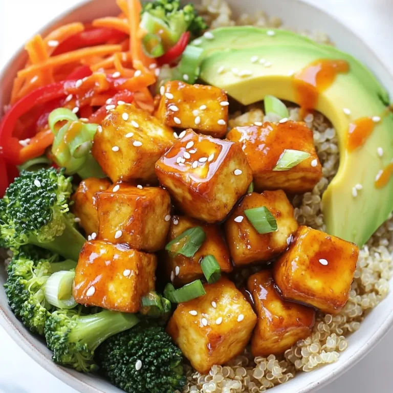 When making Sweet Chili Tofu Buddha Bowls, you need fresh and vibrant ingredients. I find that using high-quality items makes a big difference in taste. Here’s what you will need: - Tofu - 1 block (14 oz) firm tofu, drained and pressed - Sauces and Oils - 3 tablespoons sweet chili sauce - 1 tablespoon soy sauce - 1 tablespoon sesame oil - Vegetables - 2 cups cooked quinoa (or substitute with brown rice) - 1 cup broccoli florets - 1 red bell pepper, thinly sliced - 1 large carrot, shredded - 1 ripe avocado, sliced - Toppings - 1/4 cup green onions, finely chopped - 1 tablespoon sesame seeds - Salt and pepper to taste These ingredients create a colorful and tasty bowl. The tofu gives protein, while the veggies add crunch and nutrition. The sweet chili sauce brings a nice balance of flavor. When combined, they make a meal that is both healthy and satisfying. Enjoy using these fresh items to create a beautiful dish! {{ingredient_image_2}} First, set your oven to 400°F (200°C). This heat helps the tofu get nice and crispy. Grab a baking sheet and line it with parchment paper. This step makes cleanup easy and keeps the tofu from sticking. Next, take your block of firm tofu. Drain it and press it well to remove extra water. Cut the tofu into bite-sized cubes. Place these cubes into a large mixing bowl. This size helps them cook evenly and absorb the sauce better. In a separate bowl, mix 3 tablespoons of sweet chili sauce, 1 tablespoon of soy sauce, and 1 tablespoon of sesame oil. Whisk these together until smooth. Pour this sauce over the tofu cubes. Use a spatula or your hands to toss well, coating each piece. Spread the marinated tofu on the baking sheet in a single layer. Sprinkle with salt and pepper. Bake for 25-30 minutes. Flip the cubes halfway through to ensure they turn golden and crispy. While the tofu bakes, it’s time to prep the veggies. Steam 1 cup of broccoli florets in a pot with a steamer basket for about 5-7 minutes. You want them bright and tender. Once done, keep them covered to stay warm. Now, let’s put it all together! Start with a scoop of cooked quinoa in each bowl. Top it with the baked tofu, steamed broccoli, sliced red bell pepper, shredded carrot, and avocado slices. For the finishing touch, sprinkle each bowl with chopped green onions and sesame seeds. If you like it a bit sweeter, drizzle some extra sweet chili sauce on top before serving. This adds flavor and makes your bowl pop! To get your tofu crispy, start with firm or extra-firm tofu. Drain it well and press it to remove excess water. This step is key to getting that perfect crunch. Cut your tofu into bite-sized cubes. Marinate these cubes in a mix of sweet chili sauce, soy sauce, and sesame oil. This will add flavor while helping them crisp up nicely. Spread the marinated tofu on a lined baking sheet in a single layer. Bake at 400°F (200°C) for 25 to 30 minutes. Flip them halfway through for even cooking. This method gives you crispy tofu that is golden and tasty. Serve your Sweet Chili Tofu Buddha Bowls warm. Start with a base of quinoa or brown rice for great texture. Top it with the crispy tofu and a variety of colorful veggies. Include steamed broccoli, fresh bell pepper, and shredded carrot. Don't forget to add avocado slices for creaminess. For extra flavor, drizzle more sweet chili sauce on top just before serving. This adds a sweet kick that pairs well with the other ingredients. Make your Buddha bowl visually appealing by arranging the ingredients in sections. Place the quinoa at the bottom, then artfully arrange the tofu and veggies on top. This not only looks great but also highlights the colors of the fresh ingredients. Sprinkle chopped green onions and sesame seeds over the top for a final touch. Serve immediately to enjoy the fresh flavors and beautiful look of your meal. Pro Tips Press Tofu Thoroughly: Ensure you press the tofu well to remove excess moisture, which helps achieve a crispier texture when baking. Customize Your Veggies: Feel free to swap out the vegetables for your favorites or whatever is in season to keep it fresh and exciting. Extra Flavor Boost: Marinate the tofu for a longer time, if possible, to deepen the flavor profile before baking. Perfect Quinoa Cooking: Rinse quinoa before cooking to remove its natural bitterness, and use vegetable broth instead of water for added flavor. {{image_4}} You can change the grain in your Buddha bowl. Quinoa is great, but brown rice works well too. Try farro or barley for a nutty taste. Both grains add fiber and nutrients. They give your bowl a hearty base. You can mix in other veggies for more flavor. Try snap peas or zucchini for crunch. Sweet corn adds a pop of color and sweetness. You can also add spinach or kale for extra greens. Use what’s in season for the best taste. If you wish to swap tofu, try chickpeas or lentils. These options are packed with protein. You can also use tempeh for a firmer texture. For a non-vegan option, grilled chicken fits well too. Each swap offers a unique flavor profile. To store any leftover Sweet Chili Tofu Buddha Bowls, let them cool first. Transfer the bowls to airtight containers. This keeps the food fresh and tasty. You can store them in the fridge for up to three days. If you want to reheat them, you will enjoy the same great flavor. When it's time to eat your leftovers, you can reheat them easily. The microwave works well for this. Place the bowl in the microwave and heat for about 1-2 minutes. Stir halfway through to warm it evenly. You can also reheat the bowl in an oven at 350°F (175°C) for about 10-15 minutes. This method keeps the tofu crispy. If you want to freeze your Buddha bowls, do so before adding fresh toppings. The tofu and veggies freeze well. Use freezer-safe containers to store them. They can last up to two months in the freezer. When ready to eat, thaw them overnight in the fridge. Then reheat as mentioned before for a quick meal. Yes, you can use extra-firm tofu. It has less moisture and may give a firmer bite. Just remember to press it well. This helps remove even more water for better texture. Extra-firm tofu works great in stir-fries and baking. It will still soak up the sweet chili sauce nicely. If you need a substitute, you can mix honey with hot sauce. This gives you sweetness and heat. Another option is to use teriyaki sauce, but it will change the flavor a bit. You can also make your own sweet chili sauce with sugar, vinegar, and chili flakes. Yes, this dish can be gluten-free! Use gluten-free soy sauce or tamari instead of regular soy sauce. The other ingredients like tofu, quinoa, and fresh veggies are naturally gluten-free. Just check all labels to be sure. A Sweet Chili Tofu Buddha Bowl has about 450 calories per serving. This count can change based on the toppings and portion sizes. It’s a filling meal packed with protein and nutrients. Enjoy it as a satisfying lunch or dinner option! This blog post covered how to make a delicious Sweet Chili Tofu Buddha Bowl. We discussed the key ingredients, step-by-step cooking instructions, and tips for crispy tofu. We explored variations for grains, veggies, and proteins. Lastly, we shared how to store leftovers and clear up common questions. Enjoy your cooking and feel free to experiment. Your Buddha Bowl will be tasty and satisfying.