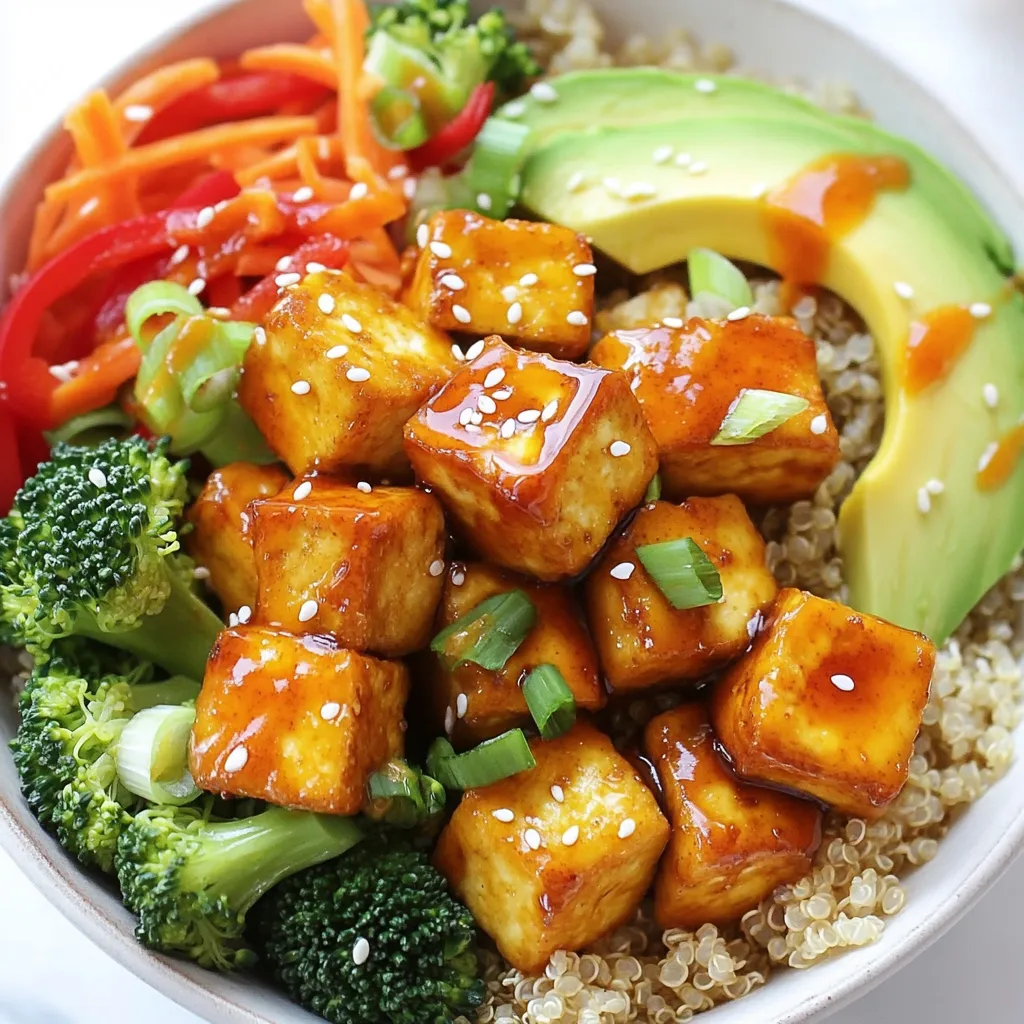 When making Sweet Chili Tofu Buddha Bowls, you need fresh and vibrant ingredients. I find that using high-quality items makes a big difference in taste. Here’s what you will need: - Tofu - 1 block (14 oz) firm tofu, drained and pressed - Sauces and Oils - 3 tablespoons sweet chili sauce - 1 tablespoon soy sauce - 1 tablespoon sesame oil - Vegetables - 2 cups cooked quinoa (or substitute with brown rice) - 1 cup broccoli florets - 1 red bell pepper, thinly sliced - 1 large carrot, shredded - 1 ripe avocado, sliced - Toppings - 1/4 cup green onions, finely chopped - 1 tablespoon sesame seeds - Salt and pepper to taste These ingredients create a colorful and tasty bowl. The tofu gives protein, while the veggies add crunch and nutrition. The sweet chili sauce brings a nice balance of flavor. When combined, they make a meal that is both healthy and satisfying. Enjoy using these fresh items to create a beautiful dish! {{ingredient_image_2}} First, set your oven to 400°F (200°C). This heat helps the tofu get nice and crispy. Grab a baking sheet and line it with parchment paper. This step makes cleanup easy and keeps the tofu from sticking. Next, take your block of firm tofu. Drain it and press it well to remove extra water. Cut the tofu into bite-sized cubes. Place these cubes into a large mixing bowl. This size helps them cook evenly and absorb the sauce better. In a separate bowl, mix 3 tablespoons of sweet chili sauce, 1 tablespoon of soy sauce, and 1 tablespoon of sesame oil. Whisk these together until smooth. Pour this sauce over the tofu cubes. Use a spatula or your hands to toss well, coating each piece. Spread the marinated tofu on the baking sheet in a single layer. Sprinkle with salt and pepper. Bake for 25-30 minutes. Flip the cubes halfway through to ensure they turn golden and crispy. While the tofu bakes, it’s time to prep the veggies. Steam 1 cup of broccoli florets in a pot with a steamer basket for about 5-7 minutes. You want them bright and tender. Once done, keep them covered to stay warm. Now, let’s put it all together! Start with a scoop of cooked quinoa in each bowl. Top it with the baked tofu, steamed broccoli, sliced red bell pepper, shredded carrot, and avocado slices. For the finishing touch, sprinkle each bowl with chopped green onions and sesame seeds. If you like it a bit sweeter, drizzle some extra sweet chili sauce on top before serving. This adds flavor and makes your bowl pop! To get your tofu crispy, start with firm or extra-firm tofu. Drain it well and press it to remove excess water. This step is key to getting that perfect crunch. Cut your tofu into bite-sized cubes. Marinate these cubes in a mix of sweet chili sauce, soy sauce, and sesame oil. This will add flavor while helping them crisp up nicely. Spread the marinated tofu on a lined baking sheet in a single layer. Bake at 400°F (200°C) for 25 to 30 minutes. Flip them halfway through for even cooking. This method gives you crispy tofu that is golden and tasty. Serve your Sweet Chili Tofu Buddha Bowls warm. Start with a base of quinoa or brown rice for great texture. Top it with the crispy tofu and a variety of colorful veggies. Include steamed broccoli, fresh bell pepper, and shredded carrot. Don't forget to add avocado slices for creaminess. For extra flavor, drizzle more sweet chili sauce on top just before serving. This adds a sweet kick that pairs well with the other ingredients. Make your Buddha bowl visually appealing by arranging the ingredients in sections. Place the quinoa at the bottom, then artfully arrange the tofu and veggies on top. This not only looks great but also highlights the colors of the fresh ingredients. Sprinkle chopped green onions and sesame seeds over the top for a final touch. Serve immediately to enjoy the fresh flavors and beautiful look of your meal. Pro Tips Press Tofu Thoroughly: Ensure you press the tofu well to remove excess moisture, which helps achieve a crispier texture when baking. Customize Your Veggies: Feel free to swap out the vegetables for your favorites or whatever is in season to keep it fresh and exciting. Extra Flavor Boost: Marinate the tofu for a longer time, if possible, to deepen the flavor profile before baking. Perfect Quinoa Cooking: Rinse quinoa before cooking to remove its natural bitterness, and use vegetable broth instead of water for added flavor. {{image_4}} You can change the grain in your Buddha bowl. Quinoa is great, but brown rice works well too. Try farro or barley for a nutty taste. Both grains add fiber and nutrients. They give your bowl a hearty base. You can mix in other veggies for more flavor. Try snap peas or zucchini for crunch. Sweet corn adds a pop of color and sweetness. You can also add spinach or kale for extra greens. Use what’s in season for the best taste. If you wish to swap tofu, try chickpeas or lentils. These options are packed with protein. You can also use tempeh for a firmer texture. For a non-vegan option, grilled chicken fits well too. Each swap offers a unique flavor profile. To store any leftover Sweet Chili Tofu Buddha Bowls, let them cool first. Transfer the bowls to airtight containers. This keeps the food fresh and tasty. You can store them in the fridge for up to three days. If you want to reheat them, you will enjoy the same great flavor. When it's time to eat your leftovers, you can reheat them easily. The microwave works well for this. Place the bowl in the microwave and heat for about 1-2 minutes. Stir halfway through to warm it evenly. You can also reheat the bowl in an oven at 350°F (175°C) for about 10-15 minutes. This method keeps the tofu crispy. If you want to freeze your Buddha bowls, do so before adding fresh toppings. The tofu and veggies freeze well. Use freezer-safe containers to store them. They can last up to two months in the freezer. When ready to eat, thaw them overnight in the fridge. Then reheat as mentioned before for a quick meal. Yes, you can use extra-firm tofu. It has less moisture and may give a firmer bite. Just remember to press it well. This helps remove even more water for better texture. Extra-firm tofu works great in stir-fries and baking. It will still soak up the sweet chili sauce nicely. If you need a substitute, you can mix honey with hot sauce. This gives you sweetness and heat. Another option is to use teriyaki sauce, but it will change the flavor a bit. You can also make your own sweet chili sauce with sugar, vinegar, and chili flakes. Yes, this dish can be gluten-free! Use gluten-free soy sauce or tamari instead of regular soy sauce. The other ingredients like tofu, quinoa, and fresh veggies are naturally gluten-free. Just check all labels to be sure. A Sweet Chili Tofu Buddha Bowl has about 450 calories per serving. This count can change based on the toppings and portion sizes. It’s a filling meal packed with protein and nutrients. Enjoy it as a satisfying lunch or dinner option! This blog post covered how to make a delicious Sweet Chili Tofu Buddha Bowl. We discussed the key ingredients, step-by-step cooking instructions, and tips for crispy tofu. We explored variations for grains, veggies, and proteins. Lastly, we shared how to store leftovers and clear up common questions. Enjoy your cooking and feel free to experiment. Your Buddha Bowl will be tasty and satisfying.
