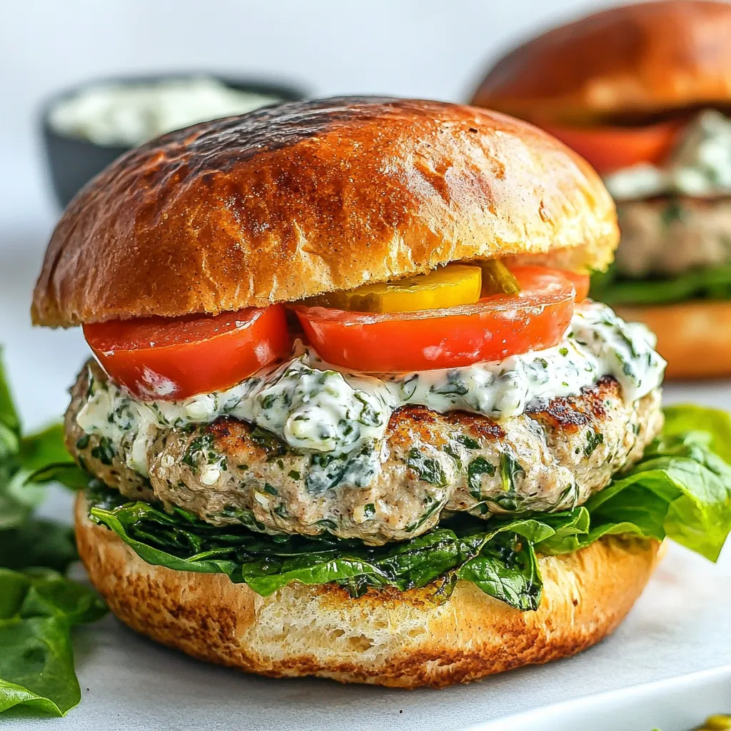 - 1 pound ground turkey - 1 cup fresh spinach, finely chopped - 1/2 cup feta cheese, crumbled - 1/4 cup breadcrumbs I love using ground turkey for these burgers. It keeps them lean and healthy. Fresh spinach adds a vibrant color and a nice crunch. The feta cheese brings a tangy flavor that pairs well with the turkey. Breadcrumbs help bind the mixture, giving the burgers a nice texture. - 1/4 cup onion, finely chopped - 2 cloves garlic, minced - 1 teaspoon dried oregano - 1 teaspoon salt - 1/2 teaspoon black pepper - 1 tablespoon olive oil (for grilling) Onion and garlic create a savory base for the burgers. Dried oregano adds a hint of earthiness. Salt and black pepper enhance all the flavors. Olive oil is key for grilling. It prevents sticking and adds a nice flavor. - Sliced tomatoes - Lettuce - Tzatziki sauce Toppings can take your burger to the next level. Sliced tomatoes add juiciness. Crisp lettuce gives a nice crunch. Tzatziki sauce is cool and refreshing, perfect for these flavorful burgers. Enjoy mixing and matching your toppings! {{ingredient_image_2}} - Combine the mixture In a large bowl, add 1 pound of ground turkey. Then, add 1 cup of finely chopped fresh spinach and 1/2 cup of crumbled feta cheese. Next, mix in 1/4 cup of breadcrumbs, 1/4 cup of finely chopped onion, and 2 minced garlic cloves. Don’t forget to add 1 teaspoon of dried oregano, 1 teaspoon of salt, and 1/2 teaspoon of black pepper. - Shape the patties Now, use your hands to mix these ingredients gently. You want everything to blend well but don’t overmix. This keeps the burgers tender. After mixing, divide the mixture into four equal parts. Shape each part into patties about ¾ inch thick. Make sure they are uniform for even cooking. - Preheat grill Preheat your grill or grill pan over medium-high heat. This helps the patties cook evenly. Once it’s hot, drizzle the grill with 1 tablespoon of olive oil. This stops the patties from sticking and adds flavor. - Cook the turkey patties Place the patties on the grill. Cook them for about 5 to 6 minutes on each side. You want the internal temperature to reach 165°F (74°C). This ensures your burgers are safe to eat. They should also get a nice golden-brown crust. - Toasting burger buns In the last minute of cooking, add the whole wheat burger buns to the grill. This toasts them lightly, adding more taste and texture to your meal. - Serving suggestions To assemble your burgers, place a cooked turkey patty on the bottom half of each toasted bun. Add layers of sliced tomatoes and fresh lettuce. If you like, drizzle some tzatziki sauce on top for extra flavor. Finish by capping the burger with the top half of the bun. Serve these warm for the best taste! Enjoy your flavorful spinach feta turkey burgers with a side of sweet potato fries or a fresh salad! - Mixing without overdoing it: When you mix the turkey with the other ingredients, do it gently. Use your hands to combine them just until they hold together. Overmixing can make the burgers tough. You want a light touch here. - Ensuring even cooking: Shape your patties to be uniform in thickness. This helps them cook evenly. Aim for about ¾ inch thick patties. Keep an eye on your grill's heat. Medium-high is key for a nice golden crust. - Suggested spices and herbs: Besides oregano, feel free to add more spices. A pinch of paprika or cumin can bring warmth. Fresh herbs like parsley or dill can add bright notes too. Don't be shy to experiment! - Best grilling practices: Always preheat your grill before cooking. This makes a huge difference in flavor. Use olive oil to coat the grill grates. It helps prevent sticking and boosts the taste of your burgers. - Serving style and side dishes: Serve your burgers on a colorful plate. Pair them with sweet potato fries or a fresh side salad. This adds color and makes the meal look inviting. - Garnishing ideas: A sprig of parsley on top adds a nice pop. You can also use slices of lemon for a refreshing touch. These small details make your dish feel gourmet! Pro Tips Don’t Overmix: Gently combine the ingredients to keep the burgers tender. Overmixing can lead to a tough texture. Ensure Even Thickness: Shape the patties uniformly to promote even cooking and prevent some parts from drying out. Use a Meat Thermometer: Check the internal temperature with a meat thermometer to ensure the burgers are fully cooked at 165°F (74°C). Toast the Buns: Toasting the burger buns on the grill adds flavor and prevents them from becoming soggy when assembled. {{image_4}} You can mix things up in this recipe. Ground turkey gives a nice flavor, but you can use other meats. Try ground chicken or lean beef instead. These options will still keep your burgers juicy. If you want a vegan option, use black beans or lentils. Mash them well and mix in the other ingredients. You can also use a plant-based ground meat that mimics turkey. Cheese can change the taste of your burgers. Feta adds a tangy kick, but you can swap it for other cheeses. Consider using goat cheese for a creamy texture. Or try sharp cheddar for a bolder flavor. Adding spices is also a fun way to vary the taste. You can mix in some paprika for a hint of smokiness. A dash of cayenne pepper will bring some heat. Experiment with your favorite spices to find your best blend. Want to serve your burgers differently? Try making burger bowls. Place the cooked patties over a bed of greens. Add your favorite toppings like tomatoes and cucumber. Drizzle with tzatziki sauce for extra flavor. Another option is lettuce wraps. Instead of buns, use large lettuce leaves. This will give you a low-carb meal. It’s fresh and crunchy, perfect for a light lunch or dinner. - Storing cooked burgers: Place cooked turkey burgers in a clean, airtight container. They stay fresh in the fridge for up to three days. When ready to eat, just reheat them. - Raw patties storage: You can store raw patties in the fridge too. Wrap them tightly in plastic wrap or place them in a container. They will last for one to two days. - Freezing cooked burgers: If you want to save cooked burgers, let them cool first. Wrap each burger in foil or place them in a freezer bag. They can last up to three months in the freezer. Just thaw before reheating. - Saving uncooked patties for later use: To freeze uncooked patties, place them on a baking sheet for an hour. Once firm, wrap them separately. They can be frozen for up to three months, too. - Best methods for reheating: For reheating, the best method is to use an oven. Heat it to 350°F (175°C). Place burgers on a baking sheet and heat for about 10-15 minutes. This keeps them juicy. - Maintaining flavor and texture: You can also reheat burgers in a skillet. Use medium heat and cover the pan. This helps keep the burgers moist and tasty. You can use oats or crushed rice cakes as gluten-free options. Ground almonds also work well. If you need a lighter touch, try cornmeal. Each of these will help bind the burger without gluten. Yes, you can use a stovetop grill pan. Preheat it over medium-high heat. Add a little olive oil to the pan to prevent sticking. Cook the burgers as you would on an outdoor grill. Just keep an eye on the heat to avoid burning. To check if the burgers are done, use a meat thermometer. Insert it into the center of the patty. You want it to read 165°F (74°C). This ensures the turkey is safe to eat and juicy. Spinach feta turkey burgers are simple to make and full of flavor. We covered key ingredients, step-by-step instructions, and useful tips. You can mix and match flavors and toppings to suit your taste. Don't forget about storage and reheating methods to keep your burgers fresh. Enjoy experimenting with variations and impressing friends and family. Your burgers will be a delicious hit!