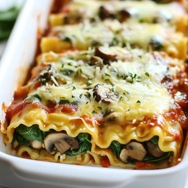 To make delicious mushroom spinach lasagna rolls, gather these ingredients: - 8 lasagna noodles - 1 tablespoon olive oil - 1 small onion, finely chopped - 2 cloves garlic, minced - 8 ounces mushrooms, sliced (cremini or button) - 4 cups fresh spinach, washed and roughly chopped - 1/2 teaspoon dried oregano - 1/2 teaspoon salt - 1/4 teaspoon freshly ground black pepper - 1 cup ricotta cheese - 1 cup shredded mozzarella cheese, divided - 1/2 cup grated Parmesan cheese, divided - 1 cup marinara sauce I suggest using Barilla for lasagna noodles. They cook well and hold shape. For cheese, I love BelGioioso for ricotta and mozzarella. Their taste is rich and creamy. If you want a great Parmesan, try Grana Padano. It has a wonderful flavor that enhances the dish. For marinara, Rao's is a favorite. It is thick and packed with flavor. You can make this recipe fit various diets. For gluten-free needs, use gluten-free lasagna noodles. If you're vegan, swap ricotta with tofu or cashew cheese. For a lower-fat version, use part-skim ricotta and mozzarella. If you want more greens, add kale or Swiss chard in place of spinach. {{ingredient_image_2}} First, you need to cook your lasagna noodles. Bring a large pot of salted water to a boil. Add the noodles and cook them until they are al dente, which usually takes about 8-10 minutes. Once done, drain them well. Lay the noodles flat on a clean kitchen towel. This keeps them from sticking together. Next, grab a large skillet and heat one tablespoon of olive oil over medium heat. Add one finely chopped onion. Sauté the onion for about 3-4 minutes until it turns translucent. Then, add two minced garlic cloves and eight ounces of sliced mushrooms. Cook this mixture for 5-7 minutes. The mushrooms should soften and release their moisture. After that, toss in four cups of chopped fresh spinach, half a teaspoon of dried oregano, half a teaspoon of salt, and a quarter teaspoon of black pepper. Cook this until the spinach wilts, which should take about 2-3 minutes. Remove the skillet from heat and let the mixture cool slightly. Now, it’s time to mix the filling. In a bowl, combine the cooled mushroom-spinach mix with one cup of ricotta cheese, half a cup of shredded mozzarella cheese, and a quarter cup of grated Parmesan cheese. Stir this mix well. In a 9x13 inch baking dish, spread a thin layer of marinara sauce on the bottom. For each lasagna noodle, spoon about 2-3 tablespoons of the filling onto one end of the noodle and roll it tightly. Place each roll seam-side down in the baking dish. Repeat this until you use all the noodles and filling. Once all the rolls are in the dish, pour the rest of the marinara sauce over them. Make sure they are well covered. Sprinkle the remaining mozzarella and Parmesan cheese on top. Cover the baking dish with aluminum foil, then bake in a preheated oven at 375°F for 25 minutes. After that, remove the foil and bake for another 15 minutes. The cheese should be bubbly and golden. Let the rolls cool for about 5 minutes before serving. Enjoy your delicious Mushroom Spinach Lasagna Rolls! To craft perfect mushroom spinach lasagna rolls, follow these simple tips: - Cook noodles al dente: This keeps them firm and easier to handle. - Cool the filling: Letting the mushroom-spinach mix cool helps it stick better. - Use a clean towel: Lay cooked noodles on a towel to prevent them from sticking together. - Don’t overfill: Use only 2-3 tablespoons of filling per noodle. Too much can cause spills. You can try various methods to cook these delicious rolls: - Instant Pot: Place the rolls in a pan, add some marinara sauce, and cook on high pressure for 10 minutes. - Skillet: Heat a bit of sauce in a large skillet. Place the rolls seam-side down and cover. Cook for about 20 minutes on low heat until heated through. Avoid these common mistakes to ensure success: - Skipping the cooling step: Filling should not be hot when you roll it. - Not covering with sauce: Always pour sauce over rolls; this keeps them moist and flavorful. - Using too much cheese: While cheese is great, too much can overpower the dish. Stick to the recipe amounts for balance. - Rushing the bake: Allowing the rolls to bake properly ensures they turn golden and bubbly. Pro Tips Use Fresh Ingredients: Fresh spinach and mushrooms will elevate the flavor of your lasagna rolls. Opt for seasonal produce whenever possible for the best taste. Customize Your Cheese: Feel free to mix different types of cheese, such as ricotta or goat cheese, to add unique flavors and textures to your filling. Experiment with Sauces: While marinara is classic, try using pesto or a white sauce for a twist on the traditional lasagna rolls. Make Ahead: Prepare the rolls in advance and refrigerate them. They can be baked straight from the fridge, just add a few extra minutes to the cooking time. {{image_4}} You can switch up the cheese in your lasagna rolls. Try using cottage cheese instead of ricotta. It adds a nice texture and flavor. You can also use goat cheese for a tangy twist. If you love strong flavors, add blue cheese in small amounts. Mixing different cheeses gives your dish more depth. Want to make your lasagna rolls heartier? Add some protein! Cooked chicken or Italian sausage can be great options. Just chop them into small pieces and mix them into your filling. This will give your dish extra flavor and make it more filling. If you use sausage, go for sweet or spicy based on your taste. You can make these rolls vegan or dairy-free with simple swaps. Use cashew cheese or tofu instead of ricotta. Nutritional yeast adds a cheesy flavor without dairy. For mozzarella, try a vegan cheese brand that melts well. You can mix in some cooked lentils for added protein. This way, everyone can enjoy a delicious meal! After you enjoy your Mushroom Spinach Lasagna Rolls, store any leftovers in an airtight container. Make sure to let them cool first. Place the container in the fridge. They will stay fresh for up to three days. If you want to enjoy them later, freezing is a great option. To freeze your lasagna rolls, wrap each roll tightly in plastic wrap. Then, place them in a freezer-safe bag or container. Be sure to remove as much air as possible. You can freeze them for up to three months. When you’re ready to eat, just thaw them in the fridge overnight. To reheat, you can use the oven or microwave. If using the oven, preheat it to 350°F (175°C). Place the rolls in a baking dish and cover with foil. Heat for about 20 minutes. For the microwave, place the rolls on a plate and cover with a damp paper towel. Heat for 2-3 minutes, checking often. Enjoy your meal just as it was made! Yes, you can use no-boil lasagna noodles. They save time and effort. Just spread a little extra sauce in the baking dish. This helps the noodles cook well. Follow the package instructions for the best results. These lasagna rolls will stay fresh for about 3 to 4 days. Store them in an airtight container. You can also cover them with plastic wrap. Just make sure they cool down before storing. Some great sides include: - Mixed greens salad - Garlic bread - Steamed broccoli - Roasted vegetables These sides add freshness and crunch to your meal. Absolutely! You can prepare these rolls a day ahead. Just assemble them and cover tightly. Store them in the fridge. When you're ready to bake, add a few extra minutes to the cooking time. This post covered everything you need for Mushroom Spinach Lasagna Rolls. We explored ingredients, brands, and substitutions. I shared clear steps for prep, cooking, and assembling. You learned tips for perfect rolls and common mistakes to watch for. In the end, you can make tasty lasagna rolls your way. Use the tips and variations provided to suit your taste and needs. Enjoy your meal and impress your family and friends!
