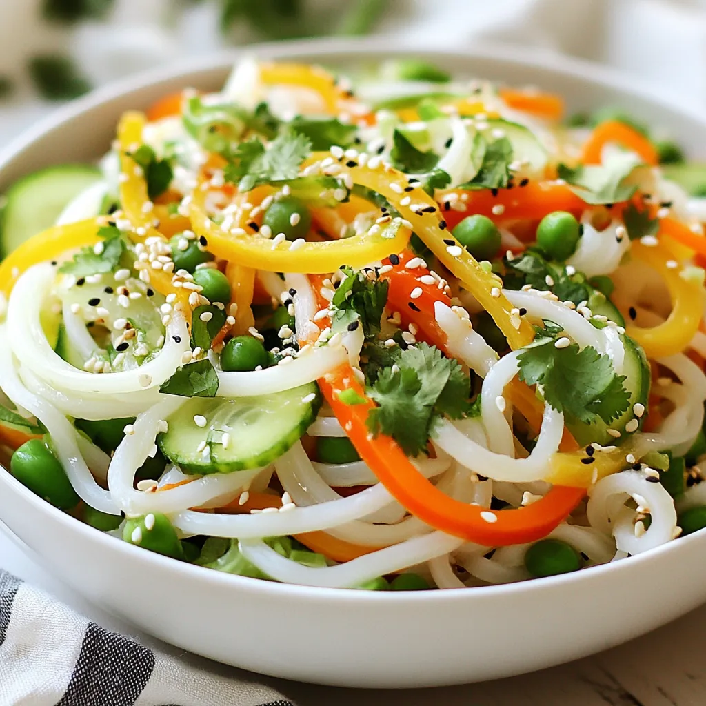 - 8 oz rice noodles - 2 cups shredded carrots - 1 cup cucumber, julienned - 1 red bell pepper, thinly sliced - 1 cup snap peas, trimmed and halved - 4 green onions, chopped - 1/4 cup fresh cilantro, finely chopped - 1/4 cup toasted sesame seeds for garnish The main ingredients in this salad create a colorful and crunchy dish. The rice noodles serve as a great base. They soak up all the lovely flavors. Carrots add a sweet crunch. Cucumbers bring a refreshing bite. Red bell peppers offer a nice sweetness. Snap peas give a satisfying crunch. Green onions add a mild onion flavor. Cilantro brightens the dish and adds freshness. Finally, sesame seeds provide a nutty finish. - 3 tablespoons soy sauce (low-sodium preferred) - 2 tablespoons toasted sesame oil - 1 tablespoon fresh ginger, grated - 2 tablespoons lime juice (freshly squeezed for best flavor) - 1 tablespoon honey or maple syrup (for a vegan option) - Sea salt and freshly cracked black pepper to taste The dressing balances the salad perfectly. Soy sauce adds depth and saltiness. Toasted sesame oil gives a rich, nutty taste. Fresh ginger adds a zesty kick. Lime juice brightens the flavors with its acidity. Honey or maple syrup sweetens the mix. Finish with sea salt and black pepper for extra flavor. - Large mixing bowl - Small mixing bowl - Whisk - Colander - Knife - Cutting board You will need a few basic tools for this salad. A large bowl helps mix the noodles and veggies. A small bowl is perfect for whisking the dressing. A colander drains the noodles after cooking. A knife and cutting board are essential for chopping the veggies. Having these items ready makes the process smooth and fun! {{ingredient_image_2}} To start, cook the rice noodles. Follow the package instructions closely. Once cooked, drain the noodles. Rinse them under cold water. This stops the cooking process. Place the noodles in a large bowl and set them aside. Next, we need to prepare the vegetables. Take a large mixing bowl. Add the shredded carrots and julienned cucumber. Next, add the thinly sliced red bell pepper and halved snap peas. Toss in the chopped green onions and finely chopped cilantro. Gently mix everything until well combined. Now, it’s time for the dressing. In a small bowl, whisk together soy sauce and toasted sesame oil. Then, add the grated ginger and lime juice. For sweetness, mix in honey or maple syrup. Taste the dressing and add sea salt and cracked black pepper to your liking. Drizzle the dressing over the vegetable mix. Toss everything thoroughly to coat the veggies in the delicious sauce. After that, add the cooled rice noodles to the bowl. Gently fold everything together. Make sure the noodles are mixed well with the vegetables and dressing. For the final touch, sprinkle toasted sesame seeds over the top. This adds a nice crunch and nutty flavor. Let the salad rest for about 10 minutes. This helps the flavors blend beautifully. Serve the salad in wide bowls, garnished with extra sesame seeds and cilantro leaves. You can add lime wedges on the side for color and freshness. To perfect the dressing, focus on balance. Start with three tablespoons of soy sauce. Choose low-sodium soy sauce for a healthier option. Add in two tablespoons of toasted sesame oil for a rich flavor. Then, mix in one tablespoon of fresh ginger, grated finely. Fresh ginger gives a zesty kick. Next, squeeze in two tablespoons of fresh lime juice. Fresh lime adds brightness and a nice tang. Finally, sweeten with one tablespoon of honey or maple syrup. Taste the dressing and adjust with sea salt and black pepper. This way, you get a dressing that’s both tasty and well-rounded. When cooking rice noodles, follow the package instructions closely. Usually, you soak them in hot water. This process softens the noodles without overcooking them. After soaking, drain and rinse them under cold water. Rinsing stops the cooking process and prevents sticking. If you want a firmer bite, soak for a shorter time. Remember, the noodles will soak up flavors from the dressing. So, you want them to be just right for the salad. For serving, use wide bowls to show off the colorful salad. Garnish with extra sesame seeds for crunch. Add a few cilantro leaves on top for a fresh look. For more zest, place lime wedges on the side. You can also serve this salad chilled or at room temperature. This salad is perfect for picnics or potlucks. It’s light, refreshing, and offers a burst of flavors in every bite. Pro Tips Fresh Ingredients: Use fresh vegetables for the best flavor and texture; they will enhance the overall taste of the salad. Chill Your Noodles: Rinse the cooked rice noodles with cold water to not only stop the cooking process but also to keep them from sticking together. Dressing Variations: Feel free to customize the dressing by adding a splash of rice vinegar or a dash of chili oil for a spicy kick. Meal Prep Friendly: This salad keeps well in the fridge, making it perfect for meal prep; just add the dressing right before serving to keep it fresh. {{image_4}} If you want to add protein, chicken and tofu work great. For chicken, cook it in a pan until golden. Slice it thinly and toss it with the salad. If you prefer tofu, use firm tofu for the best texture. Press it to remove excess water, then cube it. Sauté the cubes until crispy. Add either protein to the salad for a hearty meal. Need a gluten-free option? You can swap rice noodles for zucchini noodles or quinoa. Zucchini noodles are fresh and light. Just spiralize the zucchini and toss it in raw. Quinoa is a great grain choice. Cook it according to package directions, then cool before mixing it in. Both options keep the salad tasty and nutritious. To make this salad vegan, it’s easy! Use maple syrup instead of honey in the dressing. This keeps the sweetness and flavor intact. You can also add more vegetables like bell peppers or radishes. They add crunch and color. With these simple changes, everyone can enjoy this salad! To store leftovers, place the salad in an airtight container. Make sure to keep the dressing separate if possible. This helps maintain the crunch of the veggies. You can store it in the fridge for up to three days. When you are ready to eat, mix in the dressing again for fresh flavor. For meal prep, I recommend chopping all the veggies in advance. Store them in separate containers. Cook the rice noodles but leave them unseasoned until you are ready to eat. This keeps everything fresh and tasty. You can prepare the dressing and store it in a small jar. Shake it well before use for the best flavor. To reheat, do not microwave the salad directly. Instead, warm the rice noodles in a pot over low heat. Add a splash of water to help steam them gently. Once warm, mix them back into the salad. You can also enjoy the salad cold, which is just as refreshing. Yes, you can make this salad in advance. Prepare all the ingredients and store them separately. Keep the dressing in a jar. When ready to eat, combine everything. This keeps the salad fresh and crunchy. The salad can last for about three days in the fridge. After that, the veggies may lose their crunch. Store it in an airtight container to keep it fresh longer. If you need a substitute, try soba noodles or whole wheat spaghetti. Both options work well and add nice flavor. They may change the dish slightly but will still taste great. Absolutely! This salad is perfect for meal prep. You can pack it in containers for quick lunches or dinners. Just keep the dressing separate until you're ready to eat. Yes, you can skip any vegetables you don't like. Feel free to add your favorites instead. Just remember to keep some crunch and color for a tasty dish. This blog post covered how to make a tasty Sesame Ginger Noodle Salad. We talked about the main ingredients, how to prepare the dressing, and steps to cook noodles and veggies. I shared tips to perfect your salad and options for protein and dietary needs. In the end, this salad offers flavor and nutrition. Enjoy creating your own version! Consider how these tips can make your meal prep fun and easy.