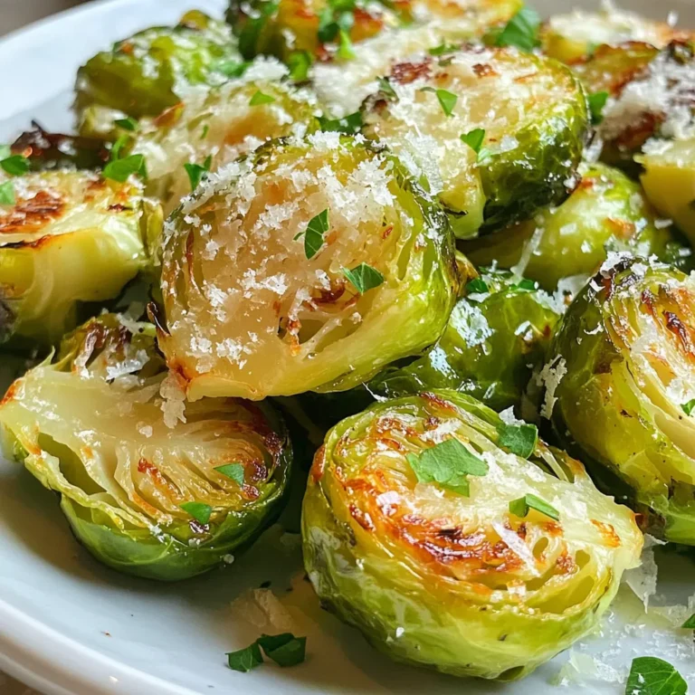 - 1 pound Brussels sprouts - 4 cloves of garlic - 3 tablespoons extra virgin olive oil - 1 teaspoon sea salt - 1 teaspoon freshly cracked black pepper - 1/4 teaspoon red pepper flakes (optional) - 1/2 cup freshly grated Parmesan cheese - 2 tablespoons aged balsamic vinegar - Fresh parsley for garnish When I make Roasted Garlic Parmesan Brussels Sprouts, I start with fresh Brussels sprouts. They are small green veggies that pack a punch. I trim and halve them for even cooking. Garlic adds a rich flavor, so I finely mince four cloves. Extra virgin olive oil helps everything crisp up nicely. Next, I season my sprouts. Sea salt and freshly cracked black pepper give them a classic taste. If you like heat, add red pepper flakes. They bring a nice kick. For the finishing touch, I sprinkle half a cup of grated Parmesan cheese on top. This cheese melts beautifully and creates a golden crust. A drizzle of aged balsamic vinegar adds tang and depth to the dish. Finally, I garnish with fresh parsley. This not only adds color but also a burst of freshness. {{ingredient_image_2}} - Preheat the oven to 400°F (200°C). - Trim and halve the Brussels sprouts. Make sure each piece is even for cooking. - Combine Brussels sprouts, garlic, olive oil, salt, pepper, and red pepper flakes in a bowl. - Toss until every sprout is coated in the mixture. This adds great flavor to each bite. - Spread Brussels sprouts on a baking sheet in a single layer. Cut sides should face down. - Roast for 20 minutes. Look for a nice golden color. Test with a fork for tenderness. - After 20 minutes, sprinkle Parmesan cheese over the sprouts. - Return to the oven and roast for an additional 5-7 minutes. The cheese should melt and turn golden. This method makes the Brussels sprouts crispy and full of flavor. Enjoy the delightful mix of garlic and cheese! To get the best taste from Brussels sprouts, choose firm, bright green ones. Look for sprouts that are small to medium-sized. These will be sweeter and less bitter. When it comes to garlic, fresh is key. Use whole cloves and mince them yourself. This gives a stronger flavor. You can also roast the garlic with the sprouts for a sweeter, milder taste. Always spread your Brussels sprouts in a single layer on the baking sheet. This helps them roast evenly. If they sit on top of each other, they will steam instead of roast. Watch the size of your sprouts. Smaller ones cook faster, while larger ones take more time. Adjust your cooking time by a few minutes as needed. Serve your roasted Brussels sprouts on a bright platter. The golden cheese contrasts nicely with the green color. Add a drizzle of balsamic vinegar to enhance the look and taste. You can also pair these with grilled chicken or fish for a balanced meal. A slice of lemon on the side adds a fresh touch too. Pro Tips Use Fresh Ingredients: For the best flavor, always opt for fresh Brussels sprouts and garlic. They will enhance the overall taste of the dish. Adjust the Spice Level: Feel free to customize the amount of red pepper flakes based on your heat preference. You can omit them entirely for a milder dish. Perfect Parmesan Melt: To achieve a beautiful golden crust, ensure the Parmesan cheese is evenly distributed over the sprouts before returning them to the oven. Experiment with Acidity: Try different types of vinegar, like apple cider or red wine vinegar, for a different flavor profile that complements the Brussels sprouts. {{image_4}} You can switch up the cheese in this recipe. Try using feta for a tangy taste. Goat cheese also adds a creamy touch. If you want a sharper flavor, use aged cheddar or Gruyère. Adjust the spices too. If you like more heat, add more red pepper flakes. For a milder flavor, skip the flakes altogether. You could also add lemon zest for a fresh twist. If you want a quicker option, try air frying the Brussels sprouts. Set the air fryer to 375°F (190°C) and cook for about 15 minutes. Shake the basket halfway through for even cooking. Stovetop sautéing is another fast way to cook them. Heat olive oil in a pan, add the sprouts, and cook for about 10-12 minutes. Stir often until they are golden brown and tender. Feel free to add seasonal veggies or fruits. In the fall, diced apples or butternut squash work well. In the spring, try adding asparagus or peas for a pop of green. For festive variations, mix in cranberries or pomegranate seeds. These add color and a sweet burst. You can also sprinkle some walnuts for crunch and flavor. To keep your roasted Brussels sprouts fresh, store them in an airtight container. This helps keep them moist. They stay good for about 3 to 5 days in the fridge. Always let them cool completely before storing. This prevents steam from making them soggy. You can freeze roasted Brussels sprouts, but they may lose some texture. First, let them cool down. Then, place them in a single layer on a baking sheet. Freeze them for about 1 to 2 hours. After that, transfer them to a freezer bag. Remove as much air as you can. They will last for about 2 to 3 months in the freezer. When you are ready to eat them, reheat them in the oven at 350°F (175°C). This keeps them crispy. Bake until they are heated through, which usually takes about 15 to 20 minutes. Leftover Brussels sprouts can add great flavor to many dishes. Try chopping them up and adding them to an omelet. You can also toss them into pasta or a grain bowl. Mixing them with quinoa or rice brings a nice crunch. Another idea is to make a salad. Slice the sprouts and mix them with greens, nuts, and cheese. For some fun, try this recipe for a Brussels sprouts frittata. It's quick and tasty! Roast Brussels sprouts at 400°F (200°C) for about 20 minutes. Check for a golden-brown color and tenderness. After the first roast, add Parmesan and cook for an extra 5 to 7 minutes. This gives you a nice crust on the cheese while keeping the sprouts tender. You can use frozen Brussels sprouts, but fresh ones are best. Frozen sprouts often lack crunch and flavor. They also release water when heated, which may make your dish soggy. If you use frozen, thaw and pat them dry before roasting. This helps to keep them from getting mushy. These Brussels sprouts pair well with many dishes. Serve them alongside roasted chicken, grilled fish, or a hearty steak. They also complement pasta dishes or grain bowls nicely. For a lighter meal, try them with a fresh salad or a slice of crusty bread. Add a lemon wedge for a bright finish! This article covered how to roast Brussels sprouts with garlic and Parmesan. We explored the main ingredients, seasonings, and tips to boost flavor. You learned about cooking methods and creative variations, plus how to store leftovers safely. Roasted Brussels sprouts can be a tasty addition to any meal. With a few simple steps, you can enjoy a delicious dish that stands out. I hope you try this recipe and enjoy every bite!