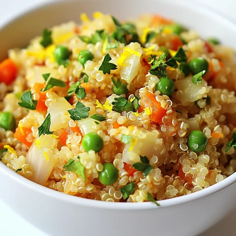 To make Lemon Herb Quinoa Pilaf, gather these ingredients: - 1 cup quinoa, thoroughly rinsed - 2 cups vegetable broth or water - 1 small onion, finely chopped - 2 cloves garlic, minced - 1 medium carrot, diced - 1 red bell pepper, diced - ½ cup frozen peas - 2 tablespoons extra virgin olive oil - Juice and zest of 1 fresh lemon - 1 teaspoon dried thyme - 1 teaspoon dried oregano - Sea salt and freshly cracked black pepper, to taste - Fresh parsley, chopped (for garnish) You can swap some ingredients if needed. For quinoa, use rice or bulgur for a twist. If you prefer chicken broth, that works too. Instead of fresh lemon, try lime juice for a different zest. You can skip the peas and use corn or green beans. If you do not have thyme or oregano, any dried herbs will add flavor. - Quinoa: High in protein and fiber, it's a complete grain. - Vegetable broth: Adds flavor without extra calories, keeping it light. - Onion and garlic: Great for heart health and boost flavor. - Carrot: Packed with vitamins and adds sweetness. - Red bell pepper: High in vitamin C and adds a pop of color. - Frozen peas: Rich in protein and easy to use. - Olive oil: Healthy fat that aids in nutrient absorption. - Lemon: Provides vitamin C and brightens the dish. - Thyme and oregano: Both herbs have antioxidants and enhance taste. - Sea salt and pepper: Essential for seasoning and enhancing flavor. - Parsley: Adds freshness and is full of vitamins. This dish not only tastes great but also offers a range of health benefits. {{ingredient_image_2}} Start by heating two tablespoons of extra virgin olive oil in a medium saucepan over medium heat. Once the oil shimmers, add one small onion, finely chopped. Sauté the onion for about three to four minutes. You want it to be soft and clear. Next, stir in two cloves of minced garlic and one medium carrot, diced. Cook this mix for about two minutes. This step helps bring out the flavors of the garlic and carrot. Now, add one diced red bell pepper to the pan. Let it cook for an additional two to three minutes. Stir occasionally until the bell pepper looks bright and tender. Then, add one cup of rinsed quinoa to the pan. Stir it well with the veggies to combine. This helps the quinoa soak up the flavors. Pour in two cups of vegetable broth or water. Add the juice and zest of one fresh lemon, one teaspoon of dried thyme, and one teaspoon of dried oregano. Stir everything together and bring it to a boil. Once it boils, reduce the heat to a gentle simmer. Cover the pan and let it cook for about 15 minutes. The quinoa should be fluffy and absorb all the liquid. In the last five minutes, stir in half a cup of frozen peas. This warms them up and adds a nice color. After cooking, take the pan off the heat but keep it covered for another five minutes. This allows the quinoa to steam and settle. Finally, fluff the quinoa with a fork to separate the grains. Add sea salt and freshly cracked black pepper to taste. Serve warm and top with fresh chopped parsley for a lovely finish. To get light and fluffy quinoa, rinse it well before cooking. This removes the bitter coating called saponin. Use a fine mesh strainer for easy rinsing. Also, make sure to measure your liquid carefully. The right ratio is key. For one cup of quinoa, use two cups of liquid. After cooking, let the quinoa sit covered for a few minutes. This extra steaming step enhances the texture. Fluff it gently with a fork instead of stirring with a spoon. This keeps the grains separate and airy. - Prep Time: 10 minutes - Cook Time: 20 minutes - Sauté onions, garlic, and carrots: 5-6 minutes - Cook bell peppers: 2-3 minutes - Combine quinoa and liquid, boil, and simmer: 15 minutes - Stir in peas: 5 minutes - Resting time after cooking: 5 minutes - Total Time: 30 minutes - Servings: 4 This timeline helps keep you on track for a delicious meal in just half an hour! To boost the taste of your Lemon Herb Quinoa Pilaf, use fresh herbs. Fresh parsley adds bright flavor. You can also try fresh thyme or basil for a twist. Sautéing your onion and garlic is key. This step brings out sweet notes and depth. Don't skip the lemon zest! It adds a fresh aroma and enhances the dish’s brightness. One common mistake is not rinsing the quinoa. Rinsing removes the bitter coating called saponin. Another mistake is overcooking the quinoa. It should be fluffy, not mushy. Make sure to check the cooking time closely. Lastly, don't forget to season. A pinch of sea salt at the end can elevate the taste significantly. For making this pilaf, a medium saucepan works best. Choose one with a lid to trap steam. A wooden spoon is great for stirring without scratching your pan. A fine mesh strainer is handy for rinsing quinoa thoroughly. Finally, have a fork ready for fluffing the quinoa after cooking. Pro Tips Rinse the Quinoa: Always rinse quinoa under cold water before cooking to remove its natural coating, saponin, which can give it a bitter taste. Customize Your Veggies: Feel free to add or substitute your favorite vegetables, such as zucchini or spinach, to enhance the flavor and nutrition of the pilaf. Check for Doneness: Quinoa is done when it’s fluffy and the germ has separated from the grain, resembling a little tail. Avoid overcooking to maintain its texture. Make It a Meal: Transform this pilaf into a complete meal by adding cooked beans or grilled chicken for added protein and heartiness. {{image_4}} You can switch up the veggies in this pilaf. Try adding zucchini, spinach, or mushrooms. These vegetables bring different flavors and textures. For a crunchy bite, consider using broccoli or snap peas. Mix colors to make your dish look inviting. You can also use seasonal vegetables for fresh taste. The key is to pick vegetables you love. To make this dish heartier, add protein. Cooked chicken, tofu, or beans work well. If using chicken, grilled or rotisserie chicken is best. For tofu, press it to remove water, then sauté until golden. Canned beans like chickpeas or black beans are easy to add. Stir them in when you mix the quinoa with broth. This adds protein and makes the meal more filling. Herbs and spices can change the flavor of your pilaf. Try fresh basil or cilantro for a bright taste. You can also add spices like cumin or paprika for warmth. A pinch of chili flakes brings heat. Feel free to experiment with what you have. Just remember, start with a little and taste as you go. This will help you find your perfect mix. To keep your Lemon Herb Quinoa Pilaf fresh, store it in an airtight container. Let the pilaf cool down before sealing it. This prevents condensation, which can make the quinoa soggy. You can also divide it into smaller portions for easy meals later. When you reheat the pilaf, do it gently. Use a microwave or stovetop. If using a microwave, cover the dish with a damp paper towel to keep moisture. Heat for about 1-2 minutes, stirring halfway. On the stovetop, add a splash of vegetable broth or water. Heat on low until warm, stirring often. This helps keep the quinoa fluffy and tasty. In the fridge, Lemon Herb Quinoa Pilaf stays good for about 3-5 days. If you want to keep it longer, you can freeze it. In the freezer, it lasts for up to 2 months. Just make sure to label the container with the date. When ready to eat, thaw it in the fridge overnight before reheating. Quinoa is a tiny grain that comes from South America. It is very healthy because it has a lot of protein, fiber, and vitamins. Quinoa is also gluten-free, which makes it great for many diets. Eating quinoa can help keep your heart healthy and your tummy happy. Yes, you can use other grains like rice, bulgur, or farro. Each grain will change the taste and texture. For example, brown rice is chewier, while bulgur cooks faster. Just make sure to adjust the cooking time and liquid for each grain. This recipe is already gluten-free because quinoa does not contain gluten. If you choose other grains, check their labels. Some grains may have gluten, so always look for gluten-free options. You can serve Lemon Herb Quinoa Pilaf with grilled chicken, fish, or roasted veggies. It also pairs well with a fresh salad or hummus for a light meal. The flavors blend nicely, making a tasty, balanced dish. Yes, you can make Lemon Herb Quinoa Pilaf ahead of time. Cook it, let it cool, and then store it in the fridge for up to four days. When you are ready to eat, just reheat it on the stove or in the microwave. It still tastes great! Lemon Herb Quinoa Pilaf is a tasty and healthy dish. We explored its ingredients, cooking steps, and tips to perfect it. Each ingredient adds nutrition and flavor, making this dish a winner. Remember, you can mix in your favorite veggies or proteins. Store any leftovers correctly to keep them fresh. With the right methods, you can make this meal ahead for busy days. Dive into making this dish, enjoy the process, and savor every bite!