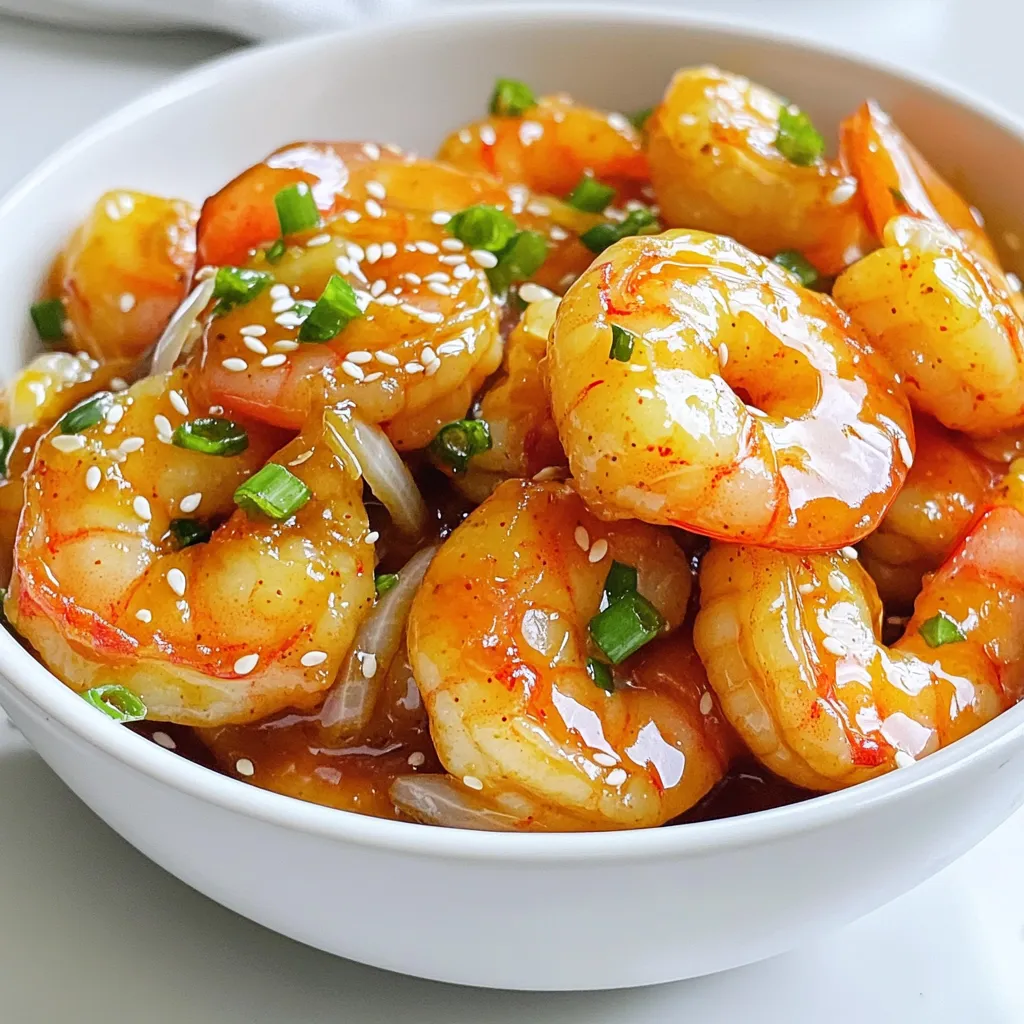 - 1 lb large shrimp, peeled and deveined - 2 tablespoons honey - 2 tablespoons sriracha sauce - 1 tablespoon soy sauce - 1 tablespoon minced garlic (approximately 3 cloves) - 1 teaspoon grated ginger - 2 tablespoons olive oil - 1 tablespoon lime juice (freshly squeezed) - Chopped green onions for garnish - Sesame seeds for garnish - Large skillet - Mixing bowl - Whisk - Tongs - Measuring spoons - Calories: 250 - Protein: 24g - Fat: 10g - Carbohydrates: 12g - Fiber: 1g - Sugar: 9g This dish is not only quick to make, but it also brings bold flavors to your table. The honey adds sweetness, while the sriracha gives it a nice kick. Perfect for busy nights or when you want to impress guests! 1. Start with a small bowl. Add honey, sriracha sauce, soy sauce, minced garlic, grated ginger, and lime juice. 2. Whisk all the ingredients together until smooth. Make sure there are no lumps. 3. Get your shrimp ready. Peel and devein them if not done yet. 1. Heat olive oil in a large skillet over medium-high heat. Wait until it shimmers. 2. Place the shrimp in the skillet in a single layer. Don’t overcrowd them! 3. Cook the shrimp for about 2 minutes. They should turn pink on one side. 4. Flip each shrimp with tongs. Pour the honey sriracha mixture over them evenly. 5. Cook for another 2-3 minutes, stirring often. The shrimp should be fully cooked and coated well. 6. Look for pink and opaque shrimp. Remove the skillet from heat. 1. Let the shrimp rest for about one minute. This helps the sauce thicken a bit. 2. Serve the shrimp hot. Garnish with chopped green onions and sesame seeds. Enjoy the sweet and spicy flavor! When making Minute Honey Sriracha Shrimp, avoid these pitfalls: - Overcrowding the skillet: This can steam the shrimp instead of searing them. - Cooking on high heat: High heat can burn the sauce. Medium-high works best. - Not checking for doneness: Shrimp cook fast. They should turn pink and opaque. This dish pairs well with many sides: - Steamed rice: The rice soaks up the sauce, adding flavor. - Quinoa: For a healthy twist, use quinoa instead of rice. - Salad: A fresh side salad balances the sweet and spicy flavors. To cook shrimp just right: - Use fresh shrimp: Fresh shrimp taste better and cook evenly. - Don't overcook: Shrimp only need 4-5 minutes total. Watch for color change. - Let them rest: After cooking, let the shrimp sit for a minute. This helps the sauce thicken. These tips will ensure your dish shines every time! {{image_4}} You can switch up the sauce for new flavors. Try using teriyaki sauce for a sweet twist. A spicy garlic sauce will also pair well with shrimp. If you like tang, use a sweet chili sauce. Each choice keeps the dish tasty and fun. You can use different proteins if you want a change. Chicken breast works well and cooks fast. Tofu is a great option too, especially for a vegetarian dish. Use firm tofu and cut it into cubes. If you choose fish, salmon or scallops will fit nicely with the sauce. Adding veggies makes this dish even better. Bell peppers add color and crunch. Snap peas or broccoli will also work for a nice bite. Simply toss them in the pan with the shrimp. Cook them for a few minutes until tender. This small change boosts nutrition and makes your meal more filling. After enjoying your Minute Honey Sriracha Shrimp, let the dish cool down. Place leftovers in an airtight container. Keep it in the fridge. It will stay fresh for up to two days. If you need to store it longer, try freezing it instead. To reheat the shrimp, use a skillet over low heat. Add a splash of water or oil to keep it moist. Stir gently until it’s warm. You can also use a microwave. Heat on low for about one minute. Check to avoid overcooking. For freezing, make sure the shrimp is cooled. Place it in a freezer-safe bag. Remove as much air as you can. It will keep well for up to three months. When you’re ready to eat, thaw in the fridge overnight. Then reheat as described above. You can prepare the sauce ahead of time. Mix the honey, sriracha, soy sauce, garlic, ginger, and lime juice. Store it in the fridge for up to three days. When you are ready to cook, just toss the shrimp in the sauce. This will save you time on a busy night. The heat level depends on the sriracha used. If you like it mild, use less sriracha. For more heat, add extra sriracha to the sauce. The sweetness of honey balances the spice. This gives you a nice sweet and spicy taste that many enjoy. Yes, you can use frozen shrimp. Just thaw them first. Place the shrimp in cold water for about 20 minutes. Once thawed, peel and devein if needed. The cooking time may be a bit longer. Just make sure they turn pink and opaque before serving. This blog post covered the key steps to making a delicious shrimp dish. We explored the essential ingredients, needed tools, and nutritional info. I shared easy preparation and cooking steps, plus tips to avoid common mistakes. You learned about fun variations and how to store leftovers properly. In conclusion, cooking shrimp can be simple and fun. With these tips, you can create tasty meals that impress! Enjoy your cooking journey!