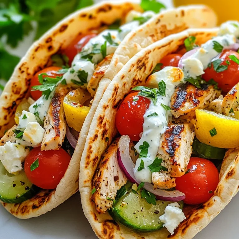 - 2 boneless, skinless chicken breasts - 1 tablespoon extra virgin olive oil - 2 teaspoons dried oregano - 1 teaspoon garlic powder - Sea salt and freshly ground black pepper, to taste - 4 whole wheat pitas - 1 cup cherry tomatoes, halved - 1 cucumber, diced - ½ red onion, thinly sliced - ½ cup feta cheese, crumbled - 1 cup plain Greek yogurt - 2 tablespoons fresh lemon juice - Fresh parsley, finely chopped, for garnish When I make Greek chicken stuffed pitas, I love to use fresh and simple ingredients. The chicken is the star, flavorful and juicy. I season it with olive oil, oregano, garlic powder, salt, and pepper. This mix adds a nice taste. The fillings are just as important. Whole wheat pitas give a healthy touch. I add halved cherry tomatoes, diced cucumber, and thinly sliced red onion. Each bite packs a crunch. Crumbled feta cheese adds a creamy and salty flavor. I finish with a simple sauce made of Greek yogurt and lemon juice. This sauce is bright and creamy. A sprinkle of fresh parsley brightens the whole dish. These ingredients come together to create a meal that is both easy and full of flavor. {{ingredient_image_2}} - Preheat your grill or grill pan over medium-high heat. - In a bowl, mix olive oil, oregano, garlic powder, salt, and pepper. - Rub this marinade all over the chicken breasts. - Place the chicken on the grill, cooking for 6-7 minutes per side. - Ensure the chicken is no longer pink and juices run clear. - Transfer the chicken to a board and let it rest for 5 minutes. - In a small bowl, combine Greek yogurt and lemon juice. - Add a pinch of salt and mix until smooth and creamy. - Slice the rested chicken into thin strips. - Warm the pitas in a dry skillet or microwave for 10 seconds. - Gently open each pita and layer in the sliced chicken. - Add halved cherry tomatoes, diced cucumber, and thinly sliced red onion. - Sprinkle crumbled feta cheese on top. - Drizzle the tzatziki sauce over the fillings. - Finish with a sprinkle of fresh parsley for garnish. - Serve warm with extra lemon wedges on the side. To check if your chicken is done, cut into it. The center should be white, not pink. You can also use a meat thermometer. It should read 165°F. For flavorful chicken, marinate it well. Use olive oil, oregano, and garlic powder. Let it sit for at least 30 minutes. This helps the flavors soak in. You can add fresh herbs to your tzatziki. Dill or mint works great. For a stronger taste, add minced garlic. This will make your sauce pop. If you want a creamier texture, try different yogurts. Greek yogurt is thick, but you can use regular yogurt too. Each option gives a unique taste. To warm your pitas, use a dry skillet on low heat. This keeps them soft. You can also microwave them for about 10 seconds. This warms them quickly. Store pitas in a clean bag before serving. This keeps them fresh and soft until you are ready to eat. Pro Tips Marinate for Flavor: Allow the chicken to marinate for at least 30 minutes (or up to overnight) in the refrigerator for enhanced flavor. Grill Marks Matter: For beautiful grill marks, avoid moving the chicken too much while cooking; let it sit for the recommended time on each side. Warm Pitas Properly: If using the microwave, cover the pitas with a damp paper towel to keep them moist and prevent them from drying out. Customize Your Fillings: Feel free to add additional toppings like olives or bell peppers for a personalized touch to your Greek chicken stuffed pitas. {{image_4}} You can make Greek chicken stuffed pitas your own by adding different veggies. Try bell peppers, spinach, or even sliced olives. Each adds a unique taste and crunch. For protein, you can swap the chicken for grilled shrimp, beef, or even turkey. This keeps meals exciting and gives you options. If you want a meat-free meal, use falafel or grilled veggies. Falafel brings a nice crunch and flavor. Grilled zucchini, eggplant, or bell peppers can also shine in this dish. They match perfectly with the tzatziki sauce. You won’t miss the chicken! For a gluten-free meal, use lettuce wraps instead of pitas. Butter lettuce or romaine works best. Just fill the leaves with the chicken and toppings. This option is fresh and light. Plus, it’s great for those avoiding gluten but still wanting all the flavors. To keep leftover chicken fresh, place it in an airtight container. Store it in the fridge for up to three days. When you want to eat it, reheat the chicken in a skillet over low heat. You can also use a microwave for quick reheating. Ensure it’s hot all the way through before serving. To keep your prepared pitas fresh, wrap them in plastic wrap or foil. Store them in a cool, dry place if you plan to eat them within a day. For longer storage, place them in a zip-top bag in the fridge. This helps maintain their softness. When ready to eat, warm them gently to restore their texture. For tzatziki sauce, store it in a sealed container in the fridge. It stays fresh for about four days. If you want to enhance its flavor, let it sit for a bit before serving. You can also stir in fresh herbs right before use to keep it vibrant. Yes, you can use other meats. Chicken works well, but turkey or pork can also shine. Just adjust the cooking time based on the meat you choose. For example, turkey breasts may need a bit longer on the grill. To boost garlic flavor, add fresh minced garlic to the marinade. You can also mix in some roasted garlic into the tzatziki sauce. This will give you a rich, deep flavor that garlic lovers will enjoy. Yes, you can prep most parts ahead. Marinate the chicken the night before and store it in the fridge. You can even chop veggies and make the tzatziki sauce ahead of time. Just assemble the pitas right before serving for the best taste. Freezing is an option, but it's best to freeze the chicken and sauce separately. The pitas can become soggy when frozen. Wrap the chicken tightly and store it in an airtight container. You can reheat it on the grill or in the oven. Many sides work well! You can serve a simple Greek salad, roasted vegetables, or a light couscous. If you want something warm, try lemon rice or a nice bowl of soup. These options will complement your pitas wonderfully. Greek Chicken Stuffed Pitas are tasty and easy to make. We covered the main ingredients, from chicken to fresh toppings. I shared steps for preparing the chicken and making a smooth tzatziki sauce. I also provided tips to grill chicken well and suggested pitta alternatives. Remember, you can customize this dish to fit your tastes. Enjoy trying new fillings or sauces. With these tips, you can create a meal everyone will love. Now, get cooking and savor every bite of your delicious Greek Chicken Stuffed Pitas!