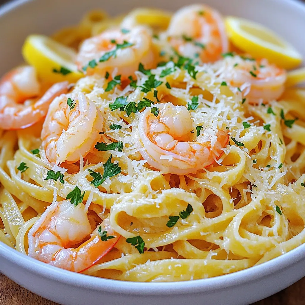 - 8 oz linguine or spaghetti - 1 lb large shrimp, peeled and deveined - 4 tablespoons unsalted butter, divided - 4 cloves garlic, finely minced - 1 teaspoon red pepper flakes - Zest and juice of 1 lemon - 1/4 cup fresh parsley, finely chopped - Salt and freshly ground black pepper, to taste - Grated Parmesan cheese, to serve I love using fresh ingredients to make this dish shine. The shrimp brings a sweet flavor. I prefer large shrimp for their juicy bite. They cook quickly and soak up flavors well. The linguine or spaghetti adds a nice texture and holds the sauce well. I use unsalted butter for a clean taste. Garlic is the star here. I finely mince it to release its flavor. The red pepper flakes give a gentle kick. You can adjust this to your taste. The lemon zest and juice brighten the dish. They add a fresh contrast to the rich butter. For garnishing, I use fresh parsley for color and flavor. It also adds a nice crunch. Salt and pepper enhance all the flavors. Lastly, grated Parmesan cheese is a must for serving. It adds a creamy touch that completes this dish. These ingredients come together to create a simple yet flavorful meal. To start, fill a large pot with water and add salt. Bring it to a rolling boil. Add 8 oz of linguine or spaghetti. Cook it as per the package's directions until it is al dente. Once it’s ready, be sure to save ½ cup of the starchy pasta water. Then, drain the pasta and set it aside. Reserving pasta water is key. This starchy water helps bind the sauce to the pasta, giving it a nice creamy texture later. Next, grab a spacious skillet and place it over medium heat. Melt 2 tablespoons of butter in the skillet. Add 1 lb of large shrimp in a single layer. Make sure they don’t crowd the pan. Season the shrimp with salt, freshly ground black pepper, and 1 teaspoon of red pepper flakes. Cook for about 2 to 3 minutes on each side. The shrimp should turn pink and be fully cooked. After that, carefully take the shrimp out and transfer them to a plate. This method ensures your shrimp are juicy and flavorful. Now, let’s make the garlic butter sauce. In the same skillet, add the remaining 2 tablespoons of butter. Toss in 4 finely minced garlic cloves. Sauté for about 1 minute, stirring constantly. You want the garlic to be fragrant and lightly golden. Be cautious not to burn the garlic, as burnt garlic tastes bitter. Once it’s ready, it’s time to bring back the shrimp. Return the cooked shrimp to the skillet with the garlic butter. Then, add the lemon zest and juice from 1 lemon, followed by the drained pasta. Gently toss everything together. If the pasta seems dry, add a bit of the reserved pasta water to achieve a smooth and even coating. Stir in ¼ cup of freshly chopped parsley. Taste your dish, and adjust the seasoning with extra salt and pepper if needed. Serve the pasta in bowls and sprinkle generously with grated Parmesan cheese. Enjoy the delightful mix of flavors! To cook perfect al dente pasta, start with a large pot of salted water. Bring it to a rolling boil before adding your linguine or spaghetti. Follow the package directions, but check a minute early. The pasta should be firm yet tender. Remember to reserve half a cup of pasta water before draining. This starchy water helps bind the sauce later. When sautéing shrimp, keep them in a single layer in the pan. This helps them cook evenly. Cook for about 2-3 minutes on each side. Look for a bright pink color to know they are done. Overcrowding can lead to uneven cooking, so work in batches if necessary. Want to spice things up? Adjust the red pepper flakes to your taste. Start with one teaspoon, then add more if you like heat. Mix it well with the shrimp for even flavor. To enhance the lemon flavor, use both lemon zest and juice. The zest adds a bright note, while the juice gives it a fresh kick. You can also add more zest after cooking for extra brightness. For garnishing, fresh parsley adds a pop of color. Sprinkle it on top before serving. You can also add lemon wedges on the side. This makes the dish look more inviting. Serve your Garlic Butter Shrimp Pasta in individual bowls. For a touch of elegance, pair it with a green salad. The fresh greens balance the richness of the pasta. {{image_4}} If you want to change the pasta, try gluten-free or whole grain options. These can add a twist and make the dish fit your needs. You can also swap shrimp for chicken or tofu. Chicken gives a heartier bite, while tofu is great for a vegetarian choice. Adding veggies can brighten the dish. Spinach or cherry tomatoes work well. They not only add color but also enhance the taste. You can also play with herbs. Basil or cilantro can bring fresh notes to the garlic butter sauce. Experiment and find what you love! To make this dish low-carb or keto-friendly, swap pasta for zucchini noodles or spaghetti squash. This lets you enjoy the flavors without the carbs. If you need a dairy-free option, use olive oil instead of butter. Nutritional yeast can replace cheese and add a cheesy flavor without the dairy. To store Garlic Butter Shrimp Pasta, let it cool first. Place it in an airtight container. This helps keep the flavors fresh. You can also use plastic wrap if you don't have a container. In the fridge, it lasts about three days. If you see any change in color or smell, it's best to toss it. To reheat, you can use a skillet or the microwave. For the skillet, add a splash of water or broth. Heat on low, stirring gently. This keeps the shrimp tender and the pasta moist. If using a microwave, cover the bowl with a damp paper towel. This helps keep the dish from drying out. Heat in short bursts, stirring in between. You can freeze Garlic Butter Shrimp Pasta, but it's best to do so without the shrimp. Cooked shrimp may become rubbery after freezing. To freeze, place the pasta in a freezer-safe bag. Squeeze out excess air to prevent freezer burn. When you're ready to eat, defrost in the fridge overnight. Reheat gently on the stove, adding a bit of water or broth. I love using linguine or spaghetti for this dish. Both types hold the sauce well. You can also try fettuccine for a thicker bite. When cooking, aim for al dente. This means the pasta should still have a slight bite. It helps create a great texture with the shrimp and sauce. Yes, you can prep some parts in advance. Cook the pasta and store it in the fridge. Keep it in a sealed container. You can also season and cook the shrimp ahead. Store them separately to keep them fresh. When ready to eat, just combine everything in a pan. Heat gently and add a splash of pasta water. To complete your meal, I suggest a fresh green salad. A crisp Caesar salad works great too. You can also serve garlic bread on the side. It’s perfect for soaking up extra sauce. Steamed vegetables like asparagus or broccoli add color and nutrition. If you want heat, add more red pepper flakes. Start with a half teaspoon more for a kick. You can also mix in some sliced jalapeños for extra spice. Another option is to add a dash of hot sauce. Just remember to taste as you go! This blog post shared how to make Garlic Butter Shrimp Pasta. We covered the main ingredients, key cooking steps, tips for flavor, and interesting variations. You learned about storing leftovers and reheating them. Remember, you can adjust spices and use different proteins or pasta. This dish is flexible and perfect for any meal. Enjoy your cooking and let your kitchen shine with this tasty recipe!