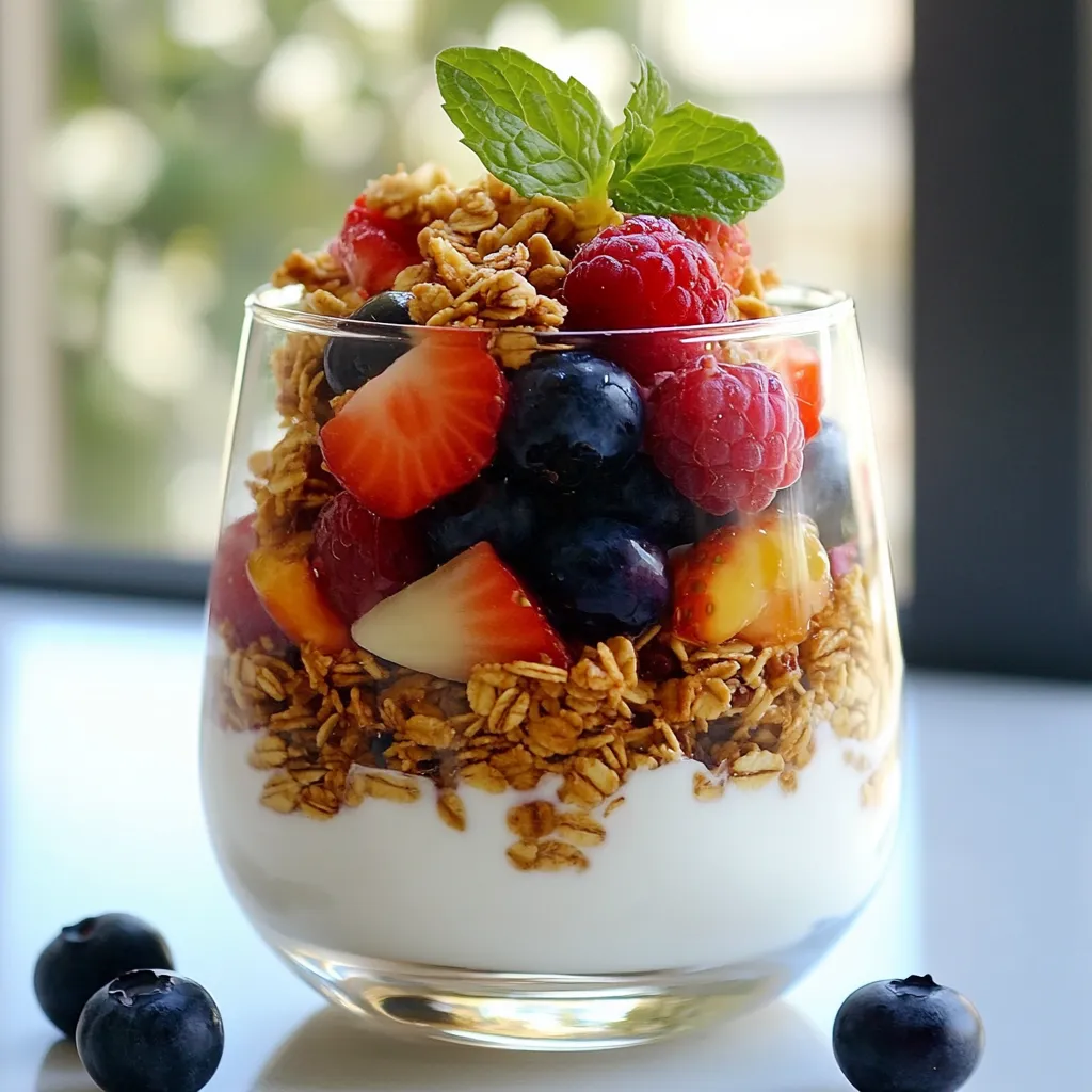 - 2 cups Greek yogurt (plain or vanilla) - 1 cup mixed berries (strawberries, blueberries, raspberries, blackberries) - 1/2 cup granola (store-bought or homemade) - 2 tablespoons honey or maple syrup (optional) - 1 teaspoon vanilla extract (optional) - Fresh mint leaves for garnishing To make a mixed berry yogurt parfait, you need simple, fresh ingredients. First, choose your yogurt. I love Greek yogurt for its creaminess and protein. You can pick plain for a tangy taste, or vanilla for a hint of sweetness. Next, gather your mixed berries. I use strawberries, blueberries, raspberries, and blackberries for a colorful mix. Look for berries that are firm and bright. They should smell sweet and fresh. Granola adds a nice crunch. You can buy it or make it at home. I often make my own to control the sweetness and add nuts. Sweeteners like honey or maple syrup help balance the tartness of the yogurt. You can skip them if you prefer less sweetness. Vanilla extract is optional, but it adds a nice flavor. Lastly, fresh mint leaves make the parfait look pretty and add a refreshing touch. These ingredients create a tasty and healthy parfait that is fun to eat. You can mix and match based on your preferences. Enjoying this treat is easy, and it looks great in any glass! {{ingredient_image_2}} To start, rinse your mixed berries gently under cold water. This helps remove dirt and keeps them fresh. For strawberries, remove the green tops and slice them into halves or quarters. The size depends on how big they are. Pat the berries dry with a paper towel. This step is important to keep your parfait from getting soggy later. Next, grab a medium bowl and add 2 cups of Greek yogurt. You can choose plain or vanilla yogurt. If you like it sweet, stir in 2 tablespoons of honey or maple syrup. Add 1 teaspoon of vanilla extract for extra flavor. Mix everything well until it’s creamy and smooth. This sweetened yogurt will be the base of your parfait. Now comes the fun part! Take individual serving glasses or bowls. Start by adding about 1/3 cup of the sweetened yogurt to the bottom of each glass. This will be your first layer. Then, spoon a generous amount of mixed berries over the yogurt. Follow this with a hearty sprinkle of granola. Repeat these layers until your glasses are full. Make sure the top layer shows off a mix of colorful berries. To make your parfaits look amazing, add a few extra fresh berries on top. A sprig of fresh mint will add a nice touch too. It not only looks good but also smells great. This garnishing will elevate your parfaits and impress your guests. Once you finish layering, place the parfaits in the fridge. Chill them for about 10 to 15 minutes. This helps the flavors blend nicely. When ready to serve, you can present them on a rustic wooden board or slate. Add some extra mint leaves around for a beautiful display. Enjoy your delicious and healthy Mixed Berry Yogurt Parfait! For a great parfait, start with yogurt. Greek yogurt is my top choice. It’s thick and creamy. You can use plain or vanilla yogurt. Plain yogurt gives a tangy taste. Vanilla yogurt adds sweetness. Next, think about granola. You can buy your favorite granola or make your own. Homemade granola lets you control the flavor. You can add nuts or seeds for crunch. Now, let’s talk about berries. Fresh berries are a must for the best taste. Look for bright colors and firm texture. Strawberries should be red and ripe. Blueberries should be plump and shiny. Raspberries and blackberries should be dark and fragrant. Layering is key to a stunning parfait. Start with yogurt, then add the berries, and finish with granola. Repeat this process. Aim for three layers in total for the best look. Make sure you can see each layer. Use clear glasses or bowls. This way, guests can admire the vibrant colors. A beautiful presentation makes the parfait more appetizing. You can prepare your parfaits ahead of time. Just layer the ingredients in your glasses. Cover them and store in the fridge. They taste great after chilling for 10 to 15 minutes. If you're serving guests, place them on a wooden board. This adds a rustic touch. You can also decorate the board with mint leaves. It’s a simple way to impress everyone! Pro Tips Freshness Matters: Use fresh, ripe berries for the best flavor. Overripe or mushy berries can affect the overall taste of your parfait. Customize Your Layers: Feel free to mix and match your favorite fruits and toppings. Try adding sliced bananas or a drizzle of nut butter for an extra twist! Chill for Perfection: Allowing the parfaits to chill for a bit not only enhances the flavors but also gives the yogurt a refreshing texture. Presentation is Key: Layering in clear glasses not only looks appealing but also allows everyone to see the beautiful colors of the ingredients! {{image_4}} If you want a vegan version of this parfait, use plant-based yogurt. Options like coconut or almond yogurt work well. For sweeteners, try agave syrup or stevia instead of honey or maple syrup. This keeps it healthy and delicious. For gluten-free granola, look for brands that use oats without gluten. You can also make your own using nuts and seeds. This way, everyone can enjoy this treat. You can mix up the fruits in your parfait. Try using peaches, mangoes, or kiwi for a fun twist. These fruits bring their own sweetness and flavor. Adding spices like cinnamon or nutmeg can make your parfait special. Just a pinch can add warmth and depth. This gives your parfait a unique taste that surprises your guests. Serving your parfait in unique glassware can impress your friends. Use mason jars or tall glasses for a fun look. You can also create themed parfaits for special events. For a birthday, add colorful sprinkles or birthday cake pieces. For a holiday, use seasonal fruits like cranberries or pears. These ideas make your parfaits not just tasty, but also festive and fun! Store your mixed berry yogurt parfaits in the fridge. Use airtight containers to keep them fresh. You can stack them in the fridge for easy access. They taste best within two days. This way, the yogurt stays creamy and the berries remain juicy. You can freeze yogurt parfaits for later use. However, keep in mind that the texture may change. To freeze, layer the parfaits in freezer-safe containers. Leave some space at the top for expansion. When ready to eat, thaw them in the fridge overnight. Enjoy them within a month for the best taste. Check your parfait for freshness before eating. Look for any discoloration in the yogurt or berries. If the yogurt smells sour or off, it’s best to throw it away. Berries should be firm and not mushy. Always trust your senses; they guide you well! You can use several options for yogurt. Here are some great choices: - Plain yogurt: Regular or low-fat. - Non-dairy yogurt: Almond, coconut, or soy. - Skyr: A thick Icelandic yogurt. - Cottage cheese: Blend until smooth for a creamy base. Each option adds a different taste. Non-dairy yogurts work well for those who avoid dairy. Yes, you can use frozen berries. They are easy to store and use. However, they may change the texture. Frozen berries can be softer after thawing. They also may release more juice. This can make the parfait a bit watery. If you want to keep the texture, let them thaw before use. You can store a yogurt parfait in the fridge for up to 2 days. Make sure to cover it well. This keeps it fresh. If you add granola, it may get soggy. To keep it crunchy, add granola just before serving. Yes, this parfait is great for kids! It has healthy yogurt and berries. Greek yogurt has protein, which helps kids grow. Berries are full of vitamins and fiber. You can adjust the sweetness with honey or maple syrup. Kids love the layers and colors too! Absolutely! If you want to skip granola, try these options: - Nuts: Chopped almonds or walnuts for crunch. - Seeds: Chia or sunflower seeds add nutrition. - Oats: Rolled oats can give a chewy texture. - Coconut flakes: Add a tropical twist. These alternatives can keep your parfait tasty and interesting! This blog post covers how to make a delicious yogurt parfait with Greek yogurt, mixed berries, and granola. You learned the best ingredients, step-by-step instructions, and clever tips for dazzling layers. I offered options for dietary needs and ways to store parfaits for freshness. Parfaits are not just tasty; they are also simple to customize. Get creative and enjoy healthier treats that fit your taste. You have the tools to make great parfaits at home!