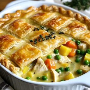 - 1 lb (450g) boneless, skinless chicken breasts, cut into bite-sized pieces - 1 cup carrots, diced - 1 cup peas (fresh or frozen) - 1 cup potatoes, peeled and diced - 1/2 cup celery, diced - 1 medium onion, finely chopped - 4 tablespoons unsalted butter - 1/3 cup all-purpose flour - 2 cups chicken broth (preferably low sodium) - 1 cup whole milk - 1 teaspoon dried thyme - 1 teaspoon garlic powder - Salt and freshly cracked black pepper, to taste - 1 package (containing 2 crusts) refrigerated pie crusts - 1 egg, beaten (for egg wash) For a warm, hearty meal, these ingredients are the backbone of your classic chicken pot pie. Each item brings its own flavor and texture, making every bite a delight. The chicken gives protein, while the veggies add sweetness and crunch. The creamy sauce ties everything together, making it comforting. - Fresh herbs like parsley or thyme for garnish - A splash of white wine for added depth - Other vegetables like corn or mushrooms for variety Adding optional ingredients can elevate your pot pie. Fresh herbs brighten the dish, while a splash of white wine adds richness. Feel free to include extra veggies for more color and flavor. - Large skillet for sautéing - 9-inch pie dish for baking - Sharp knife for cutting and slitting the crust - Measuring cups and spoons for accuracy - Whisk for creating a smooth sauce Having the right tools makes cooking easier. A large skillet helps sauté veggies evenly. A good pie dish ensures proper baking. Each tool plays a role in making your chicken pot pie a success. {{ingredient_image_2}} First, preheat your oven to 425°F (220°C). This gets the oven ready for baking. While that heats up, grab a large skillet. Melt four tablespoons of unsalted butter over medium heat until it bubbles. Add one medium finely chopped onion, one cup of diced carrots, and half a cup of diced celery. Sauté this mix for about five minutes. You want the onion to turn translucent and the veggies to soften. Next, add one pound of bite-sized chicken pieces to the skillet. Stir it often for seven to eight minutes. Cook until the chicken is no longer pink inside. Now, sprinkle one-third cup of all-purpose flour over the chicken and veggies. Stir until everything is coated. Cook for one to two minutes to get rid of the raw flour taste. Slowly whisk in two cups of low-sodium chicken broth and one cup of whole milk. Keep stirring until the mix simmers gently and thickens into a creamy sauce. Stir in one cup of peas and one cup of diced potatoes. Add one teaspoon of dried thyme and one teaspoon of garlic powder. Season with salt and freshly cracked black pepper to taste. Let this filling simmer for five more minutes. Remove it from heat and set aside. Now, roll out the first pie crust. Place it into a 9-inch pie dish. Let the edges hang over the rim. Spoon the chicken and veggie filling into the crust, spreading it evenly. Roll out the second pie crust and place it over the filled pie. Pinch the edges to seal. Cut small slits in the top to let steam escape. Brush the top crust with a beaten egg for a golden finish. Place the pie in your preheated oven and bake for 30 to 35 minutes. Look for a golden crust and bubbly filling. Once baked, let the pie cool for about ten minutes. Slice it and serve warm. Enjoy your comforting chicken pot pie! Making chicken pot pie can feel simple, but small errors can spoil it. Here are key mistakes to avoid: - Overcooking Chicken: Cook it until just done. If you overcook it, the chicken can become dry. - Skipping the Egg Wash: This step gives your crust a beautiful golden color. Don’t skip it! - Not Letting It Rest: Allow the pie to rest after baking. This helps the filling set and makes slicing easier. A flaky crust is a must for a great chicken pot pie. Here’s how to get it just right: - Keep Ingredients Cold: Use cold butter and water. This keeps the crust flaky as it bakes. - Don’t Overwork the Dough: Mix gently. If you handle it too much, the results can be tough. - Use a Rolling Pin: Roll the dough evenly. This ensures a consistent thickness for even baking. Add depth to your filling with herbs and spices. Here are some favorites: - Thyme: It pairs well with chicken and adds a lovely earthy flavor. - Garlic Powder: A little goes a long way, giving your filling a nice kick. - Black Pepper: Freshly cracked black pepper adds a subtle heat. Feel free to experiment! Adding herbs like rosemary or parsley can brighten the dish. Pro Tips Use Leftover Roast Chicken: For a quicker preparation, substitute cooked leftover roast chicken instead of raw chicken breasts. This not only saves time but also adds extra flavor. Customize Your Veggies: Feel free to swap in your favorite vegetables such as corn, green beans, or mushrooms. This allows you to tailor the pot pie to your taste preferences. Prevent Soggy Bottom: To keep the bottom crust from getting soggy, consider pre-baking it for 5-7 minutes before adding the filling. This helps to create a crispier texture. Make Ahead: Prepare the filling in advance and store it in the refrigerator for up to 2 days. When ready to bake, just assemble the pie and pop it in the oven for a quick meal. {{image_4}} You can easily make a vegetarian version of chicken pot pie. Replace the chicken with hearty veggies like mushrooms, zucchini, and chickpeas. This adds protein and flavor. Use vegetable broth instead of chicken broth. You can also add tofu for extra texture. The filling will still be creamy and satisfying. If you need a gluten-free crust, there are great options. You can find pre-made gluten-free pie crusts in stores. Alternatively, make your own crust using gluten-free flour blends. Combine almond flour with coconut flour for a unique flavor. Just make sure to follow the package instructions for best results. Get creative with your pot pie filling! Add mushrooms for an earthy taste. Sweet corn brings a pop of sweetness that balances the dish. You can also try adding spinach or kale for a healthy twist. Mix and match your favorite veggies to make it your own. The goal is to keep it fun and tasty! To keep your chicken pot pie fresh, store it in the fridge. First, let the pie cool to room temperature. Then, cover it tightly with plastic wrap or aluminum foil. It will stay good for about 3 to 4 days. If you have leftover filling, store it in an airtight container. When you are ready to eat the leftovers, preheat your oven to 350°F (175°C). Place the pie on a baking sheet to catch any drips. Cover it loosely with foil to prevent burning the crust. Heat for about 20 to 25 minutes. Check that the center is hot before serving. Freezing chicken pot pie is a great way to save it for later. Make sure the pie is fully cooled. Wrap it tightly in plastic wrap, then in foil. This helps prevent freezer burn. You can freeze it for up to 3 months. When ready to eat, thaw it in the fridge overnight before reheating. If you freeze it unbaked, you can pop it straight in the oven from frozen. Just add 10 to 15 minutes to the baking time. I recommend using boneless, skinless chicken breasts for pot pie. They cook evenly and stay tender. If you want more flavor, you can use thighs. They add a richer taste, but breasts are the classic choice. You can tell the pot pie is done when the crust turns golden brown. The filling should bubble around the edges. If you check the center, it should be hot, not cool. A thermometer can help; the inside should reach 165°F (74°C). Yes! You can prepare the filling a day before. Store it in the fridge. When ready, assemble the pie and bake. You can also freeze the filling for up to three months. Just thaw it before baking. To thicken the filling, add more flour. Mix a tablespoon of flour with cold water to make a slurry. Stir it into the hot filling. Cook for a few more minutes until it thickens. You can also add mashed potatoes for extra thickness. Reheat your pot pie in the oven for the best results. Set it to 350°F (175°C) and heat for about 20 minutes. If the crust gets too dark, cover it with foil. You can also use a microwave, but the crust might get soggy. We explored the classic chicken pot pie, from key ingredients to creative twists. You learned how to avoid common mistakes and achieve a flaky crust. We discussed storage tips and answered common questions about cooking and reheating. Making chicken pot pie can be fun and rewarding. With these steps, you can impress anyone with your cooking skills. Enjoy your delicious creation, and don’t hesitate to experiment with flavors!