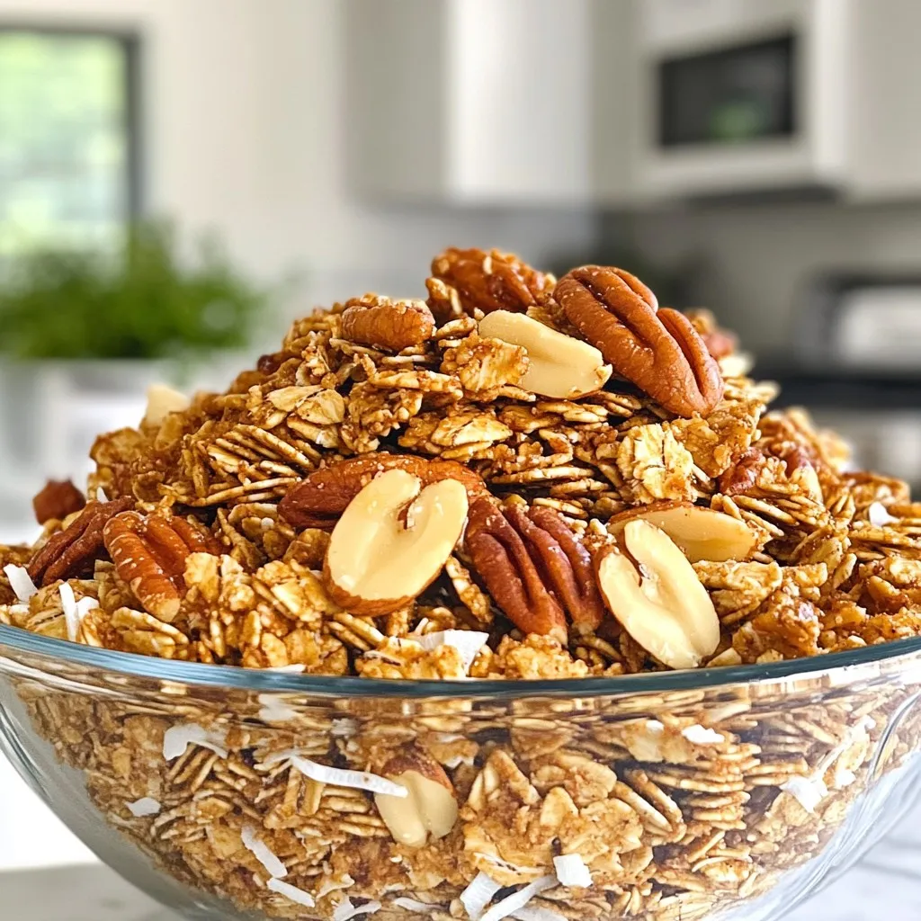 - 2 cups rolled oats - 1 cup pecans, roughly chopped - 1/2 cup almonds, sliced - 1/2 cup unsweetened shredded coconut - 1/3 cup pure maple syrup - 1/4 cup coconut oil, melted - 1 teaspoon vanilla extract - 1/2 teaspoon ground cinnamon - 1/4 teaspoon sea salt - 1/2 cup dried cranberries or raisins (optional) In this recipe, we use rolled oats as the base. They give the granola a hearty texture. I love adding pecans for their rich, nutty flavor. Almonds add a nice crunch, and the shredded coconut brings a touch of sweetness. Pure maple syrup acts as the main sweetener. It gives the granola a lovely, warm flavor. Coconut oil helps bind everything together and adds a hint of tropical taste. Vanilla extract enhances the overall flavor. I always include ground cinnamon for warmth and depth. Sea salt balances the sweetness, making each bite more enjoyable. If you want some fruity goodness, add dried cranberries or raisins. They make the granola even more delightful. Gather these ingredients and get ready to make a crunchy and flavorful treat! {{ingredient_image_2}} 1. Preheat your oven to 325°F (165°C). This helps the granola bake evenly. 2. Prepare a large baking sheet by lining it with parchment paper. This makes cleanup easy. 3. In a big mixing bowl, combine the rolled oats, chopped pecans, sliced almonds, shredded coconut, ground cinnamon, and sea salt. Mix well to blend all the dry ingredients. 4. In another bowl, whisk together the maple syrup, melted coconut oil, and vanilla extract. Make sure it is smooth and combined. 1. Drizzle the wet mixture over the dry ingredients. Use a spatula to stir it all together. Make sure every piece is coated. 2. Transfer the granola mixture onto the lined baking sheet. Spread it out evenly. Press down gently with the spatula to help form crunchy clusters. 3. Bake in the oven for 20-25 minutes. Stir halfway to encourage even browning. Keep an eye on it; it should turn golden brown and smell great. 1. Once baked, let the granola cool completely on the baking sheet. This step is key for that perfect crunch. 2. When cooled, break the granola into clusters. If you like, mix in dried cranberries or raisins for extra sweetness and color. To get that perfect crunch, press down the mixture firmly. This step helps it stick together. After spreading the granola on the baking sheet, use a spatula to flatten it. It makes those tasty clusters we all love! Baking time is key for the best results. Keep an eye on your granola while it cooks. Bake it for 20-25 minutes. Stir it halfway for even browning. Look for a golden brown color. That’s when you know it’s ready! You can add more flavor with spices. Cinnamon works well, but you can try nutmeg or cardamom too. A splash of vanilla extract adds depth to the taste. You can also experiment with other extracts, like almond or maple. For sweetness, consider adding honey or agave syrup if you wish. Toss in some seeds or nuts for extra crunch. Dried fruits like cranberries or raisins add sweetness and color. They make your granola even more appealing! Serving your granola can be fun! Try it with creamy yogurt or fresh fruits. Layer it in a glass so you can see the pretty colors. You can sprinkle it on warm oatmeal or smoothie bowls. It adds a great crunch! For storage, use clear jars or bowls. This way, you can show off the colorful layers of your granola. Keep it in a cool, dry place so it stays fresh. Enjoy your delicious creation! Pro Tips Storage Solution: Store your granola in an airtight container at room temperature to maintain its crunchiness for up to two weeks. Custom Add-ins: Feel free to mix in your favorite nuts, seeds, or dried fruits to personalize the flavor and texture of your granola. Ingredient Substitutions: For a nut-free version, substitute the nuts with seeds like pumpkin or sunflower seeds for a similar crunch. Baking Tips: Keep an eye on the granola while baking, as it can quickly go from golden brown to burnt. Stir halfway through for even browning. {{image_4}} If you want a nut-free granola, you can use seeds instead. Sunflower seeds or pumpkin seeds work great. They add a nice crunch. You can also use nut-free butter. This keeps the texture rich and creamy. For oil, try using canola or avocado oil. They have mild flavors, making them perfect for granola. You can change the sweetness based on your taste. Use less maple syrup if you prefer it less sweet. You can also mix in honey or agave syrup for different flavors. Brown sugar or coconut sugar can be used too. Each option adds its own unique taste to the granola. Want to jazz up your granola? You can add chocolate chips for a sweet twist. Try spices like nutmeg or ginger for a warming flavor. For fall, add pumpkin spice to capture that cozy vibe. You can even toss in dried fruits like apples or mango for a fruity touch. Each variation can help you create a flavor you'll love! Store your maple pecan granola in an airtight container. This keeps it fresh and crunchy. Glass jars or plastic bins work well. Make sure the lid seals tightly. Place the container in a cool, dry spot. Avoid sunlight and humidity. These can make the granola soggy. Your granola can stay fresh for about two weeks. After that, it may lose its crunch. Look for signs of spoilage. If it smells off or tastes stale, toss it out. Proper storage helps keep it tasty longer. You can freeze granola if you make a big batch. Place it in a freezer-safe bag or container. Remove as much air as possible before sealing. Frozen granola can last for up to three months. To use it, simply thaw overnight in the fridge. You can also add frozen granola to smoothies or yogurt for extra crunch. Yes, Maple Pecan Granola has many health benefits. It offers a good mix of whole grains, healthy fats, and natural sweeteners. Here are some key points: - Rolled oats provide fiber, which helps digestion. - Pecans and almonds are rich in healthy fats and protein. - Maple syrup adds sweetness but has some minerals. - Coconut oil contains medium-chain fats that may support energy. - Dried fruits like cranberries add vitamins and antioxidants. While it is healthy, watch portion sizes. Granola can be calorie-dense. Enjoy it in moderation for a tasty, nourishing treat. Yes, you can easily make Maple Pecan Granola vegan. Here are some simple swaps: - Replace coconut oil with any vegetable oil like canola or avocado oil. - Use agave syrup or brown rice syrup instead of maple syrup for sweetness. - Ensure any dried fruits are free from added sugar or animal products. These changes keep the taste great while making it suitable for a vegan diet. You can find Maple Pecan Granola in many stores. Look in the following places: - Health food stores often stock homemade or organic versions. - Supermarkets usually carry popular brands in the cereal aisle. - Online retailers like Amazon offer various options for easy shopping. Check the labels for quality ingredients and avoid added sugars. Enjoy your crunchy granola! In this blog post, we explored a simple maple pecan granola recipe. We covered key ingredients, step-by-step instructions, and tips to enhance flavor. You learned about variations for nut-free or vegan options, along with storage tips for freshness. My final thought? Making your granola offers fun, healthy choices tailored to your taste. Enjoy the crunch and flavor you create!