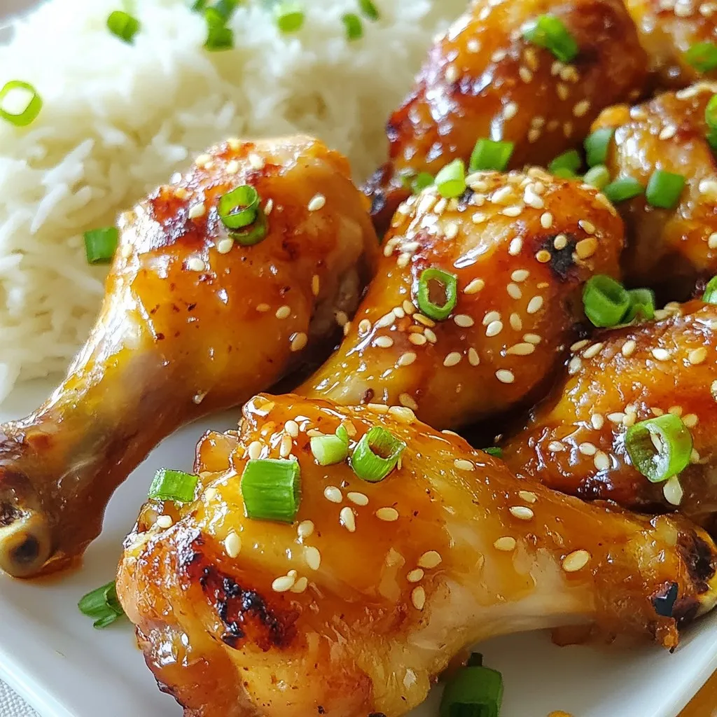- Chicken Drumsticks: 10 pieces - Marinade Components: - 1/2 cup honey - 1/4 cup low sodium soy sauce - 4 cloves garlic, minced - 1 tablespoon fresh ginger, grated - 1 tablespoon rice vinegar - 1 teaspoon sesame oil - 1/2 teaspoon freshly ground black pepper - Optional Garnishes: - 2 tablespoons chopped green onions - Sesame seeds To make honey garlic chicken drumsticks, you need a few simple ingredients. First, gather your chicken drumsticks. Ten pieces work well for a family meal. Next, prepare the marinade. Honey brings sweetness, while soy sauce adds saltiness. Garlic gives it a nice kick, and ginger gives depth. Rice vinegar adds tang, and sesame oil gives a nutty flavor. Finally, black pepper adds a bit of heat. For garnishing, chopped green onions and sesame seeds add a fresh touch. These flavors blend together to create a delicious dish. You will love how easy it is to make this tasty meal. {{ingredient_image_2}} Start by preheating your oven to 400°F (200°C). This temperature helps the chicken cook evenly. While the oven heats, grab a baking sheet. Cover it with aluminum foil for easy cleanup. Place a wire rack on top of the foil. This allows hot air to circulate around the drumsticks. In a medium bowl, combine the following ingredients to make the marinade: - 1/2 cup honey - 1/4 cup low sodium soy sauce - 4 cloves garlic, minced - 1 tablespoon fresh ginger, grated - 1 tablespoon rice vinegar - 1 teaspoon sesame oil - 1/2 teaspoon freshly ground black pepper Whisk these ingredients together. The mixture should be smooth and well combined. The sweet and savory flavors will make the chicken shine. Take the 10 chicken drumsticks and place them in a large, resealable plastic bag or a bowl. Pour the marinade over the drumsticks. Ensure each piece is thoroughly coated. Seal the bag or cover the bowl with plastic wrap. Let it marinate in the fridge for at least 30 minutes. For the best taste, aim for 4 hours. Once marinated, take the drumsticks out. Let any excess marinade drip off. Place the drumsticks on the wire rack, ensuring they have space between them. This helps them cook evenly. Bake in the preheated oven for 30 to 35 minutes. Halfway through, flip the drumsticks for even browning. They are done when the skin is crispy and caramelized. For even more flavor, you can baste the drumsticks. In the last 5 minutes of baking, brush them with the remaining marinade. This adds a rich glaze, but make sure the chicken reaches a safe cooking temperature. When the drumsticks are ready, take them out of the oven. Let them rest for a few minutes. This keeps them juicy. Before serving, garnish with chopped green onions and sesame seeds if you like. Serve them on a large plate with steamed rice or a fresh salad. Drizzle any leftover glaze from the baking sheet over the chicken for added flavor. To ensure even cooking and crispiness, use a wire rack. It keeps the drumsticks elevated, allowing hot air to circulate. This helps the skin get nice and crispy. Preheat your oven to 400°F (200°C) for best results. For marinating, I suggest at least 30 minutes. However, for deeper flavor, marinate for up to 4 hours. This allows the honey and garlic to soak into the chicken, making each bite delicious. If your chicken is undercooked, check the thickest part of a drumstick. It should reach 165°F (75°C). If it’s not done, return it to the oven for a few more minutes. If your chicken burns, it may cook too close to the heating element. Try moving the baking sheet down a rack or covering the drumsticks with foil. To add more flavor, consider using spices like smoked paprika or cayenne pepper. These can give your dish a nice kick. Fresh herbs like thyme or rosemary can also work well. Simply add them to the marinade for an extra layer of taste. You can experiment with these ideas to suit your taste buds! Pro Tips Marinade Time: For the best flavor, marinate the chicken for at least 2 hours, or overnight if possible. Temperature Check: Ensure the chicken reaches an internal temperature of 165°F (75°C) for safe consumption. Drain Excess Marinade: Before baking, let the drumsticks sit for a few minutes to drain excess marinade to avoid sogginess. Resting Period: Allow the chicken to rest for a few minutes after baking to retain its juices and enhance flavor. {{image_4}} You can switch out chicken drumsticks for other proteins. Here are some tasty options: - Chicken Thighs: These have more flavor and stay juicy. - Chicken Breasts: These are leaner but can dry out. - Tofu: Great for a plant-based option. It absorbs flavors well. Each choice brings a new taste to your meal. Adjust cooking times based on the protein you choose. You can change the flavor of your dish by using different marinades. Here are a few ideas: - Spicy Honey Garlic: Add chili flakes for heat. - Citrus Twist: Use orange or lime juice for a fresh zing. - Herb Infusion: Mix in fresh herbs like rosemary or thyme for depth. Experiment with these flavors to find your favorite! You can cook Honey Garlic Chicken Drumsticks in several ways. Each method gives a different taste and texture: - Grilling: This adds a smoky flavor. Grill over medium heat for best results. - Slow Cooking: Cook on low for 6-8 hours. The chicken will become very tender. - Air Frying: This method makes the skin crispy with less oil. Cook at 375°F for about 25-30 minutes. Choose the method that fits your schedule and taste preference. Each one offers a unique twist on this classic dish! To keep your honey garlic chicken drumsticks fresh, refrigerate them right away. Place the drumsticks in an airtight container. You can also wrap them tightly in plastic wrap or foil. This helps prevent air from drying them out. If you want to store them longer, freeze the drumsticks. Use freezer bags or containers. Squeeze out as much air as possible before sealing. Reheat the drumsticks to bring back their tasty flavor and texture. The best way is to use the oven. Preheat it to 350°F (175°C). Place the drumsticks on a baking sheet. Cover them with foil to keep them moist. Heat for about 15 to 20 minutes. You can also use a microwave, but it may make the skin less crispy. If you choose the microwave, heat them in short bursts of 1 minute. Check often to avoid overcooking. In the fridge, your honey garlic chicken drumsticks will stay good for 3 to 4 days. If you freeze them, they can last 2 to 6 months. Always label your containers with the date. This helps you know when to use them. Always check for any signs of spoilage before consuming. You can pair these drumsticks with many tasty sides. Here are some ideas: - Steamed rice - Mashed potatoes - Roasted vegetables - A fresh garden salad - Garlic bread These sides will balance the sweet and savory flavors of the chicken. For the best flavor, marinate the chicken for at least 30 minutes. If you have time, aim for 4 hours. This allows the chicken to soak up all those yummy flavors. Yes! You can use chicken thighs or breasts. If you prefer pork, try bone-in chops. Adjust the cooking time as follows: - Chicken thighs: cook for 35-40 minutes. - Chicken breasts: cook for 25-30 minutes. - Pork chops: cook for 30-35 minutes. Always check that your meat is fully cooked. The USDA says chicken should reach an internal temperature of 165°F (75°C). Use a meat thermometer to check. This ensures your chicken is safe to eat. Absolutely! These drumsticks are perfect for meal prep. Here are some tips: - Cook a batch and store them in the fridge. - Keep portions in airtight containers. - Reheat in the oven or microwave when ready to eat. They stay tasty for up to four days in the fridge. Enjoy your meals throughout the week! In this blog post, we explored how to make delicious Honey Garlic Chicken Drumsticks. I shared the key ingredients, step-by-step instructions, and tips for perfect cooking. You learned about marinating, baking, and garnishing your dish. We also discussed variations and storage tips to keep things interesting. Embrace these simple methods to create tasty meals. Whether you’re cooking for family or friends, these drumsticks are sure to impress! Enjoy your cooking adventure and keep experimenting with flavors.