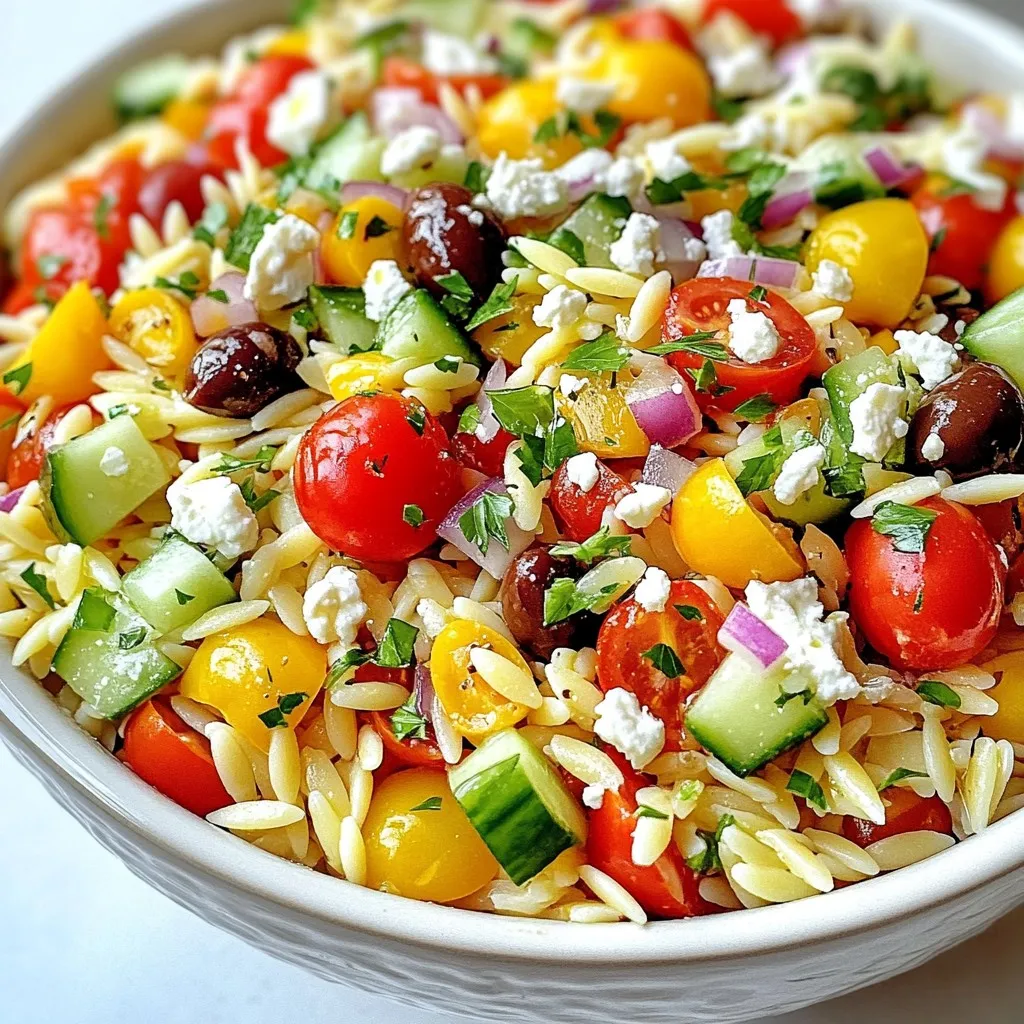 - 1 cup orzo pasta - 1 cup cherry tomatoes, halved - 1 cucumber, diced - 1 bell pepper (red or yellow), diced - 1/2 red onion, finely chopped - 1/2 cup Kalamata olives, pitted and sliced - 1/2 cup feta cheese, crumbled - 1/4 cup fresh parsley, chopped Greek Orzo Salad shines with its fresh and colorful ingredients. The orzo pasta serves as a lovely base. It cooks quickly and adds a nice texture. I love using cherry tomatoes for their sweet burst of flavor. Diced cucumbers add crunch and freshness. Bell peppers bring vibrant color and sweetness. Red onion gives a slight bite that balances the dish. Kalamata olives add a salty note. Crumbled feta cheese takes it to another level with its creamy richness. Fresh parsley brightens the flavors and looks beautiful. - 2 tablespoons extra virgin olive oil - 2 tablespoons freshly squeezed lemon juice - 1 teaspoon dried oregano - Salt and pepper to taste For the dressing, I use extra virgin olive oil for its fruity flavor. Freshly squeezed lemon juice gives the salad a zesty kick. Dried oregano adds a classic Mediterranean taste. Salt and freshly ground pepper enhance all the flavors. Together, these ingredients create a light and tangy dressing that ties the salad together perfectly. Understanding these ingredients helps you make the best Greek Orzo Salad. Each component plays a role in creating a fresh and flavorful dish. {{ingredient_image_2}} First, boil a pot of salted water. Add 1 cup of orzo pasta to the boiling water. Cook the orzo until it is al dente, following the package instructions. It should be firm but not hard. Once cooked, drain the orzo in a colander. Rinse it under cold running water. This stops the cooking. It also cools the pasta down quickly. In a large mixing bowl, combine the cooled orzo with fresh ingredients. Add 1 cup of halved cherry tomatoes, 1 diced cucumber, and 1 diced bell pepper. Next, add 1/2 finely chopped red onion and 1/2 cup of sliced Kalamata olives. Mix these ingredients gently. You want an even spread of all the fresh flavors. Finally, fold in 1/2 cup of crumbled feta cheese. Add 1/4 cup of chopped fresh parsley for a burst of color and taste. For the dressing, take a small bowl and whisk together 2 tablespoons of extra virgin olive oil and 2 tablespoons of freshly squeezed lemon juice. Add 1 teaspoon of dried oregano, along with salt and black pepper to taste. Whisk until the mixture is well blended. Drizzle this dressing over the salad. Toss everything gently to coat the orzo and veggies evenly. - Seasoning adjustments for taste: Always taste your salad before serving. If it needs more flavor, add salt or pepper. A little lemon juice can brighten it up too. You can also mix in extra oregano for a stronger herb taste. - Allowing time for flavors to meld: After mixing, cover the salad and chill it for at least 30 minutes. This wait lets all the flavors blend together. The result is a salad that tastes even better! - Serving suggestions for visual appeal: Use a large, shallow bowl to serve your salad. This way, everyone can see the bright colors of the veggies. It makes the dish look more inviting! - Garnishing ideas for a fresh look: Top your salad with extra crumbled feta and a sprinkle of fresh parsley. Just before you serve, drizzle a bit of olive oil and lemon juice on top. This adds shine and makes it look fresh, too! Pro Tips Use Fresh Ingredients: Fresh vegetables and herbs can significantly enhance the flavor of your Mediterranean Orzo Delight. Try to use seasonal produce for the best taste. Customize Your Protein: For a heartier version, consider adding grilled chicken or chickpeas. This will increase the protein content and make it a more filling meal. Make It Ahead: This salad tastes even better the next day as the flavors meld together. Prepare it a few hours or even the night before serving. Adjust the Dressing: Feel free to experiment with additional herbs or spices in the dressing, such as basil or garlic, to give it a unique twist that suits your palate. {{image_4}} You can swap in many fresh veggies for this Greek orzo salad. Try adding: - Spinach or arugula for a leafy crunch - Roasted red peppers for a smoky flavor - Zucchini for extra nutrition Mixing in different herbs can also add flavor. Consider using: - Fresh dill for a bright taste - Mint for a refreshing twist If you want to change the cheese, feta is great, but others can work too. Try: - Goat cheese for a tangy flavor - Mozzarella for a milder taste - Parmesan for a nutty touch For gluten-free options, use gluten-free orzo or other gluten-free pasta. Brown rice or quinoa also makes a great base. If you're looking for vegetarian choices, this salad is already meat-free. To make it vegan, swap feta for: - Crumbled tofu with lemon juice - Vegan cheese alternatives You can replace honey in the dressing with maple syrup for a vegan touch. Enjoy these tasty variations! Greek Orzo Salad is a great dish to store. It lasts about three to four days in the fridge. For best results, keep it in an airtight container. This helps keep it fresh and tasty. You can enjoy this salad cold or at room temperature. If you have leftovers, take them out and let them sit for a bit. This brings back some of the fresh taste. If the flavors seem dull, add a splash of olive oil or lemon juice. This small change can make a big difference! To make Greek Orzo Salad vegan, start by replacing the feta cheese. Use a plant-based feta or omit it entirely. For the dressing, ensure the olive oil and lemon juice are vegan-friendly. You can also add a splash of apple cider vinegar for added flavor. Yes, you can use other pasta types if you prefer. Small shapes like quinoa, couscous, or even small shells work well. Each option brings a unique texture to the salad. Serve the Greek Orzo Salad chilled or at room temperature. It pairs perfectly with grilled chicken or fish. You can also enjoy it as a stand-alone dish. For a nice touch, top it with extra feta and a drizzle of olive oil before serving. Greek Orzo Salad is a fresh and vibrant dish. With orzo, colorful veggies, olives, and feta, it shines. The dressing adds zest with olive oil, lemon, and herbs. You'll enjoy its taste and ease. Remember to adjust flavors and explore variations to suit your preferences. Store it right to keep it fresh. Whether vegan or vegetarian, this salad is adaptable. Ready to impress your family or friends? Dive into making your own Greek Orzo Salad today!