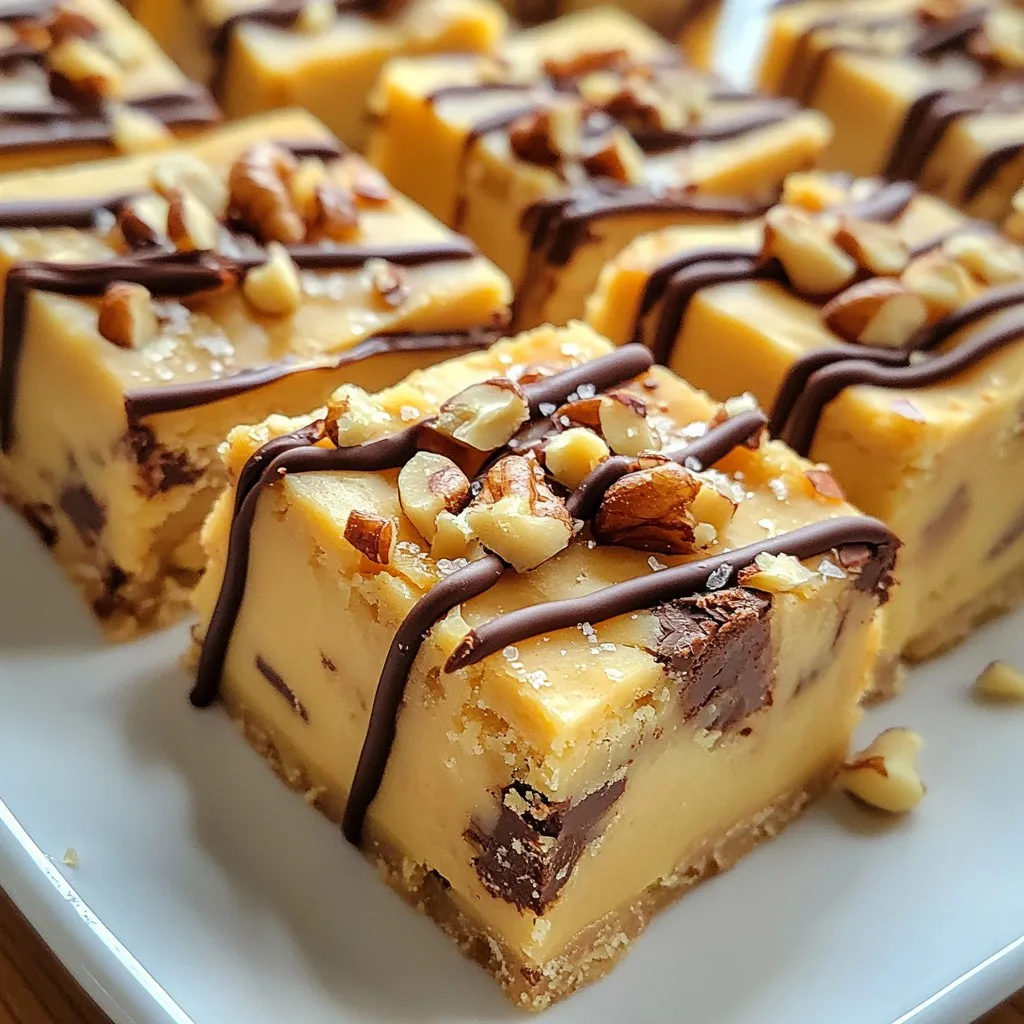 To make no-bake cookie dough bars, gather these key ingredients: - 1 cup almond flour - 1 cup rolled oats - ½ cup almond butter (or peanut butter) - ¼ cup pure maple syrup - ¼ cup packed brown sugar - 1 teaspoon pure vanilla extract - ½ teaspoon fine sea salt - ½ cup dark chocolate chips (dairy-free if needed) - ¼ cup chopped nuts (optional) These ingredients blend to create a tasty treat that feels indulgent yet wholesome. You can change some ingredients to fit dietary needs: - Use oat flour instead of almond flour for a gluten-free option. - Swap almond butter with sunflower seed butter for nut-free bars. - Replace maple syrup with agave nectar for a different sweetener. - Use coconut sugar instead of brown sugar for a lower glycemic index. These swaps can help make the bars suit various diets without losing flavor. To make your no-bake cookie dough bars more interesting, consider these additions: - Add ¼ cup of shredded coconut for a chewy texture. - Mix in a tablespoon of chia seeds for extra nutrition. - Include spices like cinnamon or nutmeg for a warm flavor twist. - Fold in dried fruit, such as cranberries or raisins, for a sweet burst. These additions can elevate your bars, making them even more enjoyable and unique. {{ingredient_image_2}} First, grab a large mixing bowl. Add one cup of almond flour and one cup of rolled oats. Use a spatula to mix them well. Make sure they blend evenly. This step is key for a smooth texture. Next, take a medium bowl. Whisk together half a cup of almond butter, a quarter cup of pure maple syrup, and a quarter cup of packed brown sugar. Add in one teaspoon of pure vanilla extract and half a teaspoon of fine sea salt. Keep whisking until the mixture is smooth and creamy. Now, slowly pour your wet mixture into the dry ingredients. Use your spatula to stir until just combined. The dough will be thick, so don't worry. Gently fold in half a cup of dark chocolate chips and a quarter cup of chopped nuts if you want some crunch. Line an 8x8 inch baking pan with parchment paper, leaving some paper hanging over the sides. This helps with easy removal later. Transfer the dough into the pan. Press it down firmly with your spatula. Make sure it spreads out evenly. Place the pan in the fridge for at least 30 minutes. This helps the bars firm up nicely. After chilling, lift the block out using the parchment paper overhang. Use a sharp knife to slice it into squares or bars. Wipe the knife clean between cuts for neat edges. When making no-bake cookie dough bars, mixing is key. Start with dry ingredients first. In a large bowl, combine 1 cup of almond flour and 1 cup of rolled oats. Mix well with a spatula until both ingredients are even. This helps the oats blend nicely with the almond flour. Next, use a medium bowl for your wet ingredients. Whisk together ½ cup of almond butter, ¼ cup of pure maple syrup, ¼ cup of brown sugar, 1 teaspoon of vanilla extract, and ½ teaspoon of sea salt. Aim for a smooth mix. This step adds creaminess to your bars. Gradually pour the wet mix into the dry blend. Stir gently until just combined. Don’t overmix; a thick dough is what you want. Fold in the dark chocolate chips and optional nuts. This gives your bars that crunchy bite. Firmness is essential for sliceable bars. After mixing the dough, transfer it to an 8x8 inch pan lined with parchment paper. Press down hard and spread it evenly. This compact layer allows the bars to hold their shape. Chill the pan in the refrigerator for at least 30 minutes. This step is crucial. It allows the bars to firm up nicely. If they feel soft after chilling, they need more time. Serving your bars can be fun! For a nice touch, arrange them on a pretty platter. Drizzle melted chocolate on top for added flair. A sprinkle of flaky sea salt can make them look gourmet. You can also pair the bars with fresh fruit or yogurt. This adds a fresh taste and makes a great snack. Get creative with how you present them! Pro Tips Storage Tip: Keep the bars in an airtight container in the refrigerator for up to one week for optimal freshness. Flavor Variation: Experiment with different nut butters, like cashew or sunflower seed butter, for a unique twist on flavor. Sweetness Adjustments: Adjust the amount of maple syrup or brown sugar based on your personal sweetness preference. Nut-Free Option: Omit the nuts or substitute with seeds like pumpkin or sunflower seeds for a nut-free version. {{image_4}} You can switch up your sweeteners and nut butters for different tastes. Instead of maple syrup, try honey or agave. These choices change the flavor while keeping the bars sweet. If you want a nut-free option, use sunflower seed butter instead of almond butter. Both choices work great and provide a tasty base. Adding nuts, seeds, or dried fruit can make these bars extra special. Try adding chopped walnuts or pecans for a crunchy texture. You can also toss in some pumpkin seeds or sunflower seeds for a healthy boost. Dried fruit like cranberries or raisins adds a sweet chewiness. Make sure to mix them in evenly so every bite is packed with flavor. Don’t be afraid to play with flavors! A pinch of cinnamon or nutmeg can warm up the taste. For a more unique twist, add a splash of almond or coconut extract. These small changes can create a whole new bar. Each variation keeps the essence of cookie dough while giving it a fresh spin. To keep your no-bake cookie dough bars fresh, store them in an airtight container. Place parchment paper between layers to prevent sticking. This method helps retain their taste and texture. You can keep them in the fridge for up to a week. If you want to save some bars for later, freezing works great! Cut the bars into squares first. Wrap each square in plastic wrap, then place them in a freezer-safe bag. This way, you can enjoy a treat anytime. They can last up to three months in the freezer. Always use clean utensils when handling the bars. This prevents contamination and keeps them fresh longer. If you notice any moisture, remove it with a paper towel. For best taste, let them thaw in the fridge before eating. Enjoy your sweet treat at its best! Yes, you can use different flours. Almond flour gives a nice nutty taste. If you prefer, try oat flour or coconut flour. Each flour will change the taste and texture a bit. Just make sure the flour you choose is fine and works well in no-bake recipes. These bars last about one week in the fridge. Store them in an airtight container to keep them fresh. If you want them to last longer, consider freezing them. They will stay good for up to three months in the freezer. Yes, these bars are vegan-friendly! The recipe uses almond butter and maple syrup, both plant-based. Just ensure the chocolate chips are dairy-free if you want to keep them vegan. This makes them a great treat for everyone to enjoy. Absolutely! You can skip the nuts if you prefer. The bars will still taste great without them. If you want some crunch, try adding seeds or dried fruit instead. This keeps the texture interesting while being nut-free. In this blog post, I covered how to make no-bake cookie dough bars. We looked at key ingredients and easy substitutions for special diets. I provided clear steps to mix and prepare the bars. Tips on texture and serving made it simple to enjoy your treats. I also shared variations to customize flavors and storage advice to keep them fresh. Remember, making your bars is fun and easy. Enjoy creating and sharing them!