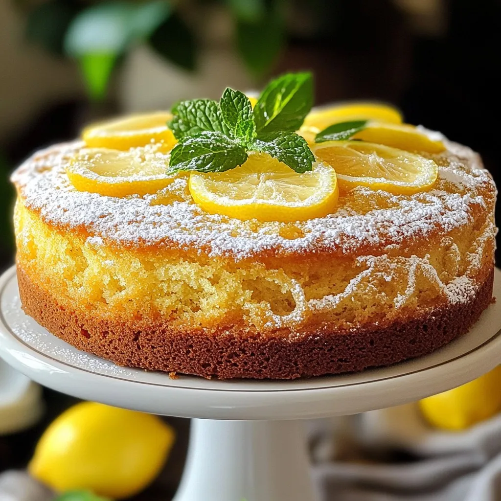 - 1 ½ cups all-purpose flour - 1 teaspoon baking powder - ½ teaspoon baking soda - ½ teaspoon salt - ¾ cup granulated sugar - ½ cup extra virgin olive oil - 3 large eggs - 1 teaspoon vanilla extract - ½ cup plain Greek yogurt - Zest of 2 lemons - ¼ cup fresh lemon juice - Powdered sugar for dusting It is key to measure your ingredients properly. For flour, use a spoon to scoop it into the measuring cup. Then, level it off with a knife. If you need a substitute for all-purpose flour, try almond flour for a nutty taste. You can replace Greek yogurt with sour cream if needed. This swap keeps the cake moist. For the eggs, applesauce can work as a vegan option. Use ¼ cup of applesauce for each egg. Using fresh ingredients makes a big difference in flavor. Fresh lemons give the best zest and juice. Olive oil should be high quality; it adds richness to the cake. In baking, fresh eggs lead to better texture. This cake relies on these fresh flavors for its rich taste. Always choose the best ingredients you can find for the best results. {{ingredient_image_2}} First, preheat your oven to 350°F (175°C). This step is key for even baking. Next, take a 9-inch round cake pan. Grease it lightly with olive oil. Line the bottom with parchment paper. This helps the cake come out easily after baking. In a medium bowl, combine 1 ½ cups of all-purpose flour, 1 teaspoon of baking powder, ½ teaspoon of baking soda, and ½ teaspoon of salt. Whisk these together until they are mixed well. Set this bowl aside for now. In a large mixing bowl, add ¾ cup of granulated sugar and ½ cup of extra virgin olive oil. Use an electric mixer or a whisk to beat this mixture until it’s fluffy. Now, add 3 large eggs one at a time. Mix well after each egg. Then add 1 teaspoon of vanilla extract, ½ cup of Greek yogurt, the zest of 2 lemons, and ¼ cup of fresh lemon juice. Blend everything until smooth. Now, take the bowl with dry ingredients. Gently fold it into the wet mixture using a spatula. Be careful not to over-mix; just combine until you don’t see any dry flour. This helps keep the cake light and airy. Pour the batter into your prepared cake pan. Use a spatula to smooth the top. Place the cake in the oven and bake for 25-30 minutes. To check if it’s done, insert a toothpick into the center. It should come out clean when the cake is ready. Once the cake is baked, remove it from the oven. Let it cool in the pan for about 10 minutes. Then, carefully invert it onto a wire rack. Remove the pan gently. After it cools completely, dust the top with powdered sugar for an elegant finish. Enjoy your Olive Oil Lemon Cake! To get a light texture, use room temperature eggs. Cold eggs can make your cake dense. Mix the wet ingredients well before adding the dry ones. This helps create a fluffy batter. When folding in the dry mix, do it gently. Over-mixing can ruin the soft texture you want. A common mistake is not measuring flour correctly. Use a spoon to scoop flour into your measuring cup. Then level it off with a knife for accuracy. Another mistake is opening the oven door too soon. This can cause the cake to sink. Wait until the last few minutes to check for doneness. Use fresh lemons for the best zest and juice. The flavor from fresh lemons is much stronger. You can also add a bit of lemon extract for an extra kick. Another tip is to let the zest sit in the sugar for a few minutes. This helps release the oils and boosts the lemon flavor in your cake. Pro Tips Use Fresh Ingredients: Always opt for fresh lemons and high-quality extra virgin olive oil to enhance the flavor of your cake. Measure Accurately: Ensure you level off your flour when measuring to prevent a dense cake. Use a kitchen scale for precision if possible. Cool Properly: Allow the cake to cool completely on a wire rack to maintain its texture and prevent sogginess at the bottom. Experiment with Flavors: Feel free to add poppy seeds or a hint of almond extract for a unique twist on the classic lemon flavor. {{image_4}} You can easily make a gluten-free Olive Oil Lemon Cake. Use a gluten-free flour blend instead of all-purpose flour. Mix the flour with baking powder and baking soda, just like the recipe says. Make sure the blend has a good texture for a light cake. Check the package for any binding agents. They help keep the cake from crumbling. Want to switch things up? Try adding other flavors! Almond extract can give a nutty twist. Just swap it with the vanilla extract in the recipe. Orange zest and juice can add a bright citrus punch. Use them in place of lemon for a fun variation too. You can mix lemon and orange for a unique flavor blend. If you want to top your cake, there are many frosting choices. A light lemon glaze is a great match. Just mix powdered sugar with lemon juice until smooth. For a creamy option, try a mascarpone or cream cheese frosting. This adds richness and balances the lemon's brightness. You can also use whipped cream for an airy finish. After making your Olive Oil Lemon Cake, you might have some left. To keep it fresh, place the cake in an airtight container. This keeps it moist and prevents it from drying out. If you do not have a container, wrap the cake tightly in plastic wrap. Store it at room temperature for up to three days. If you want it to last longer, consider freezing it. To freeze your cake, first let it cool completely. Then, wrap slices or the whole cake in plastic wrap. After that, wrap it again in aluminum foil. This extra layer helps prevent freezer burn. Label the package with the date. You can freeze the cake for up to three months. When you’re ready to enjoy it, simply thaw it in the fridge overnight. To reheat your Olive Oil Lemon Cake, preheat your oven to 350°F (175°C). Place the cake on a baking sheet. Heat for about 10-15 minutes. This warms the cake without drying it out. If you prefer, you can also microwave a slice. Just heat it for about 20-30 seconds. This keeps the cake soft and tasty, just like when it was fresh. Enjoy your cake as if it just came out of the oven! Yes, you can use oils like canola or sunflower oil. These oils have a mild flavor. However, olive oil gives the cake a unique taste. It adds richness and depth that other oils may lack. The Olive Oil Lemon Cake stays fresh for about 3 to 4 days at room temperature. Keep it covered to prevent drying out. If you want it to last longer, store it in the fridge for up to a week. Serve the cake on a nice cake stand for a pretty look. Dust the top with powdered sugar for sweetness and style. Add fresh lemon slices and mint sprigs for extra color. You can also drizzle a simple lemon glaze for added flavor. Yes, you can make this cake a day or two ahead of time. Just store it in an airtight container to keep it fresh. This way, you'll have one less thing to do on the day of your event! If your cake turns out dense, check your mixing method. Make sure you fold the dry ingredients gently into the wet mixture. Over-mixing can lead to a heavy cake. Also, ensure your baking powder and baking soda are fresh for the best rise. We covered the key steps to make a great Olive Oil Lemon Cake. You learned about ingredients, measurements, and the need for fresh components. I shared clear instructions to mix, bake, and cool your cake. Tips helped you avoid common mistakes and offered ideas for variations. Finally, we discussed storage options to keep your cake fresh. With these skills, you can create a delicious cake that everyone will love. Happy baking!