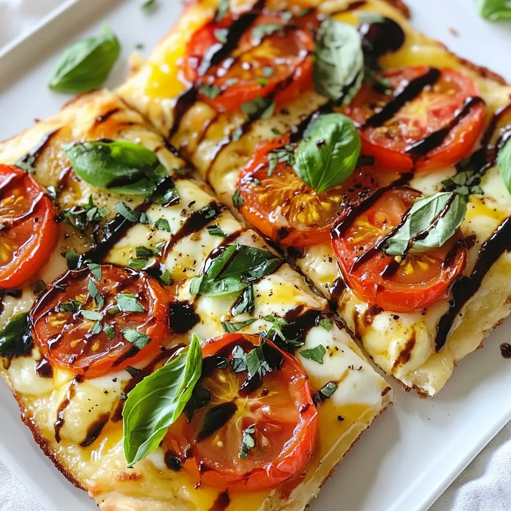 To make a tasty Tomato Basil Mozzarella Flatbread, gather these items: - 1 store-bought flatbread or pizza base - 2 medium ripe tomatoes, thinly sliced - 1 cup fresh mozzarella cheese, either sliced or torn into pieces - 1 cup fresh basil leaves, plus a few extra for garnish - 2 tablespoons extra virgin olive oil - 1 teaspoon balsamic glaze for drizzling - Salt and freshly ground black pepper to taste - 1 clove garlic, finely minced (optional for added flavor) - 1 tablespoon fresh oregano, chopped (optional, enhances the taste) Using fresh ingredients is key to making this flatbread shine. Choose ripe tomatoes that feel firm but slightly soft. They should smell sweet and earthy. Fresh mozzarella adds a creamy texture. Look for it in water or vacuum sealed for the best taste. Basil leaves should be bright green and fragrant. The fresher they are, the more flavor they will bring to your dish. Want to elevate your flatbread? Consider these optional add-ins: - Garlic: Adding minced garlic to your olive oil mix gives a rich flavor. - Oregano: Chopped fresh oregano adds depth and a hint of earthiness. - Red pepper flakes: For some heat, sprinkle red pepper flakes on top before baking. - Olives or arugula: These can add a salty or peppery kick to your flatbread. Feel free to mix and match these options to suit your taste! {{ingredient_image_2}} Start by preheating your oven to 425°F (220°C). This step is key. A hot oven helps cook the flatbread evenly. It also makes the cheese melt perfectly. Next, place your flatbread on a baking sheet. I recommend lining it with parchment paper. This keeps the flatbread from sticking. It also makes cleanup a breeze. - Apply Olive Oil Mixture: In a small bowl, mix extra virgin olive oil with minced garlic. Add a pinch of salt and freshly ground black pepper. Use a brush to coat the flatbread with this mixture. This adds a rich flavor to the base. - Arranging Tomato and Mozzarella: Now, evenly arrange your thinly sliced tomatoes across the flatbread. You want every bite to burst with juicy goodness. Next, add the mozzarella pieces on top of the tomatoes. This creates a creamy layer that melts beautifully. - Adding Fresh Basil and Oregano: Scatter fresh basil leaves over the flatbread. Keep a few leaves for garnish after baking. If you like, sprinkle fresh oregano on top. It gives a nice herbal touch to the dish. After layering, it’s time to bake. Carefully place the baking sheet in the preheated oven. Bake for about 10 to 12 minutes. Watch for bubbling cheese and golden edges. Once ready, take it out and drizzle with balsamic glaze to add sweetness. Let it cool for a minute before slicing. Serve warm, and don’t forget the reserved basil leaves for garnish! To bake your flatbread just right, preheat your oven to 425°F (220°C). This heat helps the cheese melt well and the edges crisp nicely. Use parchment paper on your baking sheet. It makes cleanup easy and prevents sticking. Bake for 10-12 minutes until the cheese is bubbly and the edges are golden. Keep an eye on it to avoid overcooking. For a lovely display, serve your flatbread on a wooden cutting board. It adds a rustic feel. Cut the flatbread into pieces after cooling for a few minutes. This makes it easier to grab and enjoy. Consider adding a small bowl of extra balsamic glaze on the side. It gives everyone a chance to dip and enhance the flavor. Want to add more flavor? You can incorporate minced garlic into the olive oil mix. This gives a nice kick. Fresh oregano also works wonders. Sprinkle it on top with the basil for extra depth. If you enjoy spice, try adding red pepper flakes. They add a subtle heat without overpowering the dish. Pro Tips Use Fresh Ingredients: Always opt for the freshest tomatoes and mozzarella you can find. This will elevate the flavor and texture of your flatbread significantly. Experiment with Cheese: Try mixing different types of cheese such as goat cheese or feta for a unique twist on flavor and texture. Customize the Herbs: Feel free to add other herbs such as thyme or rosemary to complement the basil and enhance the aromatic profile of the dish. Serve it Fresh: This flatbread is best enjoyed immediately after baking to retain its crispy texture and melty cheese. {{image_4}} You can switch up the cheese to create new flavors. Instead of mozzarella, try goat cheese for a tangy bite. Feta cheese adds a salty twist. If you love sharp flavors, use aged cheddar. For a creamy touch, consider burrata. Each cheese option brings a unique taste and texture to your flatbread. Adding seasonal veggies can make your flatbread even better. In spring, try fresh asparagus or peas. Zucchini slices work well in summer. Autumn calls for roasted butternut squash or sweet peppers. In winter, add spinach or kale for a healthy boost. These vegetables not only add flavor but also enhance the nutrition. If you need gluten-free options, don't worry! You can use cauliflower flatbread for a low-carb choice. Almond flour flatbreads are another tasty option. Many stores sell gluten-free pizza bases, so check your local shop. These alternatives keep your flatbread delicious while catering to dietary needs. To keep your flatbread fresh, store leftovers in an airtight container. This helps lock in moisture. You can also wrap it tightly in plastic wrap. Make sure to refrigerate the flatbread within two hours of baking. Leftovers will stay good for up to three days. To reheat your flatbread, preheat your oven to 350°F (175°C). Place the flatbread on a baking sheet. Heat it for about 8-10 minutes. This method keeps the crust crispy and the cheese gooey. You can also use a skillet on low heat for a few minutes. Just cover it to help melt the cheese evenly. If you want to freeze flatbread, let it cool completely first. Wrap it tightly in foil or plastic wrap. Then, place it in a freezer-safe bag. This way, it stays fresh for up to three months. To enjoy later, just thaw it in the fridge overnight. Reheat it using the oven for the best texture. To make Tomato Basil Mozzarella Flatbread from scratch, you need a few simple steps. First, preheat your oven to 425°F (220°C). Then, take a flatbread and place it on a baking sheet. Brush the top with a mix of olive oil, minced garlic, salt, and pepper. Next, layer thin slices of ripe tomatoes evenly on the flatbread. Add fresh mozzarella pieces on top of the tomatoes. Scatter fresh basil leaves over everything. If you like, sprinkle some fresh oregano for extra flavor. Bake it for 10-12 minutes until the cheese bubbles and the edges turn golden brown. After baking, drizzle balsamic glaze on top and let it cool slightly before slicing. Yes, you can use store-bought ingredients to make this flatbread. Using a pre-made flatbread or pizza base saves time. Fresh mozzarella can also be found in many grocery stores. You can buy pre-sliced tomatoes or even use canned tomatoes if you’re in a pinch. Fresh basil is often available in potted plants or packages. This makes it easy to create a quick, tasty dish without a lot of prep work. Tomato Basil Mozzarella Flatbread pairs well with many foods. A fresh green salad with a light vinaigrette complements the flatbread nicely. You can serve it with a bowl of homemade soup, like tomato or minestrone, for a comforting meal. For drinks, a crisp white wine or sparkling water works great. You might also enjoy it with a side of olives or marinated vegetables for an extra touch of flavor. You learned how to make Tomato Basil Mozzarella Flatbread with great flavor. Fresh ingredients bring out the best taste. Baking it just right and using the right cheese can make it special. Remember, leftovers can be stored safely for later. With variations and enhancements, you can always add your twist. Enjoy creating your own flatbread masterpiece!