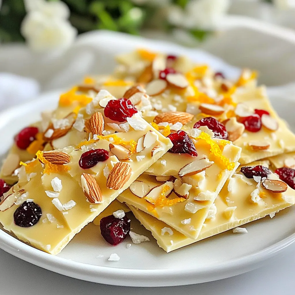 I use 12 oz of white chocolate chips. This creamy chocolate brings sweetness to the bark. The melt-in-your-mouth texture makes it perfect for this treat. One cup of dried cranberries adds a chewy bite. They offer a lovely tartness that balances the sweetness of the chocolate. This mix of flavors makes each piece exciting. The zest of one large orange brightens the bark. It adds a fresh and zesty flavor. This citrus touch brings out the best in the white chocolate. I like to add 1/2 cup of slivered almonds. They provide a nice crunch. You can also swap them for your favorite nuts like walnuts or pecans for a twist. Add 1/4 teaspoon of sea salt for a hint of contrast. It enhances the sweet flavors. I also use 1/2 teaspoon of vanilla extract for depth. This simple addition makes the bark taste gourmet. {{ingredient_image_2}} Start by cleaning your kitchen counter. This step keeps your area tidy and safe. Next, grab a baking sheet and line it with parchment paper. Make sure the paper hangs over the edges. This will help you lift the bark easily later. Take a microwave-safe bowl and add your white chocolate chips. Heat them in the microwave for about 30 seconds. Then, stir the chocolate well. Repeat this process until the chips melt and become smooth. Be patient; do not rush this step. After melting, remove the bowl from the microwave. Add the vanilla extract and half of the grated orange zest. Stir until mixed well. Next, fold in the dried cranberries and slivered almonds. Make sure every piece is coated with the white chocolate. This gives your bark great flavor and texture. Pour the chocolate mixture onto your lined baking sheet. Use a spatula to spread it out evenly. Aim for a thickness of about 1/4 inch. Before the chocolate sets, sprinkle the remaining orange zest and sea salt on top. This adds a pop of flavor. Place the baking sheet in the refrigerator. Let it chill for about 1 hour. The bark should be firm to the touch when ready. Once set, lift the bark out using the parchment paper. Break it into irregular pieces. This gives it a rustic look that’s fun and inviting. Enjoy your tasty treat! To melt white chocolate, use low heat. Place the white chocolate chips in a microwave-safe bowl. Heat in short bursts of 30 seconds. Stir the chocolate well after each burst. This helps it melt evenly and stay smooth. If you notice lumps, keep stirring until they disappear. Chocolate can seize if it gets moisture. Keep all tools dry when working with chocolate. If you accidentally add water, the chocolate will clump. To fix seized chocolate, add a small amount of oil. Stir it in to help smooth the mixture out. Use a neutral oil like canola for best results. Store your leftover bark in an airtight container. Keep it in a cool, dry place. If you live in a warm area, the fridge is a good option. Just make sure to let it sit at room temperature before serving. This helps the chocolate regain its smooth texture. Enjoy your bark within two weeks for the best taste! Pro Tips Use Quality Chocolate: Opt for high-quality white chocolate for a richer flavor and smoother texture in your bark. Chill the Bark Properly: Ensure the bark is fully set in the refrigerator for at least an hour; this will make it easier to break into clean pieces. Experiment with Add-ins: Feel free to swap out the almonds for other nuts or add in some crushed peppermint for a festive twist. Storage Tips: Store your bark in an airtight container at room temperature for up to two weeks to maintain its freshness. {{image_4}} You can swap out slivered almonds for other nuts. Try walnuts, pecans, or pistachios. Each nut brings its own flavor and crunch. If you want a nut-free option, use seeds like pumpkin or sunflower seeds. They add a nice texture without the nuts. Dried fruits can change the taste of your bark. Think about using dried apricots, cherries, or even mango. Each fruit adds its own sweetness and color. Mix and match your favorites for a fun twist. Just remember to keep the total amount similar to cranberries. Zest is a great way to boost flavor. You can use lime, lemon, or grapefruit instead of orange. Each citrus will give a unique twist to your bark. Just be sure to adjust the zest amount to your liking. The goal is to enhance, not overpower, the white chocolate. To keep your Orange Cranberry White Chocolate Bark fresh, store it properly. Place it in an airtight container. This keeps moisture out and preserves flavor. Make sure to layer pieces with parchment paper. This prevents them from sticking together. When stored correctly, your bark lasts about two weeks at room temperature. If you keep it in the fridge, it can last up to a month. Just remember, the chocolate may lose some gloss after a few days, but it will still taste great! You can freeze the bark for longer storage. Wrap it tightly in plastic wrap. Then place it in a freezer-safe bag or container. It can last for about three months in the freezer. When ready to enjoy, let it thaw in the fridge overnight. Yes, you can use dark chocolate. It will change the flavor. Dark chocolate has a rich taste. It pairs well with cranberries. It adds a nice depth to the bark. Just follow the same melting steps. Keep an eye on the chocolate. Dark chocolate can burn faster than white. To make this bark vegan, swap the white chocolate for vegan chocolate. Look for vegan chocolate chips in stores. They melt well and taste great. Use the same amount as the recipe states. Check that the dried cranberries are also vegan. Some have added sugar or preservatives. Many flavors go well with this bark. Here are some great options: - Mint: Add a few drops of peppermint oil. - Coconut: Mix in shredded coconut for a tropical twist. - Spices: A pinch of cinnamon can warm up the flavor. - Nuts: Try hazelnuts or pecans for a different crunch. Each option brings a unique taste. Experiment to find your favorite! This blog post covered how to make delicious Orange Cranberry White Chocolate Bark. We explored key ingredients like white chocolate, cranberries, and nuts. I shared step-by-step instructions for melting chocolate and setting the bark. You learned handy tips to prevent chocolate from seizing. We also discussed fun variations and how to store your treat properly. In the end, making this bark is easy and fun. Enjoy experimenting with flavors and sharing your tasty results!