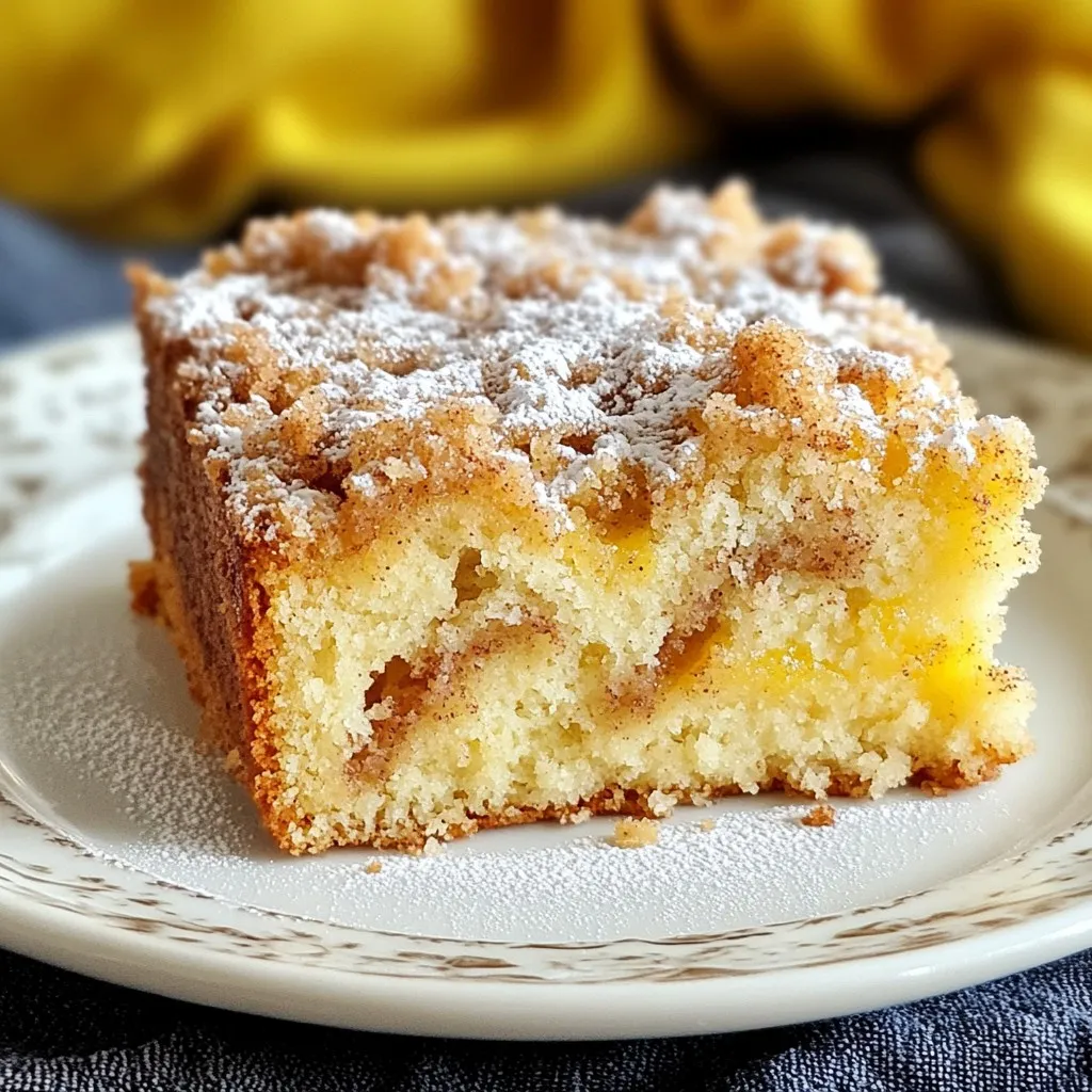 - 2 cups all-purpose flour - 1 cup granulated sugar - 1/2 cup unsalted butter, softened to room temperature - 1 cup sour cream - 2 large eggs, at room temperature - 1 teaspoon vanilla extract - 2 teaspoons baking powder - 1 teaspoon baking soda - 1/2 teaspoon salt - 1 tablespoon ground cinnamon - 1/4 cup packed brown sugar - 1/2 cup chopped nuts (e.g., walnuts or pecans, optional) Gathering the right ingredients is key to making this cake shine. Start with all-purpose flour for the best texture. Granulated sugar gives it sweetness, while unsalted butter adds richness. Sour cream makes it moist and tangy. Use room temperature eggs for a smooth batter and vanilla extract for extra flavor. Baking powder and soda help the cake rise. Salt balances the sweetness, and ground cinnamon brings warmth. Brown sugar adds depth, and nuts offer crunch, if you like. Each ingredient plays a role. Measure them carefully to ensure your cake is perfect. Enjoy the process! {{ingredient_image_2}} First, preheat your oven to 350°F (175°C). This is key for even baking. Next, take a 9x13-inch baking pan and grease it lightly with butter or oil. After that, dust it with flour to stop the cake from sticking. This simple step makes a big difference. In a large bowl, cream together the softened butter and granulated sugar. Use a hand mixer or stand mixer for about 3-4 minutes until it looks light and fluffy. Then, add the eggs one at a time. Mix well after each addition. Stir in the vanilla extract and sour cream until everything is smooth. In another bowl, whisk together the all-purpose flour, baking powder, baking soda, and salt. This helps spread the leavening ingredients evenly. Gradually mix the dry ingredients into the wet ones. Use a spatula or wooden spoon to combine. Do this gently; some lumps are okay. Now it’s time to create the streusel topping. In a small bowl, mix ground cinnamon, packed brown sugar, and chopped nuts if you want. This adds a nice crunch. Pour half of the batter into your prepared pan. Use a spatula to spread it evenly. Then sprinkle half of the streusel on top. Carefully add the rest of the batter over this layer. Spread it gently so you don’t mix the layers. Finally, top with the remaining streusel. Bake your cake for 30-35 minutes. Check doneness by inserting a toothpick into the center. If it comes out clean or with a few crumbs, it’s ready. Let the cake cool in the pan for about 10 minutes before moving it to a wire rack to cool completely. Enjoy your warm slice with coffee or tea! To make a perfect Cinnamon Streusel Coffee Cake, pay attention to the batter. Avoiding overmixing the batter is key. Mix just until the dry ingredients blend with the wet ones. A few lumps are okay. Overmixing can make the cake tough. Ensuring even baking is also important. Use an oven thermometer to check your oven's temperature. If you bake at the wrong temp, the cake may not rise well. Place the cake in the center of the oven for even heat. To make the cake look special, dusting powdered sugar on top is a great idea. This adds a nice touch. You can do this just before serving. It makes the cake look elegant and inviting. For serving suggestions, pair it with a hot cup of coffee or tea. The rich flavors of the cake go well with both drinks. This makes it perfect for brunch or an afternoon snack. Pro Tips Use Room Temperature Ingredients: Ensure your butter, eggs, and sour cream are at room temperature for better mixing and a smoother batter. Don't Overmix: Mix the batter just until combined. Overmixing can lead to a dense coffee cake instead of a light and fluffy one. Customize Your Nuts: Feel free to experiment with different nuts or even omit them entirely to suit your taste preferences. Monitor Baking Time: Ovens can vary, so keep an eye on your cake towards the end of the baking time to prevent overbaking. {{image_4}} You can add fruits to your coffee cake for more flavor. Apples and berries work well. Chopped apples give the cake a sweet and moist touch. Blueberries or raspberries add a nice tartness. You can mix and match fruits based on what you like. Try using different nuts, too. Walnuts give a rich taste. Pecans offer a buttery flavor. You can even skip the nuts if you want a nut-free treat. Just make sure to keep the streusel topping for that crunchy texture. If you need a gluten-free cake, use gluten-free flour. Many blends work well as a substitute. Make sure to check the package for the right ratio. This way, you can still enjoy the cake without gluten. For a vegan option, swap the eggs with flaxseed meal or applesauce. Use a plant-based butter in place of regular butter. You can also choose a dairy-free sour cream or yogurt. These changes keep the cake soft and tasty while making it plant-based. To keep your Cinnamon Streusel Coffee Cake fresh, follow these steps: - Cooling and transferring the cake: After baking, let the cake cool in the pan for about 10 minutes. Then, carefully move it to a wire rack. This step helps avoid sogginess. Allow it to cool completely before storing. - Refrigeration and shelf life: Once cooled, wrap the cake in plastic wrap. You can also use an airtight container. In the fridge, it lasts about 5-7 days. If you keep it at room temperature, it stays good for 2-3 days. To enjoy your cake warm, reheating is a simple task: - How to reheat for best flavor and texture: Preheat your oven to 350°F (175°C). Place slices on a baking sheet. Heat for about 10-15 minutes, or until warm. This method keeps the cake moist and brings back its delicious flavors. Avoid using the microwave, as it can make the cake dry. What is the best way to measure flour? To measure flour well, use a spoon to scoop it into a dry measuring cup. Then, level it off with a knife. This method stops the flour from packing down. You want a light and fluffy cup of flour for the best texture. Can I substitute sour cream? Yes, you can use plain yogurt instead of sour cream. Greek yogurt works well too. Both will keep your cake moist and add a nice tangy taste. You could also use buttermilk if you have that on hand. How do I know when the coffee cake is done? To check if your cake is done, insert a toothpick into the center. If it comes out clean or with a few crumbs, it's ready. If wet batter sticks to it, bake for a few more minutes. Keep an eye on it to avoid overbaking. Can I freeze Cinnamon Streusel Coffee Cake? Yes, you can freeze this coffee cake. Let it cool completely first. Then, wrap it tightly in plastic wrap and foil. It will stay fresh in the freezer for up to three months. When ready to eat, thaw it in the fridge overnight and warm it up. You now know the key steps to make a delicious Cinnamon Streusel Coffee Cake. By following the ingredient list, step-by-step guide, and tips, you’ll bake a tasty treat. Don’t forget to try different flavors and dietary options to suit your needs. Store it right to enjoy later and reheat for the best taste. Happy baking!