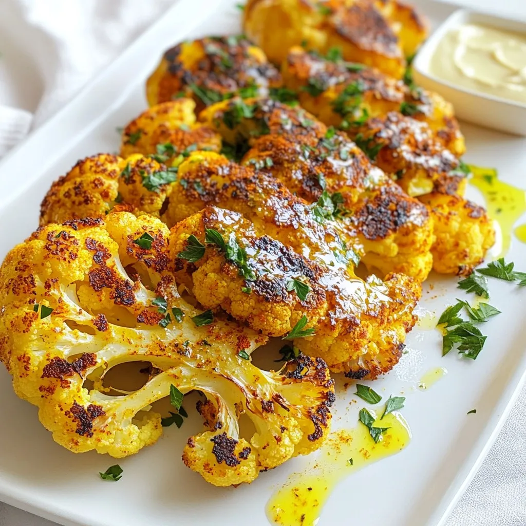 - 1 large head of cauliflower - 3 tablespoons extra virgin olive oil - 2 teaspoons ground turmeric - 1 teaspoon smoked paprika - 1 teaspoon garlic powder - 1 teaspoon sea salt - ½ teaspoon freshly ground black pepper - 2 tablespoons freshly squeezed lemon juice - 2 tablespoons chopped fresh parsley - 1 tablespoon tahini (optional) Turmeric roasted cauliflower steaks are a vibrant and tasty dish. The main star is a large head of cauliflower. Choose a fresh, firm one for the best flavor. You will also need extra virgin olive oil to help the spices stick and add richness. The magic happens with ground turmeric and smoked paprika. Turmeric gives a golden color and a warm taste. Smoked paprika adds a hint of smokiness that elevates this dish. To balance the flavors, we use garlic powder, sea salt, and freshly ground black pepper. These spices enhance the cauliflower’s natural taste. A squeeze of fresh lemon juice brightens the dish. Finally, chopped fresh parsley adds a pop of color and freshness. You can drizzle tahini on top for a creamy finish, but it is optional. This recipe is simple and brings joy to your table. Enjoy the rich flavors and beautiful colors! {{ingredient_image_2}} - Preheat your oven to 425°F (220°C). - Line a large baking sheet with parchment paper for easy cleanup. - Remove the green leaves from the cauliflower head. - Use a sharp knife to slice the head into ¾-inch thick steaks. - Aim for 2-3 steaks from the center. - Set aside any leftover florets for roasting. - In a small bowl, mix olive oil, turmeric, smoked paprika, garlic powder, sea salt, and black pepper. - Whisk until you have a smooth marinade. - Use a brush to coat both sides of each cauliflower steak with the marinade. - Ensure each steak has even coverage. - Place the coated cauliflower steaks on the prepared baking sheet. - Make sure not to overcrowd them. - Roast in the oven for 20 minutes. - After 20 minutes, flip the steaks using a spatula. - Roast for another 15-20 minutes until golden brown and tender. - When done, drizzle fresh lemon juice over the steaks. - Let them rest for a few minutes before serving. To get a golden-brown crust on your cauliflower steaks, use high heat. Preheat your oven to 425°F (220°C). This temperature helps create a nice caramelization. Make sure to coat your steaks well with oil and spices. The oil helps them crisp up nicely. To keep your cauliflower tender, do not overcrowd the baking sheet. Space each steak well so they can roast evenly. Flipping them halfway through also helps. It allows both sides to cook well without drying out. You can add extra flavor by using spices like cumin or coriander. These spices can enhance the taste of the turmeric. You can also think about using a bit of cayenne for heat. For oils, extra virgin olive oil works best. It has great flavor and a high smoke point. If you want a different taste, try avocado oil. It’s mild and lets the spices shine. When serving, think about adding color to your plate. A sprinkle of fresh parsley brightens up the dish. You can also slice lemon wedges for garnish. They add a fresh touch and look nice. If you want to use tahini, thin it out with water. Aim for a drizzle-able consistency. Drizzle the tahini over the steaks just before serving. This adds creaminess and flavor. It makes the dish look even more appealing! Pro Tips Choose the Right Cauliflower: Look for a large, firm head of cauliflower with tightly packed florets and vibrant green leaves for the best flavor and texture. Marinate for Extra Flavor: Allow the coated cauliflower steaks to rest for at least 10 minutes before roasting to enhance the absorption of spices and oil. Experiment with Spices: Feel free to customize the spice blend by adding your favorite herbs or spices like cumin or coriander for a unique twist on flavor. Check for Doneness: Keep an eye on the steaks during the final roasting phase; they should be golden brown and tender but not mushy when done. {{image_4}} You can easily change the flavor of your turmeric roasted cauliflower steaks. Try adding spices like cumin or coriander for a warm taste. Fresh herbs like thyme or rosemary can brighten the dish. For a spicy kick, sprinkle some cayenne pepper on top. You can also use sauces. A touch of soy sauce or balsamic vinegar adds depth. Drizzling sriracha can give your dish a nice heat. These options let you customize your meal based on your moods or what you have on hand. This recipe is already vegan and gluten-free. You don’t need to change much if you follow these diets. For low-carb options, you can skip the tahini or serve with a salad. You can pair these steaks with a side of roasted veggies or a fresh salad. This way, you keep the carbs low while still enjoying a full meal. Cauliflower steaks go well with many sides. Try them with quinoa or brown rice for a hearty meal. A fresh green salad adds a nice crunch to balance the dish. You can also serve roasted potatoes or sweet potatoes for extra flavor. To create a complete meal, pair the cauliflower with a protein source. Grilled chicken or chickpeas work great. This makes your dinner not only tasty but also filling and satisfying. To store your cooked cauliflower steaks, place them in an airtight container. This keeps them fresh and tasty. You can store them in the fridge for up to 3 days. After that, the flavor may fade, and the texture may change. For the best taste, use the oven to reheat your cauliflower steaks. Preheat your oven to 350°F (175°C) and warm for about 10 minutes. This method keeps them crispy and delicious. If you use a microwave, place them on a microwave-safe plate. Heat for 1-2 minutes, but they may become soft. Yes, you can freeze cauliflower steaks. Start by letting them cool completely. Then, wrap each steak in plastic wrap and place them in a freezer bag. They can last for up to 3 months in the freezer. When you want to eat them, thaw overnight in the fridge. After thawing, reheat them in the oven for the best results. To cut cauliflower into steaks, first remove the green leaves. Next, use a sharp knife to slice the head into thick pieces. Aim for about ¾-inch thick steaks. This size helps them cook well and hold their shape. You can get 2-3 steaks from the center of the cauliflower. Save any leftover florets for roasting too. I recommend using fresh cauliflower for the best taste and texture. Frozen cauliflower may become mushy when cooked. It can also lose some flavor. If you only have frozen, try to thaw and dry it well before cooking. This helps maintain some texture, but it won't be the same as fresh. Turmeric is great for your health! It contains curcumin, which has strong anti-inflammatory effects. This spice can help with joint pain and digestion. It may also boost your immune system. Adding turmeric to your diet can enhance your meals and provide many benefits. Enjoying turmeric roasted cauliflower is both tasty and good for your body! In this blog post, I shared how to make delicious cauliflower steaks. We covered the main ingredients, preparation, marinating, and roasting steps. I also shared tips for perfecting your roast and serving ideas. Remember, you can customize flavors and store leftovers properly. Enjoy experimenting with this healthy dish. Cauliflower steaks are easy to make and full of taste. Try them today and find your favorite variation!