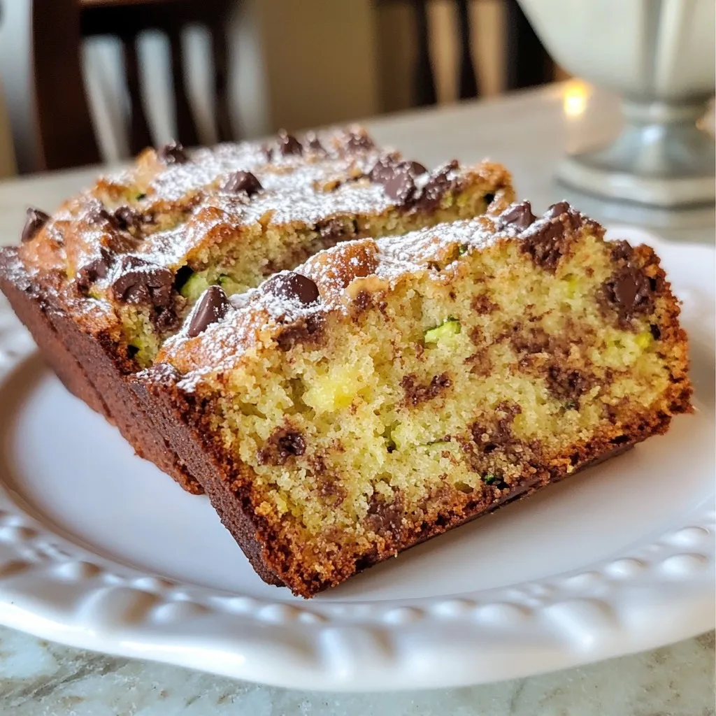 For a rich and moist chocolate chip zucchini bread, gather these key ingredients: - 1 medium zucchini, grated (about 1 cup) - 1 cup all-purpose flour - 1/2 cup whole wheat flour - 1/2 teaspoon baking powder - 1/2 teaspoon baking soda - 1/2 teaspoon salt - 1 teaspoon ground cinnamon - 1/2 cup granulated sugar - 1/4 cup packed brown sugar - 1/2 cup vegetable oil - 2 large eggs - 1 teaspoon vanilla extract - 1 cup semi-sweet chocolate chips - 1/2 cup chopped walnuts or pecans (optional) These ingredients work together to create a delightful treat. The zucchini adds moisture without a strong flavor. The mix of sugars gives it sweetness and depth. You can use walnuts or pecans if you enjoy a bit of crunch. By using both all-purpose and whole wheat flour, you balance texture and nutrition. The baking powder and baking soda help it rise, making the bread soft. Ground cinnamon adds warmth and enhances the chocolate flavor. Make sure to measure everything accurately. Fresh ingredients yield the best results. This recipe serves about 8 to 10 slices, perfect for sharing with friends or family. Enjoy the process of baking and the delicious smell that fills your kitchen! {{ingredient_image_2}} First, I preheat my oven to 350°F (175°C). This step is key for even baking. Next, I take a 9x5-inch loaf pan and grease it well. I often use butter or cooking spray. If I want easy removal, I line it with parchment paper. I then grate one medium zucchini, which gives me about one cup. In a medium bowl, I mix the grated zucchini with half a cup of granulated sugar and a quarter cup of brown sugar. This mix sits for about ten minutes. Resting helps draw out moisture from the zucchini, making my bread moist and tender. While the zucchini rests, I grab another bowl. I whisk together one cup of all-purpose flour, half a cup of whole wheat flour, half a teaspoon of baking powder, half a teaspoon of baking soda, half a teaspoon of salt, and one teaspoon of ground cinnamon. Mixing these dry ingredients well ensures an even rise and great flavor. In a large mixing bowl, I whisk together half a cup of vegetable oil, two large eggs, and one teaspoon of vanilla extract until smooth. Then, I gently stir in the zucchini mixture. I’m careful not to overmix at this stage. Next, I gradually add the dry flour mixture, mixing just until combined. I prefer a few lumps; they show I didn’t overdo it. Finally, I fold in one cup of semi-sweet chocolate chips and any chopped nuts if I choose to add them. I pour the batter into my prepared loaf pan, smoothing the top with a spatula. I then place it in the preheated oven for 50 to 60 minutes. I check for doneness by inserting a toothpick into the center. If it comes out clean, my bread is ready! After baking, I let it cool in the pan for about ten minutes before moving it to a wire rack to cool completely. - Allowing zucchini to rest: After grating the zucchini, mix it with the sugars and let it sit for about 10 minutes. This step helps pull out extra moisture, making your bread soft and moist. The water released from the zucchini blends well into the batter, giving it a nice texture. - Avoiding overmixing: When you combine the wet and dry ingredients, mix just until you see no flour. Overmixing can make the bread dense. A few lumps are okay. This allows your bread to rise nicely and stay fluffy. - Considering optional ingredients like nuts and spices: You can add chopped walnuts or pecans for a delightful crunch. If you like spice, add a pinch of nutmeg or even some ginger. These ingredients boost the flavor and make the bread more interesting. Feel free to experiment with what you have at home. - Serving suggestions and garnishing ideas: Once the bread cools, slice it warm or at room temperature. For a special touch, dust it with powdered sugar or add a dollop of whipped cream. Garnish with a sprig of mint or a sprinkle of cocoa powder for a pop of color. These simple steps make your bread look as good as it tastes. Enjoy sharing this treat with friends and family! Pro Tips Grate Zucchini Efficiently: Use a box grater or food processor to quickly grate the zucchini. This saves time and ensures even distribution in the batter. Moisture Management: After grating, lightly squeeze the zucchini in a clean kitchen towel to remove excess moisture if you prefer a less dense loaf. Chocolate Chip Variations: Experiment with different types of chocolate chips, such as dark or white chocolate, to customize the flavor of your zucchini bread. Storage Tips: Keep any leftover zucchini bread wrapped tightly in plastic wrap or in an airtight container at room temperature for up to three days, or freeze for up to three months. {{image_4}} You can make this zucchini bread gluten-free. Use a gluten-free flour blend instead of all-purpose and whole wheat flour. Look for a blend that has xanthan gum. This helps with texture and keeps your bread soft. For a vegan version, replace the eggs with flax eggs. To make a flax egg, mix one tablespoon of ground flaxseed with three tablespoons of water. Let it sit for about five minutes. For oil, you can use applesauce or melted coconut oil. This keeps the bread moist and flavorful. Feel free to get creative with flavors! You can try dark chocolate chips, white chocolate, or even peanut butter chips. Adding fruits like bananas or berries works great too. They add sweetness and moisture to the bread. Just remember to adjust the sugar to keep it balanced. After baking, let your chocolate chip zucchini bread cool completely. Then, wrap it tightly in plastic wrap or foil. You can also place it in an airtight container. If you leave it at room temperature, it will stay fresh for up to three days. For longer storage, put it in the fridge. This helps keep it moist, but it may last up to a week. Freezing zucchini bread is simple. Follow these steps for the best results: 1. Cool the Bread: Make sure your bread is completely cool. 2. Wrap It Up: Wrap the loaf in plastic wrap tightly. Then, add a layer of foil on top. 3. Label: Write the date on the foil. This helps you remember when you froze it. 4. Freeze: Place the wrapped bread in the freezer. It can stay there for about three months. To thaw, remove it from the freezer. Take off the foil and plastic wrap. Let it sit at room temperature for a few hours. You can also warm it in the oven for a quick treat. Chocolate chip zucchini bread has a good shelf life when stored properly. Here’s how long it lasts: - Room Temperature: 2-3 days in an airtight container. - Refrigerator: 5-7 days when wrapped well. - Freezer: Up to 3 months when properly wrapped. By following these tips, you can enjoy your delicious chocolate chip zucchini bread for days! Yes, you can use frozen zucchini. First, thaw it completely. Then, drain any extra water. Frozen zucchini often has more moisture than fresh. This can add extra wetness to your batter. If you use frozen zucchini, cut back on any liquids in the recipe. This helps keep the bread from being too soggy. To check if your bread is done, use a toothpick. Insert it into the center of the loaf. If it comes out clean or with a few crumbs, your bread is ready. If the toothpick has wet batter, bake for a few more minutes. Keep an eye on it so it doesn't overbake. Overbaking can make the bread dry. You have many choices if you want to swap out chocolate chips. Try using nuts for crunch. Chopped walnuts or pecans add great flavor. You can also use dried fruit like raisins or cranberries. For a fun twist, try butterscotch chips or white chocolate chips. Make it your own! In this post, we explored how to make delicious zucchini bread. We went over the necessary ingredients, step-by-step instructions, and helpful tips for perfect results. You learned about variations like gluten-free and vegan options to suit your needs. Proper storage and answers to your FAQs keep your bread fresh. Baking zucchini bread is fun and rewarding. Now you can enjoy a tasty treat while being creative in your kitchen!