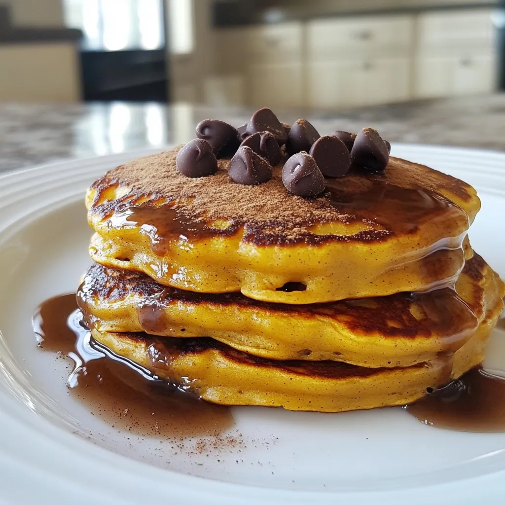 Here are the simple ingredients you need for chocolate chip pumpkin pancakes: - 1 cup all-purpose flour - 1 cup canned pumpkin puree - 1/2 cup milk (any variety) - 2 large eggs - 2 tablespoons granulated sugar - 2 teaspoons baking powder - 1 teaspoon ground cinnamon - 1/2 teaspoon ground nutmeg - 1/4 teaspoon salt - 1/2 cup semi-sweet chocolate chips - 2 tablespoons melted butter (plus extra for cooking) These ingredients blend together to make pancakes that are soft and tasty. The pumpkin puree adds a lovely flavor and helps keep the pancakes moist. The chocolate chips bring a sweet touch. You can use any milk you like, from whole to almond. Remember, fresh ingredients make a big difference in taste. Make sure your baking powder is fresh for the best rise. Enjoy gathering your ingredients! {{ingredient_image_2}} Start by grabbing a large mixing bowl. In this bowl, whisk together: - 1 cup all-purpose flour - 2 tablespoons granulated sugar - 2 teaspoons baking powder - 1 teaspoon ground cinnamon - 1/2 teaspoon ground nutmeg - 1/4 teaspoon salt Make sure to whisk until everything blends well. You want no clumps left. This mix gives your pancakes a great base. Now, take a medium-sized bowl. Combine: - 1 cup canned pumpkin puree - 1/2 cup milk (any variety) - 2 large eggs - 2 tablespoons melted butter Whisk these ingredients together until they look smooth. This mixture adds moisture and flavor to your pancakes. Next, pour the wet ingredients into the dry ingredients. Use a spatula or wooden spoon to stir gently. Mix until just combined. It’s okay if the batter stays a bit lumpy. This helps keep the pancakes fluffy. Then, fold in: - 1/2 cup semi-sweet chocolate chips This step adds a sweet touch to your pancakes. Preheat a non-stick skillet or griddle over medium heat. Add a small amount of melted butter to coat the surface. Using a measuring cup, pour about 1/4 cup of batter for each pancake. Cook for about 3-4 minutes. Watch for bubbles to form. When they appear, it’s time to flip. Cook for another 2-3 minutes until golden brown. Transfer the pancakes to a warm plate while you finish the rest. Enjoy your tasty creation! To make your pancakes light and fluffy, you must avoid overmixing the batter. This is key! When you combine the wet and dry ingredients, stir gently. You want some lumps to remain. This little trick keeps your pancakes airy and soft. Use medium heat when cooking your pancakes. This helps them cook evenly. A good skillet or griddle is important too. You want a nice golden color on both sides. If the heat is too high, the outside will burn before the inside cooks. Serve your pancakes warm. A drizzle of maple syrup adds sweetness. You can also sprinkle more chocolate chips on top for fun. If you want something creamy, add whipped cream. These toppings make your pancakes even more delicious! Pro Tips Use Fresh Ingredients: Always opt for fresh canned pumpkin puree and check the expiration date on your baking powder for the best results. Customize Your Sweetness: Adjust the amount of granulated sugar based on your preference for sweetness, especially if you plan to add syrup on top. Keep Pancakes Warm: If making a large batch, keep cooked pancakes warm in an oven set to low heat while you finish cooking the rest. Experiment with Toppings: Try adding crushed nuts, whipped cream, or even a sprinkle of powdered sugar for a delightful twist on serving. {{image_4}} If you need a nut-free option, you can use gluten-free flour. Substitute almond flour with a mix of gluten-free all-purpose flour. This switch keeps the pancakes light and fluffy. You won’t lose any flavor or texture, making it perfect for everyone. For a dairy-free version, simply use almond milk or coconut milk. Both choices work well with the pumpkin puree. You can also swap regular chocolate chips for dairy-free ones. This way, you can enjoy the pancakes without dairy. If you want to kick up the flavor, add spices like ginger or cloves. These spices give a warm and cozy taste. Just mix them into your dry ingredients. This small change makes a big difference in flavor. You will love the extra spice with your chocolate chips! Store your leftover pancakes in an airtight container in the refrigerator. This keeps them fresh for up to three days. Just make sure they cool down before you seal them up. If you want to save pancakes for later, freeze them. Layer the pancakes with parchment paper in between. This way, you can easily separate them when you want to use them. They can last in the freezer for up to three months. To enjoy your pancakes again, reheat them quickly. You can use the microwave for about 30 seconds. If you prefer, heat them in a skillet over medium-low heat. This gives them a nice crisp on the outside while keeping them soft inside. Yes, you can cook and puree fresh pumpkin for this recipe. Start by cutting the pumpkin in half. Scoop out the seeds and stringy parts. Roast the halves in the oven at 350°F for about 45 minutes until soft. Once cool, scoop out the flesh and blend it until smooth. This fresh puree adds a vibrant flavor to your pancakes. You can use chopped nuts, dried fruits, or leave them out for a plain version. Walnuts or pecans add crunch. Dried cranberries or raisins can bring a sweet twist. If you prefer no mix-ins, the pancakes will still taste great! Look for bubbles on the surface and a golden-brown color on both sides. When you see bubbles forming, it’s time to flip. After cooking, the pancakes should feel light and fluffy. If they are golden on both sides, they are ready to serve. In this blog post, we explored the simple ingredients and steps to make delicious pumpkin pancakes. You learned about mixing wet and dry ingredients, cooking tips, and great serving ideas. Remember, keep it light and fluffy by not overmixing. Personalize your pancakes with nut-free or dairy-free options, or add extra spice. Finally, store leftovers well and reheat easily for tasty breakfasts anytime. Enjoy making these fun and tasty pancakes!