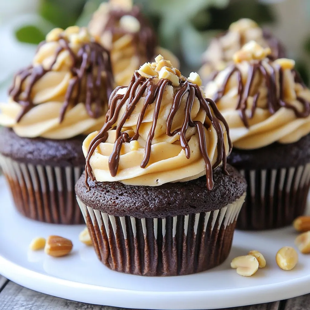 For these tasty chocolate peanut butter cupcakes, you will need: - 1 cup all-purpose flour - 1/2 cup unsweetened cocoa powder - 1 cup granulated sugar - 1 teaspoon baking powder - 1/2 teaspoon baking soda - 1/4 teaspoon salt - 1/2 cup unsalted butter, melted - 2 large eggs - 1/2 cup whole milk - 1 teaspoon vanilla extract - 1/2 cup creamy peanut butter - 1/2 cup powdered sugar - 1/4 cup heavy cream These ingredients mix together to create a rich and moist cupcake that has a delightful peanut butter frosting. You can make your cupcakes look even better with these garnishes: - Chocolate shavings - Crushed peanuts - A drizzle of chocolate syrup These additions not only enhance the look but also add some extra flavor. If you need to make changes, here are some swaps: - Use almond flour instead of all-purpose flour for a gluten-free option. - Replace unsweetened cocoa powder with carob powder for a different taste. - Use coconut oil instead of unsalted butter for a dairy-free version. - Try almond milk instead of whole milk for a lighter option. These substitutions keep your cupcakes yummy while fitting your dietary needs. {{ingredient_image_2}} Start by preheating your oven to 350°F (175°C). This step is key for even baking. Line a muffin tin with cupcake liners. This helps with easy removal later. In a large mixing bowl, combine the dry ingredients. Add 1 cup of all-purpose flour, 1/2 cup of unsweetened cocoa powder, 1 cup of granulated sugar, 1 teaspoon of baking powder, 1/2 teaspoon of baking soda, and 1/4 teaspoon of salt. Whisk these together well. This ensures that your cupcakes will rise nicely. In another bowl, whisk together the wet ingredients. Use 1/2 cup of melted unsalted butter, 2 large eggs, 1/2 cup of whole milk, and 1 teaspoon of vanilla extract. Make sure this mixture is smooth. It adds richness to your cupcakes. Slowly pour your wet mixture into the dry ingredients. Stir gently with a spatula or spoon. Mix just until combined. Don’t worry about lumps; it’s okay to have a few. Overmixing can make your cupcakes tough. Use a spoon or cookie scoop to fill the cupcake liners. Each liner should be about two-thirds full. This gives your cupcakes space to rise without overflowing. Place the muffin tin in your preheated oven. Bake for 18-20 minutes. To test if they are done, insert a toothpick into the center of a cupcake. It should come out clean or with a few moist crumbs. While your cupcakes cool, make the frosting. In a medium bowl, beat together 1/2 cup of creamy peanut butter and 1/2 cup of powdered sugar. Gradually mix in 1/4 cup of heavy cream. Keep mixing until it reaches a creamy consistency. Once the cupcakes are completely cool, it’s time to frost them. Use a piping bag or a knife to spread the peanut butter frosting on top. Be generous; you want each bite to be rich and creamy. For a nice touch, you can garnish your frosted cupcakes. Consider adding chocolate shavings or a sprinkle of finely crushed peanuts. This not only adds flavor but also makes your cupcakes look stunning. To bake perfect chocolate peanut butter cupcakes, start with good ingredients. Fresh eggs and quality cocoa powder make a big difference. Always measure your flour correctly. Use a spoon to scoop the flour into a cup and level it off. This helps avoid dense cupcakes. Another tip is to preheat your oven fully. If the oven isn’t hot enough, cupcakes won’t rise well. Place the muffin tin in the center of the oven for even heat. This helps them bake uniformly. For the best peanut butter frosting, use creamy peanut butter. This helps the frosting spread smoothly. Start by mixing the peanut butter and powdered sugar. Gradually add heavy cream until you get a creamy texture. If the frosting is too thick, add a little more cream. If it’s too thin, add a bit more powdered sugar. You want it to hold its shape but still be easy to spread. One common mistake is overmixing the batter. This can make your cupcakes tough. Mix just until the wet and dry ingredients blend. Also, don’t skip cooling the cupcakes before frosting. If you frost warm cupcakes, the frosting will melt and slide off. Always let them cool completely. Lastly, avoid using too much frosting on each cupcake. A little goes a long way, and it balances the flavors nicely. Pro Tips Use Room Temperature Ingredients: Ensure your eggs and milk are at room temperature before mixing. This helps create a smoother batter and contributes to a lighter cupcake texture. Don’t Overmix the Batter: Mix until just combined to avoid dense cupcakes. A few lumps are okay; they will bake out, resulting in a fluffy texture. Cool Completely Before Frosting: Allow the cupcakes to cool completely before adding frosting. This prevents the frosting from melting and losing its shape. Experiment with Toppings: Get creative with your garnishes! Consider using crushed pretzels, caramel drizzle, or even a sprinkle of sea salt for an extra flavor kick. {{image_4}} You can make these cupcakes gluten-free easily. Use a gluten-free all-purpose flour instead of regular flour. Look for a blend that includes xanthan gum. This gum helps give your cupcakes a nice texture. The rest of the ingredients stay the same. Your cupcakes will still be rich and delicious! Want a vegan version? Swap out the eggs for flax eggs. To make a flax egg, mix one tablespoon of flaxseed meal with three tablespoons of water. Let it sit for about five minutes to thicken. Use a plant-based milk, like almond or oat milk, instead of whole milk. For the frosting, replace the creamy peanut butter with a vegan brand. Use coconut cream instead of heavy cream for a rich texture. You can add fun flavors to your cupcakes! Try mixing in chocolate chips for extra sweetness. You can also fold in chopped nuts like pecans or walnuts for added crunch. Want more peanut flavor? Add a teaspoon of peanut butter powder to the batter. For a twist, use a hint of espresso powder. It pairs well with chocolate and enhances the flavors nicely! To keep your chocolate peanut butter cupcakes fresh, store them in an airtight container. Place a piece of wax paper between layers if stacking. This will prevent them from sticking together. Make sure the container is at room temperature. Cupcakes will stay fresh for about 3 days. If you live in a humid area, keep them in the fridge for better results. Freezing is a great way to save leftover cupcakes. Start by letting them cool completely. Wrap each cupcake tightly in plastic wrap. Then, place them in a freezer-safe bag or container. They can last up to 2 months in the freezer. To enjoy them, thaw at room temperature for about an hour. You can also warm them slightly in the oven for a fresh taste. To keep your peanut butter frosting fresh, store it in an airtight container. Place it in the fridge if you don’t use it right away. It will last about a week. If you want to use it later, you can freeze it too. Just remember to thaw it in the fridge before using. Mix it again to restore its creamy texture. The best chocolate peanut butter cupcakes have a rich chocolate flavor and creamy frosting. You use high-quality cocoa powder for deep taste. Fresh ingredients are key—especially eggs and butter. Mixing dry and wet ingredients gently keeps the cupcakes light and fluffy. Lastly, don’t forget the peanut butter! It adds a delicious, nutty kick. Yes, you can make these cupcakes ahead of time. Bake them and let them cool completely. Then, store them in an airtight container at room temperature. They stay fresh for about two days. If you want them to last longer, freeze them. Just wrap each cupcake tightly in plastic wrap. Frost them when you are ready to serve. If your cupcakes are overbaked, they might be dry. To fix this, you can soak them with simple syrup. Mix equal parts water and sugar, then heat until the sugar dissolves. Brush this syrup over the cupcakes to add moisture. You can also serve them with extra frosting or ice cream for added softness. The best way to frost cupcakes is to wait until they are cool. Use a piping bag for a smooth finish, or a knife for a rustic look. Start from the outside and work your way in, or just make a big swirl on top. For a fun touch, add sprinkles or crushed peanuts for texture. Yes, you can substitute peanut butter with other nut butters. Almond butter or cashew butter work well, too. Just make sure they are creamy for the best texture. Keep in mind that using a different nut butter can change the flavor. Choose one that you enjoy to keep it tasty! You now know how to make delicious chocolate peanut butter cupcakes. We covered the main ingredients, including useful substitutions. I shared step-by-step instructions, tips for perfect frosting, and how to avoid common mistakes. Variations for gluten-free and vegan options add exciting choices. Plus, I offered storage tips to keep your treats fresh. Enjoy baking these cupcakes; they’re sure to impress! With practice, you'll master them and share these delights with friends. Happy baking!