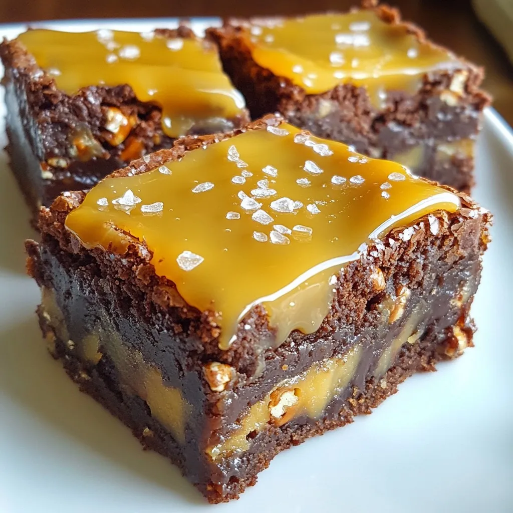 To make salted caramel pretzel brownies, gather these items: - 1 cup unsalted butter (2 sticks) - 2 cups granulated sugar - 4 large eggs - 1 teaspoon vanilla extract - 1 cup all-purpose flour - 1 cup unsweetened cocoa powder - 1 teaspoon baking powder - 1/2 teaspoon salt - 1 cup chocolate chips - 1 cup pretzel pieces (roughly crushed) - 1 cup homemade or store-bought salted caramel sauce You can swap some ingredients if needed: - Use salted butter instead of unsalted for a saltier taste. - Replace granulated sugar with brown sugar for a deeper flavor. - Egg substitutes like applesauce or flaxseed meal work for a vegan option. - Try almond flour instead of all-purpose flour for gluten-free brownies. - Use cocoa powder alternatives like carob powder for a different taste. Using high-quality ingredients makes a big difference. Fresh eggs and real vanilla extract add flavor. Good cocoa powder ensures rich chocolate taste. When you choose quality salted caramel, it enhances your brownies' sweetness. Even the pretzels matter; crunchy, fresh pretzels add texture. Investing in these ingredients creates a better dessert experience. You want each bite to be delicious and memorable. {{ingredient_image_2}} Start by preheating your oven to 350°F (175°C). Grease a 9x13 inch baking pan or line it with parchment paper. This helps with easy release after baking. In a medium saucepan, melt 1 cup of unsalted butter over low heat. Once the butter melts, remove it from the heat. Stir in 2 cups of granulated sugar until smooth. Next, beat in 4 large eggs one at a time. Make sure each egg mixes in well before adding the next. After that, mix in 1 teaspoon of vanilla extract. In a separate bowl, combine 1 cup of all-purpose flour, 1 cup of unsweetened cocoa powder, 1 teaspoon of baking powder, and 1/2 teaspoon of salt. Gradually fold this dry mix into the wet mix using a spatula. Mix until just combined to keep the brownies tender. Now it’s time to add the fun stuff! Carefully fold in 1 cup of chocolate chips and 1 cup of crushed pretzel pieces. Spread half of the brownie batter into the prepared pan. Drizzle half of the salted caramel sauce over this layer. Use a knife or toothpick to swirl the caramel into the batter. Pour the rest of the brownie batter on top. Smooth it out and drizzle the remaining salted caramel sauce on the top layer. You can swirl it again for a pretty finish. Bake the brownies in your preheated oven for 25-30 minutes. To check if they are done, insert a toothpick into the center. It should come out with a few moist crumbs but no wet batter. After baking, let the brownies cool in the pan for about 15 minutes. Use the parchment paper to lift them out of the pan. Place them on a wire rack to cool completely. Once they are cool, cut the brownies into squares. Before serving, sprinkle a pinch of sea salt on top of each brownie. This little touch enhances the sweet and salty flavors, making them even more irresistible. To get the best texture for your brownies, avoid overmixing the batter. Mix just until you see no dry flour. This keeps the brownies soft and chewy. Use room temperature eggs to help them mix well. The butter should be melted but not hot. This helps combine the ingredients smoothly. When melting chocolate, use low heat. You can use a double boiler or a microwave. If using a microwave, heat in short bursts, about 20 seconds. Stir between each burst. This prevents the chocolate from burning. Always watch closely, as chocolate can turn from melted to burnt quickly. Making caramel sauce from scratch is simple. You need sugar, butter, and cream. Start by melting sugar over medium heat. Stir often until it turns amber. Then add butter and cream quickly. Be careful, as it bubbles up. Stir until smooth and let it cool before using. This homemade sauce adds a rich flavor to your brownies. Pro Tips Use Room Temperature Ingredients: Allow your eggs and butter to come to room temperature before mixing. This helps create a smoother batter and results in more tender brownies. Don't Overmix: When combining the dry ingredients with the wet mixture, mix just until incorporated. Overmixing can lead to dense brownies. Choose Quality Chocolate: Using high-quality chocolate chips will enhance the flavor of your brownies. Look for a brand you enjoy eating on its own. Swirl with Care: When swirling the caramel into the batter, use a gentle hand to create beautiful marbling without fully mixing it in. This adds both flavor and visual appeal. {{image_4}} You can add nuts for a fun twist. Chopped walnuts or pecans work well. They add a nice crunch. Mix in about 1 cup of your chosen nuts into the batter. This gives your brownies a richer texture. Plus, the nuts enhance the flavor. If you want to mix it up, try different sauces. A chocolate fudge sauce can be drizzled on top. You might also like a white chocolate sauce for a different taste. For toppings, consider using crushed candy bars or sprinkles. Both options add fun and flair to your brownies. To make gluten-free brownies, swap the all-purpose flour. Use a gluten-free flour blend instead. Make sure to check that all other ingredients are gluten-free too. This way, everyone can enjoy the treat. Your brownies will still be soft and tasty! After you enjoy these brownies, store the leftovers to keep them fresh. Place them in an airtight container. This will help keep them moist and chewy. You can keep them at room temperature for up to three days. If you want them to last longer, refrigeration is a good option. Just remember to let them return to room temperature before eating for the best taste. Freezing these brownies is easy. Cut them into squares before freezing. Wrap each square tightly in plastic wrap. Then, place them in a freezer-safe bag or container. They can stay in the freezer for up to three months. When you are ready to enjoy them, simply take out what you need and let them thaw at room temperature. To reheat your brownies, preheat your oven to 350°F (175°C). Place the brownies on a baking sheet. Heat them for about 10 minutes. This will revive their fudgy texture and warm up their flavors. If you prefer a microwave, heat them for about 15-20 seconds. Just be careful not to overheat them, as they can become tough. Enjoy them warm for a delightful treat! You can check if the brownies are done by inserting a toothpick into the center. If it comes out with a few moist crumbs, they are ready. The brownies should not be wet but still soft. Bake them for 25 to 30 minutes. Keep an eye on them as oven times can vary. If you overbake, they may turn dry. Yes, you can use store-bought caramel for this recipe. It saves time and still tastes great. Look for a salted caramel option to match the flavor of the brownies. Just make sure it is thick enough to hold its shape when drizzled. If you need a substitute for eggs, use unsweetened applesauce. Replace each egg with 1/4 cup of applesauce. This keeps the brownies moist and adds a hint of sweetness. You can also use mashed bananas or a flaxseed mixture. To make this, mix 1 tablespoon of ground flaxseed with 2.5 tablespoons of water and let it sit for a few minutes. In this post, we explored making the best brownies. We covered ingredients, steps, and tips for the perfect bake. You learned about ingredient swaps and how quality matters. We discussed storage and answered key questions. Cooking is fun and a great way to try new things. Experiment with different flavors and make it your own. Enjoy your baking journey!