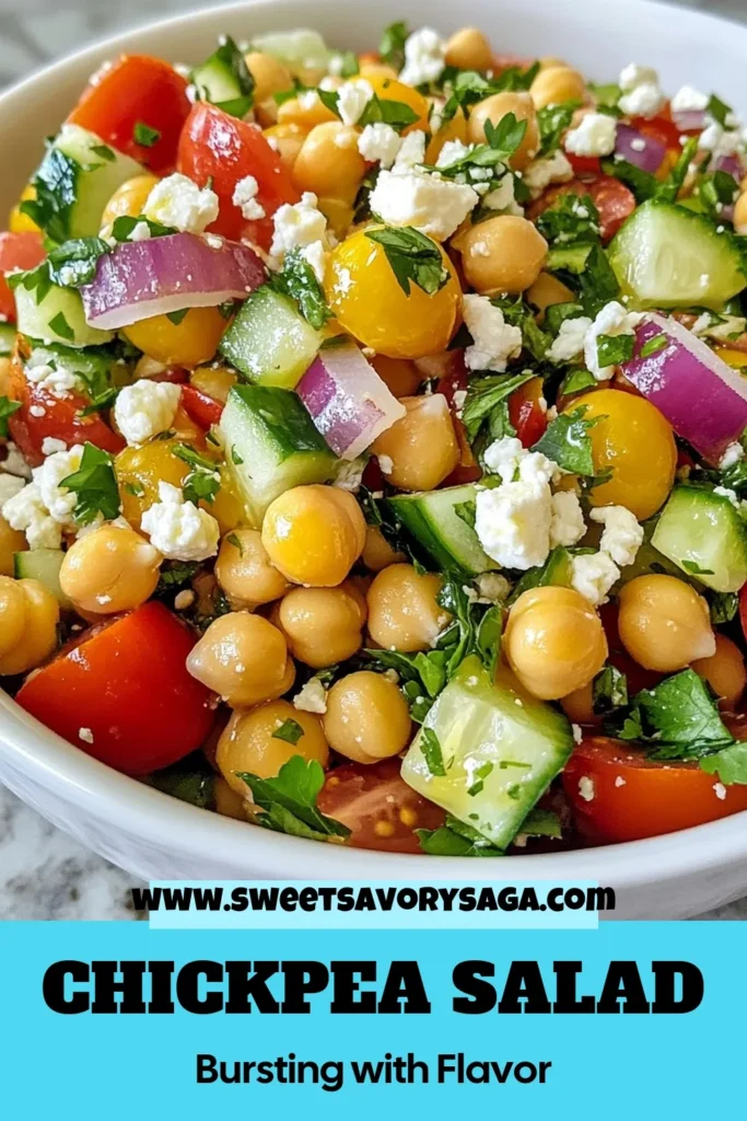 Discover the refreshing taste of Mediterranean chickpea salad with this easy Mediterranean salad recipe! Packed with chickpeas, veggies, and creamy feta, this healthy chickpea recipe makes a perfect vegan Mediterranean salad for any occasion. Whip it up in just 15 minutes and enjoy the vibrant flavors. Save this delicious feta chickpea salad for your next meal! #MediterraneanChickpeaSalad #HealthyRecipes #VeganSalad #ChickpeaSalad