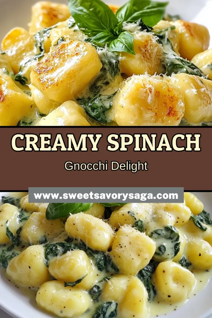 Indulge in this creamy spinach gnocchi recipe that’s ready in just 20 minutes! Perfect for a quick vegetarian dinner, this easy gnocchi recipe features tender potato gnocchi coated in a rich homemade gnocchi sauce made with fresh spinach and Parmesan. Impress your family with this delightful Parmesan spinach recipe that combines simplicity and flavor. Save this recipe for your next meal! #CreamySpinachGnocchi #VegetarianDinner #EasyGnocchi #HomemadeSauce