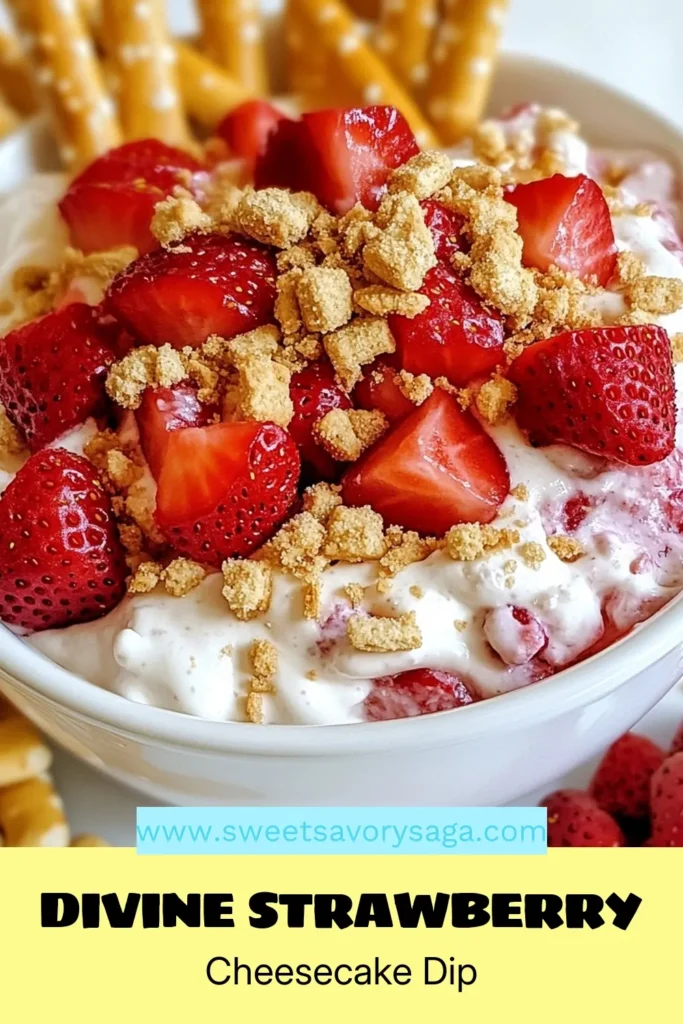 Looking for a delicious and easy dessert? This Strawberry Cheesecake Dip recipe is your answer! Perfect as a no-bake cheesecake dip, it's a creamy strawberry dip that will wow your guests this summer. Made with fresh strawberries and crushed graham crackers, it's simple to whip up and perfect for gatherings. Chill for a tasty treat everyone will love! Save this easy strawberry dessert dip for your next event! #StrawberryCheesecake #NoBakeDessert #SummerSnacks #DessertDip