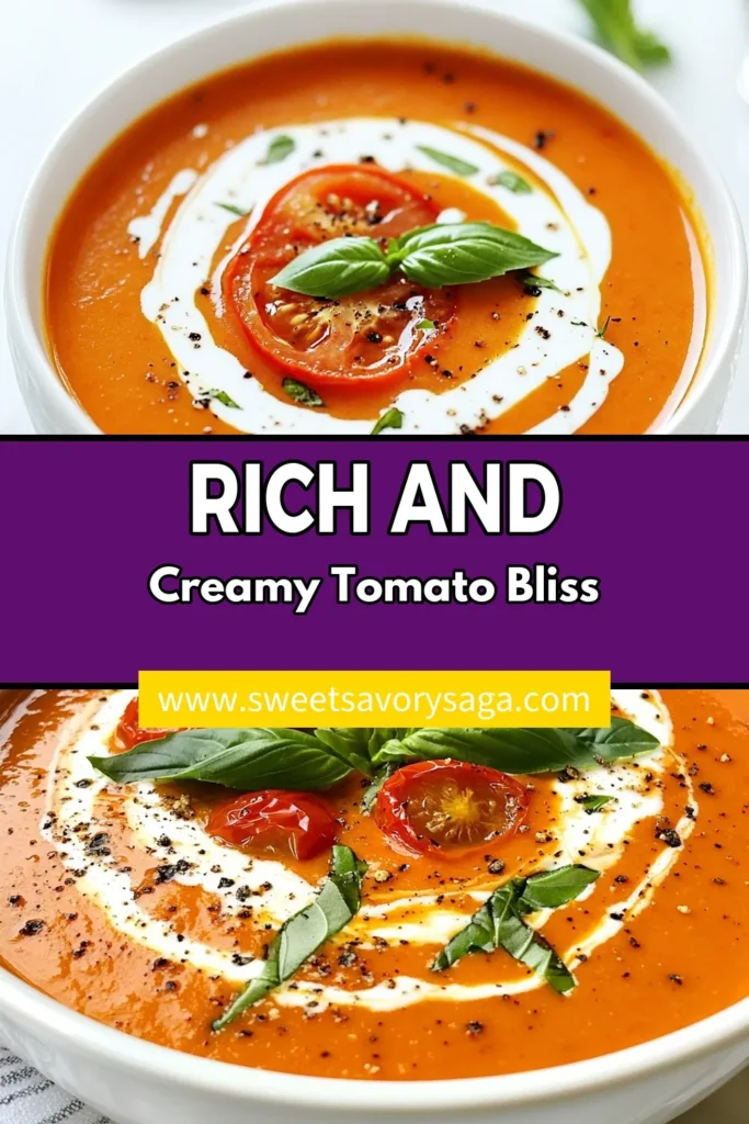 Indulge in the comforting flavors of creamy roasted tomato soup with this homemade tomato soup recipe. This roasted tomato soup with cream is the best tomato soup recipe you’ll ever make, perfect for cozy nights. Enjoy the rich, smooth texture topped with a fresh basil garnish. Ready in just an hour, it’s a delightful dish everyone will love! Save this recipe for your next cooking adventure! #TomatoSoup #HomemadeSoup #CreamySoup #SoupRecipes