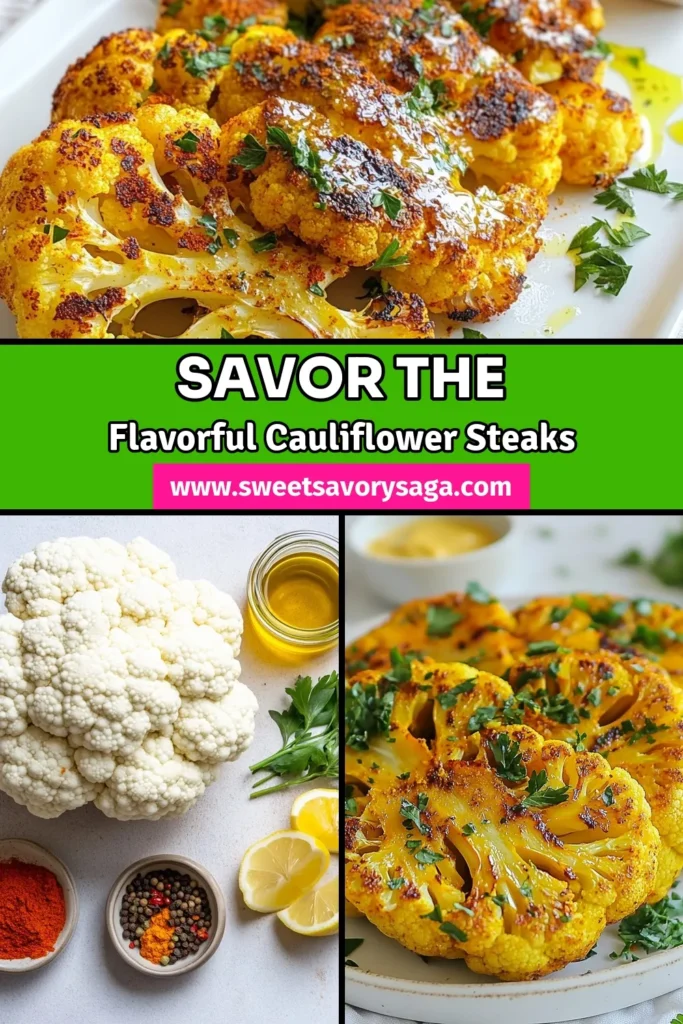 Discover the vibrant flavors of turmeric roasted cauliflower steaks with this simple cauliflower steak recipe. Perfect for anyone seeking healthy cauliflower recipes or delicious vegan cauliflower dishes, these roasted vegetable recipes are easy to make and full of nutrients. Elevate your meals with this golden delight! Save this recipe for a tasty weeknight dinner. #TurmericCauliflower #CauliflowerSteaks #VeganRecipes #HealthyEating