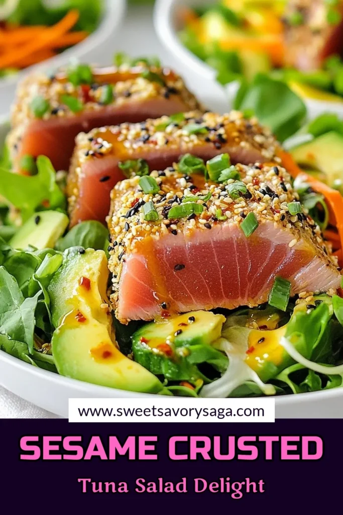 Discover the delightful flavors of this Sesame Crusted Ahi Tuna Salad! This healthy tuna salad recipe features perfectly seared sesame seed crusted tuna, vibrant mixed greens, and fresh veggies, all drizzled with a zesty ginger-lime dressing. Perfect for a light lunch or dinner, it's your go-to Asian inspired salad that's both nutritious and delicious. Try this easy Ahi Tuna Salad recipe today and impress your guests! #AhiTuna #HealthyRecipes #TunaSalad #AsianSalad