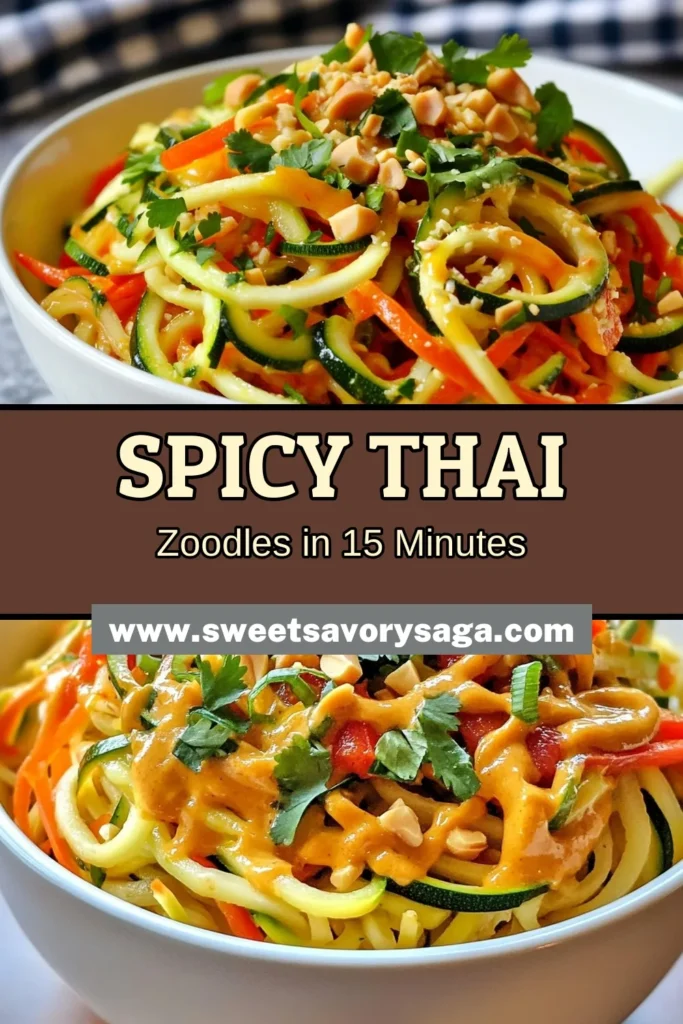Discover the deliciousness of Spicy Thai Peanut Zoodles, a perfect addition to your collection of zoodle recipes! Made with healthy zucchini noodles and a creamy peanut butter sauce, this dish is a flavorful and nutritious option for gluten-free noodle dishes. Ready in just 15 minutes, it’s quick and satisfying. Whip up this dish for a meal that impresses! Save now for your next cooking adventure! #SpicyThaiPeanutZoodles #ZoodleRecipes #GlutenFree #HealthyEating