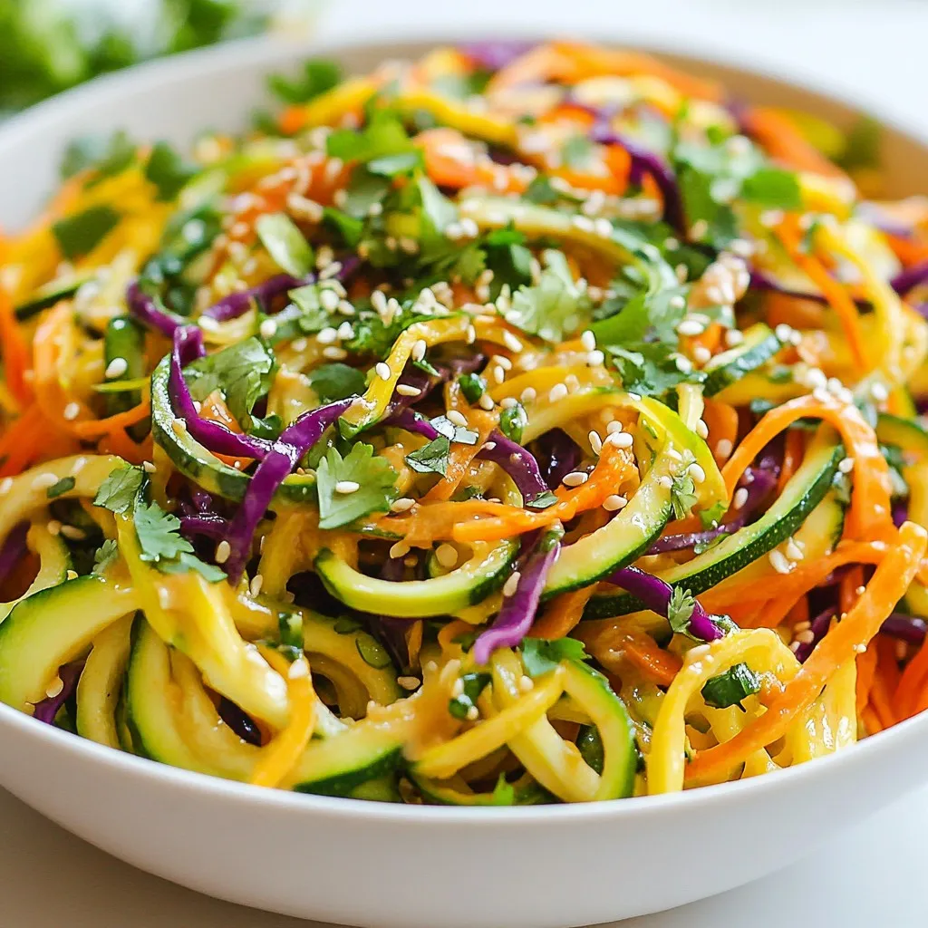 - 3 medium zucchinis, spiralized into noodles - 1 bell pepper, thinly sliced (red or yellow for sweetness) - 1 cup shredded carrots (fresh for vibrant color) - 1 cup purple cabbage, finely sliced - 1/2 cup fresh cilantro, chopped coarsely - 1/4 cup green onions, finely chopped - 1/4 cup unsalted peanuts, roughly chopped - 1/4 cup soy sauce (or tamari for gluten-free) - 2 tablespoons creamy peanut butter (natural for smoothness) - 2 tablespoons toasted sesame oil - 1 tablespoon rice vinegar - 1 tablespoon honey (or maple syrup for vegan option) - 1 teaspoon freshly grated ginger - Sesame seeds for garnish - Additional chopped peanuts for crunch {{ingredient_image_2}} To start, grab three medium zucchinis. Use a spiralizer to turn them into zoodles. They should look like noodle strands. Place the zoodles in a large bowl. Fresh zoodles are key to a crunchy salad. They add a nice bite and absorb the dressing well. Now, let's add more color and crunch. Thinly slice one bell pepper. You can choose red or yellow for sweetness. Next, take one cup of fresh carrots and shred them. The vibrant orange will brighten the salad. Then, slice one cup of purple cabbage finely. This adds a nice crunch and a pop of color. Add half a cup of chopped cilantro and a quarter cup of finely chopped green onions. Each of these herbs boosts the flavor. Toss these ingredients together gently until they mix well. This step ensures every bite is full of flavor. In a separate small bowl, it’s time to make the dressing. Combine a quarter cup of soy sauce or tamari for a gluten-free option. Add two tablespoons of creamy peanut butter. This gives the dressing a rich texture. Next, add two tablespoons of toasted sesame oil. It enhances the nutty flavor of the dish. Then, mix in one tablespoon of rice vinegar for tanginess. Add one tablespoon of honey or maple syrup for sweetness. Finally, include one teaspoon of freshly grated ginger. This adds a nice aromatic kick. Whisk everything together until it’s smooth and blended well. Now, it's time to bring everything together. Drizzle the dressing over the zoodle mixture. Toss all the ingredients until every zoodle is coated in that delicious dressing. This is where all the flavors come together. Let the salad sit for about ten minutes. This helps the flavors meld and softens the zoodles just right. Finally, serve the salad in bowls or on a platter. Top with roughly chopped peanuts and a sprinkle of sesame seeds. This adds a nice crunch and a beautiful finish to your dish. Enjoy your fresh and vibrant sesame peanut zoodle salad! When picking zucchini, look for bright, firm ones. Avoid any with soft spots or blemishes. Choose medium-sized zucchinis. They have the best taste and texture. A fresh zucchini should feel heavy for its size. This means it is juicy and full of flavor. To make a great dressing, balance flavors well. Start with soy sauce for saltiness. Add creamy peanut butter for richness. Toasted sesame oil gives a nutty taste. Rice vinegar adds brightness. Use honey for sweetness. Whisk these ingredients until smooth. Taste and adjust as needed. If it’s too salty, add more vinegar. If it’s too thick, add a little water. Toss your salad gently to avoid breaking the zoodles. Use a large bowl to give room for movement. Drizzle the dressing over the salad, not the other way around. This helps coat all ingredients evenly. After tossing, let the salad rest for about 10 minutes. This allows flavors to blend and zoodles to soften. Just before serving, sprinkle chopped peanuts and sesame seeds on top for crunch. Pro Tips Choosing Zucchini: Opt for firm zucchinis with a vibrant skin for the best flavor and texture in your zoodles. Colorful Vegetables: Mix and match different colored bell peppers and carrots for a visually appealing dish that’s also packed with nutrients. Prepping Ahead: You can spiralize the zucchinis and chop the vegetables a day in advance. Just combine them with the dressing right before serving to maintain freshness. Adjusting Spice Level: For a spicier kick, consider adding a splash of sriracha or a pinch of red pepper flakes to the dressing. {{image_4}} You can add proteins to your salad for extra flavor and nutrition. Grilled chicken works well. Simply slice it thin and toss it in. For a plant-based option, try cubed tofu. You can pan-fry or bake it until golden. Add it to the zoodles for a filling meal. Shrimp is another tasty choice. Cook them lightly and mix them in for a seafood twist. Each option will make your salad heartier and even more satisfying. Feel free to change the vegetables in your zoodle salad. You can use cucumber for a refreshing crunch. Radishes add a spicy kick. Cherry tomatoes bring a burst of sweetness. You might also try adding some edamame for a protein boost. Broccoli slaw could give your salad a new texture. Mixing different colors and shapes makes the dish more appealing and fun to eat. Use what you have on hand for a quick meal. Making this salad gluten-free is easy. Use tamari instead of soy sauce. This option keeps all the flavor without the gluten. For a vegan twist, swap honey with maple syrup. It offers the same sweetness without the animal product. If you want a creamy dressing, choose a plant-based peanut butter. Many brands offer great choices. These simple changes keep your salad tasty and suitable for different diets. Enjoy the same delicious flavors while meeting your needs! To keep your sesame peanut zoodle salad fresh, store it in the fridge. Place the salad in a container with a tight lid. This helps keep moisture in and prevents the salad from drying out. Enjoy the leftovers within three days for the best taste. I recommend using glass or BPA-free plastic containers. Glass containers don't stain or absorb smells, making them great for salads. If you use plastic, make sure it is food-safe and has a secure lid. Choose a container that fits your leftover salad snugly to minimize air exposure. Generally, I don’t recommend reheating zoodle salads. Zoodles can become mushy when heated. If you must, warm them gently in a pan over low heat. Stir them quickly to avoid overcooking. Instead, enjoy your salad cold or at room temperature for the best flavor and texture. You can make this salad ahead of time for quick meals. First, spiralize the zucchinis and store them in an airtight container. Keep the other veggies, like bell pepper and carrots, in separate containers. This helps keep them fresh and crunchy. Mix the dressing in a jar and store it in the fridge. When you're ready to eat, just combine everything in a bowl. Toss the salad and enjoy! Yes, you can use other nut butters for this salad. Almond butter or cashew butter works well if you want a different flavor. If you prefer sunflower seed butter, it’s a great nut-free option. Just remember, each nut butter adds its own taste, so choose one that you like! If you don’t have a spiralizer, don’t worry! You can use a vegetable peeler to create thin strips of zucchini. Just slice the zucchini into flat pieces and then cut them into thin noodles. You can also use a box grater. Grate the zucchini for a different texture. The salad will still taste great! This blog post covered how to make a Sesame Peanut Zoodle Salad. We discussed key ingredients, step-by-step instructions, and important tips. You can easily add proteins or switch up vegetables for fun variations. We also shared how to store leftovers and answered common questions. Now you can enjoy this fresh, tasty dish anytime. Have fun in your kitchen and get creative!