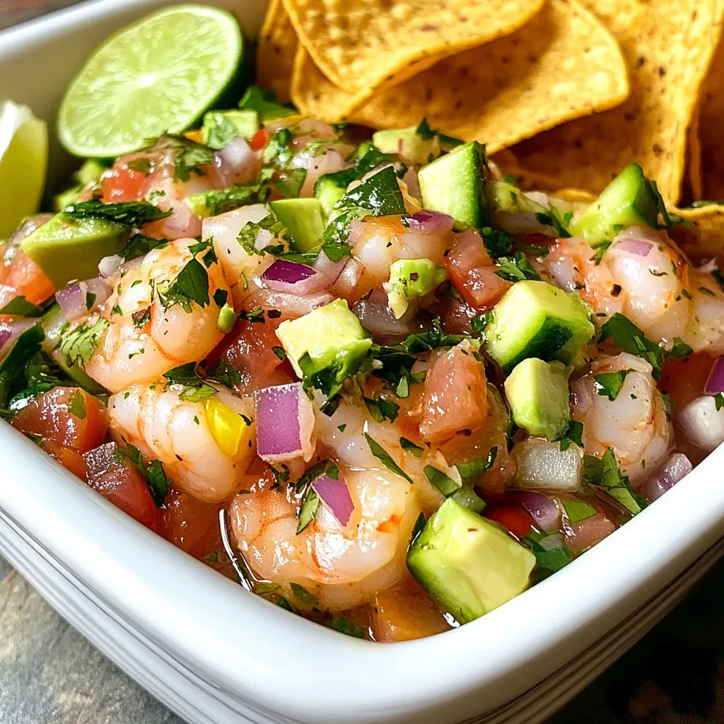 To make Zesty Lime Shrimp Ceviche, gather these fresh ingredients: - 1 pound fresh shrimp, peeled and deveined - 1 cup fresh lime juice (about 8 limes) - 1 cup diced cucumber - 1 cup diced tomatoes - 1/2 red onion, finely chopped - 1 jalapeño pepper, minced (remove seeds for less heat) - 1/4 cup fresh cilantro, chopped - 1 avocado, diced - Salt to taste These ingredients create a bright and fresh flavor. The lime juice not only adds zest but also “cooks” the shrimp. You can see the shrimp turning pink, which is a great sign. You can add some optional ingredients to enhance the dish: - Extra lime wedges for serving - A dash of hot sauce for added heat - A sprinkle of taco seasoning for more flavor These options let you customize the ceviche to your taste. If you like it spicier, the hot sauce is a perfect choice. For a beautiful finish, consider these garnishes: - Additional cilantro leaves - Lime wedges - Slices of jalapeño These garnishes make your dish look more appealing. Plus, they add extra flavor when served. You can serve ceviche in small bowls or even in half avocado skins for a fun twist. Enjoy it with crispy tortilla chips for a delightful crunch! {{ingredient_image_2}} To start, I take one pound of fresh shrimp. I peel and devein them, making sure they are clean. Next, I slice the shrimp into small, uniform pieces. Each piece should be bite-sized. I place the shrimp in a non-reactive bowl, which can be glass or ceramic. I pour one cup of fresh lime juice over the shrimp. This juice must cover every piece. The acid in the lime juice “cooks” the shrimp. I cover the bowl tightly with plastic wrap and pop it in the fridge. I let the shrimp marinate for about 30 minutes. They will change color to pink and become opaque. While the shrimp marinates, I prepare the veggies. In a large bowl, I mix one cup of diced cucumber, one cup of diced tomatoes, and half of a finely chopped red onion. I also add one minced jalapeño pepper, with the seeds removed for less heat. Next, I toss in a quarter cup of chopped cilantro. I mix everything gently to combine. After 30 minutes, I check the shrimp. I drain any extra lime juice to avoid a sour taste. I then fold the marinated shrimp into the vegetable mix. I taste and add salt to my liking. Lastly, I add one diced avocado. I mix it in gently to keep the avocado pieces intact. Now, my ceviche is ready to serve! Start with fresh shrimp. Fresh shrimp has a nice, firm bite. Slice shrimp into small pieces. This helps them "cook" evenly in the lime juice. Marinate for at least 30 minutes. The shrimp will turn pink and opaque, showing they are ready. If you prefer a softer texture, you can marinate longer, but be careful not to overdo it. Taste as you go. The lime juice gives a zesty kick, but you can adjust it. If you like it milder, use less lime juice. Add a pinch of salt to enhance all the flavors. If you want more heat, add more jalapeño. Fresh cilantro adds freshness, but you can use less if you are not a fan. Serve the ceviche chilled for the best taste. You can scoop it into small bowls for a nice touch. Halved avocado skins can serve as unique containers, adding fun to your meal. For added crunch, serve with crispy tortilla chips. Garnish with lime wedges and extra cilantro for a pop of color. Pro Tips Freshness is Key: Always use the freshest shrimp you can find for the best flavor and texture in your ceviche. Adjust the Acidity: If you prefer a milder ceviche, reduce the marinating time or add a bit of water to the lime juice. Customize Your Veggies: Feel free to add other vegetables like bell peppers or corn for added color and crunch. Chill Before Serving: For the best experience, chill the ceviche in the fridge for an additional 10-15 minutes before serving. {{image_4}} You can easily swap some ingredients in this ceviche. If you can't find fresh shrimp, use cooked shrimp instead. Just chop it into small pieces. For those who dislike cilantro, parsley works well too. You may also replace lime juice with lemon juice for a different taste. If you want more crunch, try adding bell peppers or radishes. Ceviche is great on its own, but you can get creative. Serve it in avocado halves for a fun twist. You can also use lettuce leaves as cups. This makes for a low-carb option. Another idea is to layer the ceviche in a glass with tortilla chips on the side. This adds a nice touch and looks appetizing. Ceviche varies by region. In Peru, they often add sweet potatoes and corn. This gives it a unique flavor and texture. In Mexico, you might find a spicier version, using more jalapeños. Some regions even add mango or pineapple for a sweet twist. Each version brings something special to the table. To keep your zesty lime shrimp ceviche fresh, store it in an airtight container. This helps prevent any strong odors from mixing with other foods in your fridge. Always use a non-reactive bowl, like glass or ceramic, when making ceviche, as it helps maintain flavor. Avoid metal bowls, as they can affect the taste. Make sure to place the ceviche in the fridge right after serving. This keeps it cool and safe to eat. Zesty lime shrimp ceviche can last in the fridge for about 1 to 2 days. After this time, the shrimp may lose its texture and flavor. If the shrimp starts to smell or look odd, it's best to throw it away. Always check for freshness before enjoying leftovers. The lime juice helps preserve it but won't keep it fresh forever. Ceviche is best enjoyed cold and not reheated. If your ceviche seems to lose its flavor after a day, you can refresh it. Simply add a splash of fresh lime juice and a pinch of salt. This will bring back some of its zesty kick. Serve it with fresh tortilla chips for a crunchy bite. You can also add a few diced veggies to brighten it up again. Ceviche is a dish made from fresh seafood, marinated in citrus juices. It uses lime juice to "cook" the seafood without heat. The dish often includes vegetables and herbs for added flavor. You can enjoy ceviche as a light meal or appetizer. Yes, you can use frozen shrimp for this recipe. Just be sure to thaw the shrimp fully first. Pat them dry to remove excess moisture. This helps the shrimp absorb the lime juice better. This recipe has a mild heat level. The jalapeño adds flavor without being too spicy. If you want less heat, remove the seeds and ribs from the jalapeño. For more heat, add extra jalapeño or a dash of hot sauce. Yes, ceviche is safe to eat when prepared correctly. The acidity of the lime juice kills harmful bacteria. Make sure to use fresh, quality seafood and keep it chilled. Always serve ceviche the same day it's made for the best taste. You can prepare the vegetables and shrimp separately. Mix them just before serving to keep the flavors fresh. If you mix too early, the shrimp may become too sour or mushy. Enjoy ceviche best when it's fresh! To make ceviche, you need fresh shrimp and vegetables. Follow the steps for marinating and mixing to create the best dish. Use my tips to enhance texture and flavor. Feel free to explore variations and adjust to your taste. Remember to store ceviche correctly, and know how long it lasts. With this guide, you can make an amazing ceviche that impresses everyone. Enjoy your culinary adventure and savor each bite!