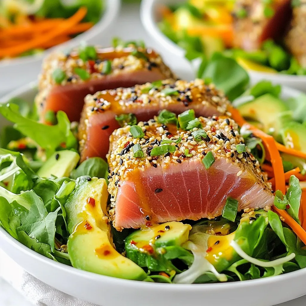 - 2 Ahi tuna steaks (approx. 6 oz each) - 1/4 cup sesame seeds (a mix of white and black) - 4 cups mixed salad greens (arugula, spinach, and romaine) - 1 cup shredded carrots - 1/2 cucumber, thinly sliced - 1/2 red bell pepper, julienned - 1 avocado, sliced - 2 green onions, finely chopped - 1 tablespoon fresh ginger, grated - 1 tablespoon fresh lime juice - 2 tablespoons low-sodium soy sauce - 1 tablespoon sesame oil - Salt and pepper to taste In this salad, Ahi tuna steaks take center stage. Their rich flavor pairs well with sesame seeds. I like to use a mix of white and black seeds for a nice touch. The mixed greens provide a fresh base. I often choose arugula, spinach, and romaine for a great crunch. For extra texture and color, add shredded carrots, cucumber, and red bell pepper. The creamy avocado adds richness, while green onions bring a fresh pop. The dressing is simple yet full of flavor. Fresh ginger and lime juice brighten up the salad. A splash of soy sauce and sesame oil adds depth. Adjust salt and pepper to your taste. With these ingredients, you can create a bright and tasty salad in no time. It’s perfect for a light meal or a hearty side dish. {{ingredient_image_2}} 1. Start by patting the Ahi tuna steaks dry with paper towels. This step helps to remove any excess moisture. 2. Season both sides with salt and pepper for taste. Then, brush them lightly with low-sodium soy sauce. This adds a nice depth of flavor. 3. Next, pour sesame seeds onto a flat plate. Take each seasoned tuna steak and press it into the seeds. Make sure to coat all sides evenly. This gives your tuna a beautiful crust. 1. Heat sesame oil in a skillet over medium-high heat. Wait until the oil shimmers before adding the tuna. 2. Sear each side of the tuna for about 1-2 minutes for a rare finish. If you prefer it more cooked, adjust the time accordingly. Just keep an eye on it to avoid overcooking. 3. Once done, remove the tuna from the skillet. Let it rest briefly before slicing. This keeps the juices inside. 1. In a large mixing bowl, combine the mixed salad greens, shredded carrots, sliced cucumber, and julienned red bell pepper. Toss gently to mix all the ingredients. 2. For the dressing, whisk together grated ginger, fresh lime juice, a splash of soy sauce, and a pinch of salt in a small bowl. Taste it and adjust the seasoning if needed. 3. Now, slice your seared tuna into thin pieces against the grain. This makes it tender and easy to eat. 4. Arrange the salad mixture on serving plates. Top it generously with the sliced tuna. Drizzle the ginger-lime dressing over the salad. 5. Finally, sprinkle chopped green onions on top for a burst of flavor and color. These steps will guide you to a delicious Sesame Crusted Ahi Tuna Salad. Enjoy the fresh flavors! To get that perfect sesame crust, start with the tuna. First, pat the Ahi tuna dry with paper towels. This keeps the crust from getting soggy. Season both sides with salt and pepper. Next, brush a bit of low-sodium soy sauce on the tuna. This adds flavor and helps the sesame seeds stick. Now, spread your sesame seeds on a flat plate. Gently press the seasoned tuna into the seeds, coating all sides evenly. The mix of white and black sesame seeds not only looks great but also adds flavor. For cooking the tuna, I prefer searing. It gives a nice crust while keeping the inside tender. Heat sesame oil in a skillet over medium-high heat. When the oil shimmers, add the tuna steaks. Sear each side for about 1-2 minutes for a rare finish. You can cook longer if you prefer more doneness. Remember, the tuna should still be pink inside for the best taste. When it comes to serving, get creative! You can use a large platter for sharing or individual bowls for a personal touch. Arrange the mixed salad greens at the bottom, then layer the sliced tuna on top. To make it pop, garnish with chopped green onions and a lime wedge. A sprinkle of leftover sesame seeds adds a lovely finish. This simple touch enhances both the look and taste of your dish. Pro Tips Choose Fresh Tuna: Opt for sushi-grade Ahi tuna for the best flavor and texture. Freshness is key when serving raw or lightly seared fish. Perfectly Toasted Seeds: Lightly toast the sesame seeds in a dry pan before coating the tuna. This enhances their nutty flavor and adds a delightful crunch. Adjust the Dressing: Feel free to modify the ginger-lime dressing by adding a touch of honey or chili flakes for a sweet or spicy twist that suits your palate. Rest the Tuna: Allow the seared tuna to rest for a few minutes before slicing. This helps retain its juices and results in a more tender texture. {{image_4}} You can change up the salad greens for a fresh twist. Try using kale or mixed baby greens. Both options add great flavor and nutrition. You can also mix in some crunchy radicchio for a touch of color and bitterness. For vegetables, feel free to get creative. Add cherry tomatoes for sweetness or shredded cabbage for crunch. You could also try diced bell peppers for a colorful pop. Each swap brings a new taste and texture to your salad. If Ahi tuna isn't your favorite, consider salmon as a great substitute. Salmon offers a similar rich flavor and works well with sesame. You can also use tofu for a plant-based option. Tofu absorbs flavors well and adds a nice texture. Both salmon and tofu can be prepared using the same methods as the Ahi tuna. Just adjust cooking times based on thickness. While the ginger-lime dressing is fantastic, you can switch it up too. A sesame vinaigrette adds a nutty flavor that complements the tuna. Mix sesame oil, rice vinegar, and a touch of honey for a simple and tasty dressing. Another option is a wasabi dressing. It gives a spicy kick to the dish. Combine wasabi paste with soy sauce and a splash of lime juice. This dressing pairs wonderfully with the tuna. Experimenting with these variations can make your salad unique each time you prepare it. To keep your salad fresh, store the salad components separately. Place mixed greens, shredded carrots, cucumber, and bell pepper in airtight containers. This helps prevent wilting and sogginess. For the tuna, wrap it tightly in plastic wrap or place it in a sealed container. This keeps sushi-grade tuna fresh and safe to eat. When reheating tuna, use low heat. This helps avoid overcooking. Place the tuna in a skillet and warm it for about 30 seconds on each side. Avoid using a microwave, as it can dry out the fish. You want to keep that tender texture. Leftover salad components can last 2-3 days in the fridge. Store the tuna separately for the best taste. If kept properly, the tuna will stay fresh for up to 2 days. Always check for signs of spoilage before eating leftovers. To make the salad gluten-free, you can swap out regular soy sauce. Use gluten-free soy sauce or tamari instead. Both options keep the flavor while ensuring you avoid gluten. You can also use coconut aminos as an alternative. This sauce is naturally gluten-free and adds a nice sweetness. This salad pairs great with several side dishes. You might enjoy serving it with: - Steamed rice or quinoa for a hearty touch. - Edamame for a crunchy snack. - A light miso soup to complement the flavors. - Fresh fruit like mango or pineapple for a sweet contrast. These options enhance your meal while keeping it fresh and vibrant. Yes, you can prep parts of the salad ahead of time. Here’s how: - Tuna: You can coat and sear the tuna a few hours before serving. Just keep it in the fridge. - Salad Ingredients: Wash and chop the greens, carrots, and veggies. Store them in airtight containers. - Dressing: Make the dressing a day ahead. Just whisk it together and keep it in the fridge. For best taste, assemble the salad right before serving. This keeps the greens crisp and fresh. We explored how to make a delicious Sesame-Crusted Ahi Tuna Salad. You learned about essential ingredients like ahi tuna, sesame seeds, and fresh greens. The step-by-step instructions guided you through preparing the tuna and assembling the salad. Tips helped you achieve a perfect sesame crust and suggested creative ways to present your dish. In summary, this salad is fresh, tasty, and easy to customize. Enjoy making it your own!