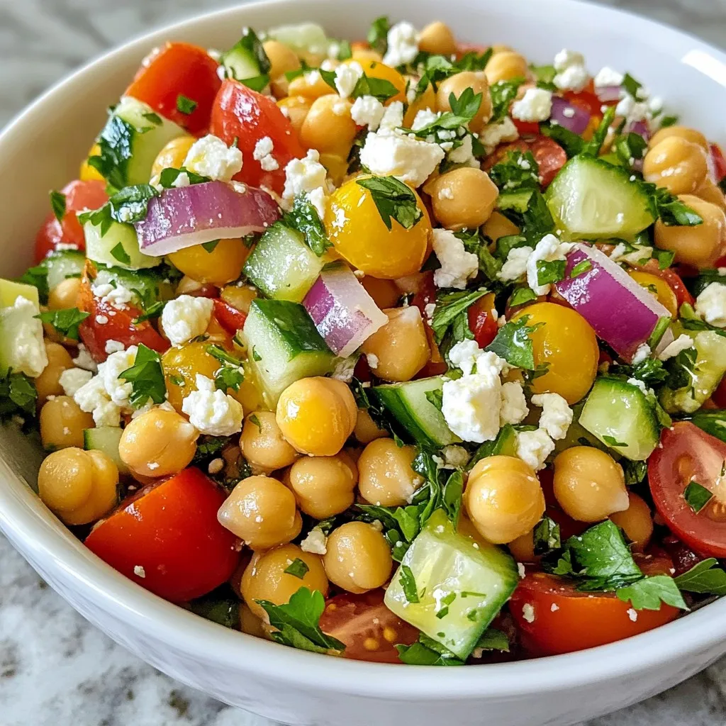 To make a delicious Mediterranean chickpea salad, you need fresh and simple items. Here is the list of ingredients you will need: - Chickpeas - Fresh vegetables - Feta cheese - Herbs and seasonings - Dressing ingredients Chickpeas are a great base for this salad. They are high in protein and fiber. Use one can, drained and rinsed well to remove extra salt. Add color and crunch to your salad. Use: - 1 cup cherry tomatoes, halved for sweetness - 1 medium cucumber, diced into bite-sized pieces - 1/2 medium red onion, finely chopped for sharpness - 1/4 cup Kalamata olives, pitted and sliced for a briny kick Feta cheese adds creaminess to the salad. Use 1/2 cup, crumbled. Herbs make the salad fresh and bright. You will need: - 2 tablespoons fresh parsley, chopped - 1 tablespoon fresh mint, chopped - 1 teaspoon dried oregano for aromatics - Salt and freshly cracked pepper to taste The dressing ties everything together. For this, mix: - 3 tablespoons extra virgin olive oil for rich taste - 2 tablespoons freshly squeezed lemon juice Gather these ingredients, and you’re ready to make a vibrant Mediterranean chickpea salad. Each item brings its unique flavor and health benefits, making this salad both tasty and nutritious. {{ingredient_image_2}} Start with a large bowl. Add the drained and rinsed chickpeas. Next, toss in the halved cherry tomatoes. Dice the cucumber into small pieces and add it. Chop the red onion finely, then mix it in. Slice the Kalamata olives and fold them gently into the salad. This mix gives a great balance of textures and flavors. Grab a small bowl for the dressing. Pour in the extra virgin olive oil. Add the freshly squeezed lemon juice next. Sprinkle in the dried oregano, salt, and pepper. Whisk these ingredients together until they blend well. This dressing adds a burst of flavor. Now, drizzle the dressing over your salad base. Gently toss everything together. Be careful not to mash the feta cheese. Let the salad rest for ten minutes at room temperature. This step helps the flavors mix and taste even better. Serve the salad either chilled or at room temperature. Enjoy the fresh and vibrant flavors! To boost the flavor of your Mediterranean chickpea salad, start with fresh ingredients. Fresh parsley and mint give a bright taste. Use ripe cherry tomatoes for sweetness. You can also add a splash of red wine vinegar for extra tang. Roasting the chickpeas before mixing them in can add a nice crunch. If you like heat, a sprinkle of red pepper flakes will enhance the dish nicely. To enjoy this salad at its best, serve it chilled or at room temperature. Pair it with warm pita bread or grilled chicken for a complete meal. I love to serve this salad alongside grilled veggies or as a side for fish. You can also pack it for lunch. It travels well and tastes great even after a few hours. Presentation matters! Use a large, vibrant bowl to really show off the colors. You can garnish with extra Kalamata olives or a light sprinkle of feta cheese. A sprig of fresh mint on top adds a nice touch. Arrange the salad in layers to highlight each ingredient. This makes it look inviting and fresh. Pro Tips Chickpea Choice: For the best flavor and texture, use dried chickpeas that you soak and cook yourself instead of canned. This will enhance the overall quality of your salad. Fresh Herbs: Don’t skimp on the fresh parsley and mint; they are key to giving this salad its vibrant flavor. Use them generously for a refreshing twist. Resting Time: Letting the salad sit for 10 minutes before serving allows the ingredients to mingle and the flavors to develop. If possible, prepare it a few hours ahead for even better results. Serving Suggestions: This salad pairs wonderfully with grilled meats or can be served over a bed of greens for a heartier meal. Consider adding a splash of balsamic vinegar for extra depth. {{image_4}} If you want to switch things up, consider these swaps. You can use canned black beans instead of chickpeas. They add a nice twist. Try grape tomatoes if cherry tomatoes are not available. They taste sweet too. For a crunch, swap cucumber with bell peppers. If you prefer a different cheese, try goat cheese for a tangy flavor. The dressing can also change the whole salad. Instead of olive oil and lemon juice, try a balsamic vinaigrette. This will give a sweet and tangy touch. You can also mix yogurt with herbs for a creamy dressing. It adds a smooth texture and fresh taste. Experiment with different flavors until you find your favorite. Want to make this salad heartier? Add protein! Canned tuna works great. Just drain it and mix it in. Grilled chicken is another tasty option. Cut it into bite-sized pieces and fold it into the salad. You can also add chickpea patties for a vegetarian source. These options make the salad filling and delicious. Store your Mediterranean chickpea salad in an airtight container. This keeps it fresh. Place it in the fridge right after serving. Avoid leaving it out for more than two hours. When stored properly, the salad lasts up to three days in the fridge. The flavors blend well over time, but the veggies may soften. If you want a crunch, eat it sooner. I do not recommend freezing this salad. The texture of the veggies and feta changes when frozen. If you need to save leftovers, keep them in the fridge instead. Mediterranean Chickpea Salad is not only tasty but also very healthy. Chickpeas are full of protein and fiber. They help you feel full and are good for digestion. The fresh vegetables like cherry tomatoes and cucumber are rich in vitamins. Feta cheese adds calcium for strong bones. Olive oil provides healthy fats, which are great for your heart. This salad is low in calories and can help you stay fit. Yes, you can easily make this salad vegan. Just skip the feta cheese or use a vegan cheese option. You can also add extra veggies or legumes for more protein. The olive oil and lemon juice dressing is already vegan, so no need to change that. This way, you keep all the great flavors while making it suitable for a vegan diet. To adjust the serving size, you can simply change the amount of each ingredient. The original recipe serves four people. If you want to serve two, use half the ingredients. For more servings, double the amounts. Just make sure to keep the dressing ratios the same for the best flavor. This salad is great for sharing, so feel free to make a big batch! This blog post shared how to make a tasty Mediterranean Chickpea Salad. We covered ingredients, preparation steps, flavor tips, and storage guidelines. You learned how to enhance flavors and present the salad beautifully. Feel free to try ingredient swaps or add proteins like grilled chicken or tuna. This salad is not only fresh but packed with health benefits. Enjoy your cooking and make it your own!