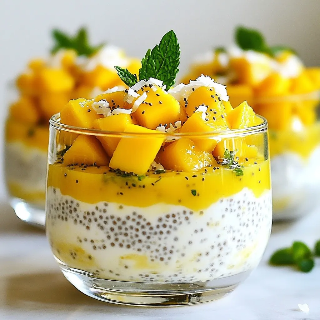 To create a delicious Coconut Mango Chia Pudding, you will need the following ingredients: - 1 cup coconut milk (either canned or from a carton) - 1/2 cup almond milk (or your choice of plant-based milk) - 1/4 cup chia seeds - 2 tablespoons honey or maple syrup (adjust based on your sweetness preference) - 1 ripe mango, diced into small cubes - 1 teaspoon pure vanilla extract - A pinch of salt - Shredded coconut and fresh mint leaves for garnish These ingredients come together to make a rich and creamy pudding. Coconut milk gives a smooth base. Almond milk adds a light touch, and chia seeds thicken the mix. Sweeteners like honey or maple syrup let you adjust the flavor to your taste. Fresh mango adds a burst of sweetness. Vanilla and salt enhance all these flavors. Finally, the garnish of shredded coconut and mint leaves makes the dish pop! {{ingredient_image_2}} - Mixing Milks and Ingredients Start by taking a medium bowl. Pour in 1 cup of coconut milk and 1/2 cup of almond milk. Add 1 teaspoon of pure vanilla extract and 2 tablespoons of honey or maple syrup for sweetness. Don’t forget a pinch of salt. Whisk the mix until it’s smooth and well combined. - Incorporating Chia Seeds Next, gradually sprinkle in 1/4 cup of chia seeds while you whisk. This step is key. It keeps the chia seeds from clumping together. Mix until all the seeds are evenly distributed. - Chilling the Mixture Once mixed, cover the bowl tightly with plastic wrap. Place it in the fridge. Chill for at least 4 hours, or overnight if you can wait. The chia seeds will absorb the liquid, thickening into a creamy pudding. - Stirring for Consistency After chilling, take the bowl out of the fridge. Give the pudding a good stir. This breaks up any clumps. You want a smooth, creamy texture. - Layering the Pudding and Mango Grab some individual serving glasses or bowls. Start with a layer of the chia pudding. Next, add a layer of diced mango. Repeat this process until you fill the containers. - Final Touches with Garnish For a finishing touch, sprinkle shredded coconut on top. Add fresh mint leaves for color and freshness. They make the dish look pretty. - Serving Suggestions Serve the pudding right away. Enjoy the cool and refreshing flavors. It’s perfect for a hot day or as a light dessert. Avoiding Clumps with Chia Seeds To keep your pudding smooth, stir the chia seeds in slowly. This helps them spread out and not stick together. If you sprinkle them in while stirring, you will get better results. Always mix well! Adjusting Sweetness Levels Taste your pudding before serving. If it needs more sweetness, add a little honey or maple syrup. Start with a small amount and mix well. You can always add more if needed. Enhancing Flavor Profiles You can boost the flavor by adding spices. A pinch of cinnamon or a touch of ginger can work wonders. You may also try adding a splash of lime juice for a zesty kick. Using Clear Serving Cups Choose clear cups to show off the layers of pudding and mango. This makes it more appealing. You can use small glasses or bowls, depending on what you have at home. Garnishing Ideas for Visual Appeal Top your pudding with shredded coconut and fresh mint leaves. This adds a pop of color. You can also sprinkle some diced mango on top for extra flair. A little effort makes your dessert look stunning! Pro Tips Use Quality Ingredients: Fresh, ripe mangoes will give your pudding the best flavor. Opt for organic coconut milk for a richer taste. Adjust Sweetness to Taste: Depending on how sweet your mango is, you may want to adjust the amount of honey or maple syrup you add. Let It Chill Overnight: For the best texture, allow the chia pudding to chill overnight. This ensures the seeds fully absorb the liquid. Add Extra Toppings: Feel free to customize your pudding with additional toppings like nuts, seeds, or other fruits for added texture and flavor. {{image_4}} Other Fresh Fruits to Use You can switch out mango for many fruits. Try diced strawberries, blueberries, or kiwi. These fruits add nice color and flavor. Each fruit brings its own taste and texture. Seasonal Variation Ideas In summer, use peaches or raspberries. In fall, consider apples or pears. Each season gives new fruit options. This way, your pudding stays fresh and exciting all year long. Alternative Milk Choices If you need a dairy-free option, use almond milk or oat milk. Both provide a creamy texture. They mix well with chia seeds and make the pudding tasty. Substituting Sweeteners You can swap honey for agave syrup or sweeteners like stevia. Each sweetener changes the flavor just a bit. Adjust sweetness to your liking for the best result. To keep your coconut mango chia pudding fresh, store it in the fridge. Use a sealed container to prevent it from absorbing other odors. Make sure to stir the pudding before serving. This helps to bring back its creamy texture. Storage Duration You can keep the pudding in the fridge for up to five days. After that, the chia seeds may lose their texture. It’s best to enjoy it within that time for the best taste. If you have some pudding left, you can get creative. Here are some fun ideas to use it up: - Add it to yogurt for a tasty breakfast. - Use it as a topping for pancakes or waffles. Transforming Pudding into Smoothies If you want to turn your pudding into a smoothie, it’s easy! Just blend the pudding with some fruit and a splash of almond milk. This makes a refreshing drink for breakfast or a snack. Enjoy the tasty versatility of your coconut mango chia pudding! Chia seeds are tiny but mighty. They are full of fiber, which helps with digestion. They also have protein, which is good for building muscles. Chia seeds are rich in omega-3 fatty acids, which can help your heart. Plus, they are full of vitamins and minerals like calcium and magnesium. Eating chia seeds can keep you full longer, making them great for snacks. Yes, you can! You can use agave nectar or stevia if you prefer. Brown sugar or coconut sugar work well too. Just remember to adjust the amount to taste. Each sweetener has a different level of sweetness. Start with less and add more if needed. You can store the pudding for up to five days in the fridge. Make sure to keep it in a sealed container. This helps to keep it fresh and tasty. If you see any changes in smell or texture, it’s best to throw it away. Absolutely! This pudding is perfect to make ahead. You can prepare it the night before or even a few days in advance. Just let the chia seeds soak overnight. This gives the pudding a nice thick texture. You can enjoy it for breakfast or a quick snack. Of course! If you're dairy-free, stick with almond milk or coconut milk. For a vegan option, use maple syrup or agave instead of honey. You can also swap out mango for other fruits like bananas or berries. Just make sure to adjust the sweetness based on the fruit you choose. This recipe is very flexible! This blog post showed you how to make delicious coconut mango chia pudding. You learned about the key ingredients and step-by-step instructions. Tips and tricks helped you achieve the best texture and presentation. You also saw fun variations and storage tips to enjoy this treat longer. Overall, this pudding is easy, healthy, and full of flavor. Explore these methods to make a tasty dessert for yourself or friends. I hope you create and enjoy this yummy dish soon!