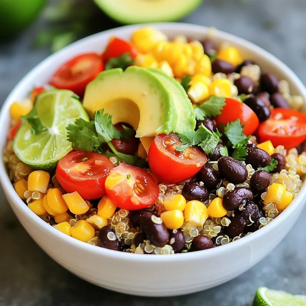 To make savory quinoa black bean burrito bowls, you need fresh and colorful ingredients. Here’s what you will need: - 1 cup quinoa, thoroughly rinsed and drained - 2 cups vegetable broth - 1 can (15 oz) black beans, rinsed and drained - 1 cup corn kernels (fresh, frozen, or canned) - 1 ripe avocado, diced - 1 cup cherry tomatoes, halved - 1 red bell pepper, diced - 1 teaspoon ground cumin - 1 teaspoon chili powder - Salt and freshly ground black pepper to taste - Juice of 1 lime - Fresh cilantro, finely chopped (for garnish) - Optional toppings: Greek yogurt or sour cream, shredded cheese, hot sauce This mix of ingredients brings vibrant colors and flavors to your bowls. The quinoa serves as a fluffy base, while the black beans and corn add protein and sweetness. Fresh veggies like avocado and tomatoes give a nice crunch. Don't forget the spices! Cumin and chili powder add warmth and depth. Lastly, lime juice and cilantro brighten every bite. Enjoy the process of gathering these ingredients; it sets the stage for a delicious meal! {{ingredient_image_2}} To start, you need to cook the quinoa. Take a medium-sized saucepan and add 1 cup of rinsed quinoa and 2 cups of vegetable broth. Turn the heat to medium-high and bring it to a boil. Once it boils, reduce the heat to low. Cover the pot tightly and let it simmer for 15 minutes. The quinoa will be fluffy when it’s done. Make sure all the broth is absorbed. While the quinoa cooks, prepare the black bean mix. Grab a large mixing bowl and add 1 can of rinsed black beans, 1 cup of corn, diced red bell pepper, and halved cherry tomatoes. Add 1 teaspoon of ground cumin and 1 teaspoon of chili powder. Squeeze in the juice of 1 lime and season with salt and black pepper. Mix all the ingredients until they are well combined. - Layering ingredients: Start by adding a big scoop of cooked quinoa to each bowl. This will be the base of your burrito bowl. Then, layer it with the black bean mix, making a colorful and hearty layer. - Adding garnishes: Top each bowl with diced avocado and fresh chopped cilantro. If you want more flavor, add Greek yogurt or sour cream, shredded cheese, or hot sauce. Serve the bowls right away for a fresh meal. Enjoy! To cook quinoa, rinse it well in cold water. This removes bitter taste. Use two cups of vegetable broth for every one cup of quinoa. Bring it to a boil, then reduce heat. Cover and simmer for about 15 minutes. When done, let it sit for five minutes. Fluff it gently with a fork. This technique gives you fluffy quinoa every time. Boost the taste of your quinoa black bean burrito bowls by adding spices. Cumin and chili powder add warmth and depth. You can also try smoked paprika for a smoky flavor. Mixing in lime juice brightens the dish. Adding fresh herbs like cilantro or parsley gives a fresh kick. Taste as you go, and adjust to your liking! Toppings can take your burrito bowls to the next level. Diced avocado adds creaminess. Cherry tomatoes bring sweetness and color. Greek yogurt or sour cream can add tang. Shredded cheese melts beautifully on warm bowls. For heat, drizzle your favorite hot sauce. Don't forget to garnish with fresh cilantro for a vibrant finish. Get creative with your toppings based on what you love! Pro Tips Rinse Your Quinoa: Always rinse quinoa before cooking to remove its natural coating, called saponin, which can give it a bitter taste. Customize Your Toppings: Feel free to mix and match your toppings based on your preferences. Add jalapeños for heat or diced cucumbers for crunch! Meal Prep Friendly: These burrito bowls are great for meal prepping. Prepare a batch and store components separately for fresh meals throughout the week. Use Fresh Ingredients: Whenever possible, use fresh produce for the best flavor and nutritional value. Look for in-season vegetables to enhance your dish! {{image_4}} You can easily add protein to your burrito bowls. Chicken is a great choice. Grilled or shredded chicken adds flavor and makes it hearty. If you prefer plant-based options, tofu is perfect. You can sauté it with spices or marinate it for extra taste. Other options include shrimp or tempeh. Each option makes your meal filling and tasty. Feel free to switch up the veggies in your bowls. You can use zucchini, spinach, or even kale. Roasted sweet potatoes add sweetness and texture. You can also toss in black olives or jalapeños for a twist. The more colors on your plate, the better! Mixing different vegetables keeps every bite exciting. Want to spice things up? You can easily adjust the heat in your burrito bowls. Add more chili powder or some diced jalapeños if you like it hot. For a milder version, skip the chili powder altogether. You can even top with a mild salsa for a fresh kick. Finding the right spice level makes your meal just right for your taste buds. To keep your burrito bowls fresh, place them in airtight containers. This way, the flavors stay intact. Store the bowls in the fridge for up to four days. Avoid mixing the ingredients until you're ready to eat. This keeps the textures nice and fresh! When you're ready to enjoy your leftovers, reheat them in the microwave. Start with one minute on high, then check and stir. If it's not warm, heat in 30-second bursts until hot. You can also reheat on the stove over low heat. Just add a splash of water to keep it moist. If you want to save some for later, freezing is a great option. Place the quinoa and black bean mix in freezer-safe bags. Lay flat to freeze for easy stacking. They can last up to three months. When you're ready to eat, thaw overnight in the fridge before reheating. Yes, you can use other grains. Brown rice, farro, or barley work well. Each gives a unique taste and texture. Cook them according to package instructions. Ensure they are tender before mixing. You can pair your bowls with several sides. Here are some great options: - Roasted sweet potatoes - Grilled zucchini - Simple green salad - Mexican street corn These sides add flavors and colors to your meal. This recipe is already gluten-free. Quinoa and black beans are safe for gluten-free diets. Just check the broth label to ensure it’s gluten-free. Avoid ingredients like soy sauce that may contain gluten. Absolutely! You can prepare quinoa and black bean mix ahead. Store them in the fridge for up to three days. When ready to serve, reheat and assemble your bowls. Fresh toppings like avocado should be added just before serving. This blog post covered how to make tasty burrito bowls. You learned about the key ingredients and the steps to cook quinoa, prepare the black bean mix, and assemble your bowls. I shared tips to cook perfectly fluffy quinoa and how to enhance flavors. You can customize your bowls with various proteins and vegetables to keep things fun. Finally, I provided storage options to enjoy your meal later. Follow these steps, and you’ll create a delicious dish every time!