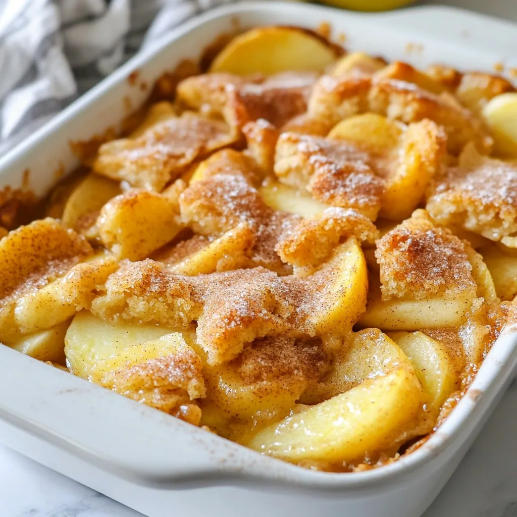 - 4 medium apples, peeled, cored, and sliced - 1 tablespoon fresh lemon juice - 1 teaspoon ground cinnamon (for apples) - 1 cup all-purpose flour - 1 cup brown sugar, packed - 1/2 cup granulated sugar - 1/2 cup unsalted butter, softened at room temperature - 1 teaspoon baking powder - 1/2 teaspoon baking soda - 1/2 teaspoon salt - 1 teaspoon pure vanilla extract - 1 tablespoon ground cinnamon (for topping) - 1 tablespoon granulated sugar (for topping) To make Snickerdoodle Apple Cobbler, you will need: - 8-inch square baking dish - Large mixing bowl - Electric mixer - Small mixing bowl - Spatula - Measuring cups and spoons - Peeler and knife For the best flavor, use fresh, crisp apples like Granny Smith or Honeycrisp. Fresh lemon juice adds brightness and keeps apples from browning. Always choose good-quality butter for a rich taste. You can swap in whole wheat flour for a healthier option. If you want a nutty flavor, try adding chopped nuts. To change up the spice, consider using nutmeg or cardamom. Mixing in some oats can also give the topping a nice texture. {{ingredient_image_2}} First, gather the apples. You need 4 medium apples. Peel, core, and slice them. Use a sharp knife for safety. Place the slices in a large bowl. Add 1 tablespoon of fresh lemon juice. This keeps the apples fresh and bright. Sprinkle in 1 teaspoon of ground cinnamon. Toss the apples well so they are coated. Spread the seasoned apples evenly in your greased baking dish. In a separate bowl, take 1/2 cup of softened unsalted butter. Add 1 cup of packed brown sugar and 1/2 cup of granulated sugar. Use an electric mixer to beat the mixture until it gets light and fluffy. This takes about 2-3 minutes. Next, add 1 cup of all-purpose flour, 1 teaspoon of baking powder, 1/2 teaspoon of baking soda, and 1/2 teaspoon of salt. Also, add 1 teaspoon of pure vanilla extract. Mix this all together on low speed until smooth. You want a thick batter that holds together well. Now, carefully spoon the batter over the apples. Use a spatula to spread it evenly. Make sure to cover all the apples. In a small bowl, combine 1 tablespoon of ground cinnamon with 1 tablespoon of granulated sugar. Sprinkle this mix over the top of the batter. It adds a lovely sweet touch. Preheat your oven to 350°F (175°C) and bake for 35-40 minutes. Watch it closely near the end. The top should turn golden brown. A toothpick should come out clean when inserted into the center. Once done, let the cobbler cool for about 10 minutes before serving. This helps the flavors blend nicely. To get a great cobbler texture, focus on the batter. Make sure your butter is softened, not melted. This helps create a light and fluffy batter. Mix the butter and sugars until they are airy. When you spoon the batter over the apples, don’t push too hard. Let it rest gently on top. This keeps the cobbler light and airy. One common mistake is not peeling the apples. Always peel them for a smoother bite. Another mistake is overmixing the batter. Mix just until combined. Overmixing can lead to a dense texture. Also, don’t skip the cinnamon topping. This adds a sweet crunch. Lastly, avoid opening the oven too early. This can cause the cobbler to collapse. Serve your cobbler warm for the best taste. A scoop of vanilla ice cream goes great on top. You can also add whipped cream for extra creaminess. For a fun twist, sprinkle some chopped nuts on top. This adds crunch and flavor. Enjoy it with a warm drink like cider or coffee for a cozy treat. Pro Tips Use Tart Apples: Opt for Granny Smith or similar varieties for a nice tartness that balances the sweetness of the cobbler. Room Temperature Butter: Make sure your butter is at room temperature for easier creaming with sugars, resulting in a fluffier batter. Don’t Overmix: Mix your batter just until combined to keep the cobbler light and airy; overmixing can make it dense. Cool Before Serving: Let the cobbler cool for about 10 minutes after baking to help it set, making it easier to serve. {{image_4}} You can easily make Snickerdoodle Apple Cobbler gluten-free. Just swap the all-purpose flour for a gluten-free flour blend. This mix works well in baking. Look for one that includes xanthan gum for the best texture. You can find many blends in stores today. Your cobbler will still be delicious and satisfying. While apples are the star of this recipe, you can try different fruits. Pears add a soft texture and sweet flavor. Peaches bring a juicy touch to your cobbler. You can even mix fruits for more taste. Just keep the same amount of fruit to ensure the cobbler bakes correctly. Spices can change the flavor of your cobbler. Instead of just cinnamon, you can add nutmeg for warmth. Ginger brings a zesty kick that pairs well with apples. For a fall vibe, try adding allspice or pumpkin spice. Experimenting with spices can turn your cobbler into a new favorite dish. To store your leftover Snickerdoodle Apple Cobbler, let it cool completely. Then, cover it tightly with plastic wrap or aluminum foil. You can also place it in an airtight container. This helps keep the cobbler fresh. Stored this way, it lasts up to three days in the fridge. If you want to save some for later, freezing is a great option. First, let the cobbler cool completely. Cut it into squares and wrap each piece with plastic wrap. Then, place the wrapped pieces in a freezer-safe bag or container. This way, it stays fresh for up to three months. When you are ready to eat it, just thaw it in the fridge overnight. When it’s time to enjoy your cobbler again, preheat your oven to 350°F (175°C). Place the cobbler in an oven-safe dish and cover it with foil to keep it moist. Heat it for about 15 to 20 minutes. You can also microwave individual portions for 30 seconds to 1 minute. Just be careful not to overheat, as it can dry out. Enjoy your warm cobbler just like fresh! Yes, you can use different apples. I like using Granny Smith for tartness. Honeycrisp adds sweetness. You can mix types for a great flavor. Just ensure they are firm so they hold up while baking. Check the color of the top. It should be golden brown. Insert a toothpick into the center. If it comes out clean, your cobbler is ready. If it’s wet, bake a bit longer. Keep an eye on it during the last few minutes. Yes, you can prepare it ahead of time. Assemble the cobbler and cover it well. Store in the fridge for up to a day. When ready, just bake it. This makes it easy for gatherings and last-minute desserts. In this blog post, we explored how to make a delicious Snickerdoodle Apple Cobbler. We covered the key ingredients, equipment, and tips for baking it just right. I shared how to achieve the perfect texture and avoid common mistakes. We also discussed fun variations and storage tips to enjoy your cobbler later. Baking can be simple and fun. Use these steps to create a treat your friends and family will love. Enjoy the process, and don’t be afraid to experiment!