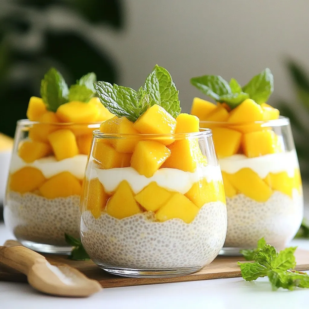 - 1 cup creamy coconut milk - 1/2 cup smooth almond milk - 1/4 cup nutritious chia seeds - 2 tablespoons pure maple syrup (adjust for desired sweetness) - 1 ripe mango, peeled and diced into small cubes - 1/2 teaspoon pure vanilla extract - A pinch of fine sea salt - Fresh mint leaves for vibrant garnish - Coconut milk adds healthy fats and may boost heart health. - Almond milk is low in calories and rich in vitamins E and D. - Chia seeds are full of fiber, protein, and omega-3 fatty acids. - Maple syrup is a natural sweetener with antioxidants and minerals. - Mango provides vitamins A and C, supporting skin and immune health. - Vanilla extract adds flavor and may have antioxidant properties. - Sea salt enhances flavor and can help balance electrolytes. - Mint leaves add freshness and can aid digestion. - Look for coconut milk with no added sugars or preservatives. - Choose almond milk that is unsweetened for a healthier choice. - Select chia seeds that are organic for better quality and nutrition. - Use pure maple syrup to avoid additives found in some brands. - Pick ripe mangoes that are firm but slightly soft to the touch. - Ensure vanilla extract is pure, not imitation, for better flavor. - Choose sea salt that is fine and free from additives. - For mint, look for bright green leaves that are fresh and fragrant. {{ingredient_image_2}} To start, gather your ingredients. You need coconut milk, almond milk, chia seeds, maple syrup, vanilla extract, salt, mango, and mint. In a medium bowl, mix the coconut milk and almond milk. Then, add the chia seeds, maple syrup, vanilla extract, and salt. Stir well to combine everything. This ensures the chia seeds spread evenly in the mix. Cover the bowl tightly. Place it in the fridge for at least four hours. Overnight is even better! This helps the chia seeds absorb the liquid and turn into pudding. After chilling, take the bowl out and stir gently. This breaks up any clumps. Now, it’s time to layer your dessert! Use clear glasses to show off those beautiful layers. Spoon in the chia pudding, then top with diced mango. Repeat this process until the glasses are full. Finish with more mango and a mint sprig on top. To get the best texture, ensure you mix the chia seeds well with the liquids. If they clump together, the pudding won’t be smooth. Letting the pudding chill overnight offers a creamier texture. Stirring it again after chilling can help even more. If you find the pudding too thick, add a splash of almond milk to loosen it. One common mistake is not mixing the chia seeds enough. This can lead to clumps in your pudding. Another error is not letting it chill long enough. If you skip the chilling, the seeds won’t swell properly. Also, be careful not to skip the salt. A pinch enhances the flavors. Finally, don’t forget to taste before serving! Adjust the sweetness as needed with maple syrup. To make the perfect chia pudding, start with the right ratio. Use 1 part chia seeds to 4 parts liquid. This helps the seeds absorb fluids well. Mix the seeds with your liquids right away. This ensures even texture. Whisk until everything blends smoothly. Let your pudding chill for at least 4 hours. Overnight is best, as it makes the pudding thicker and creamier. Maple syrup adds natural sweetness to your chia pudding. Start with 2 tablespoons, then taste. If you want it sweeter, add more syrup slowly. Remember, you can always add but can’t take away. This way, you control the sweetness to fit your taste. Presentation is key to enjoying your mango coconut chia pudding. Use clear glasses or jars. This shows off the beautiful layers of pudding and mango. For a lovely touch, add extra mango cubes on top. A sprig of fresh mint adds color and freshness. Drizzle creamy coconut milk on top right before serving. This makes it look even more inviting. Enjoy the lovely colors and textures! Pro Tips Chia Seed Soaking Time: The longer you let the chia seeds soak, the thicker your pudding will become. Ideally, overnight soaking yields the best texture. Adjusting Sweetness: Taste the mixture before chilling and adjust the maple syrup according to your preference for sweetness. Layering for Visual Appeal: For a stunning presentation, alternate layers of chia pudding and mango, making sure the top layer is always mango for a pop of color. Garnishing Ideas: Fresh mint adds a nice touch, but consider adding shredded coconut or a sprinkle of nuts for added texture and flavor. {{image_4}} You can swap out coconut milk and almond milk for other dairy-free options. Try oat milk for a creamy base. Cashew milk adds a rich flavor, while soy milk gives a protein boost. Each milk brings its own taste and texture to the pudding. Experiment to find your favorite blend. Mango is tasty, but don’t stop there! You can use fruits like strawberries, blueberries, or kiwi. Each fruit adds its unique flavor and color. For a tropical twist, try pineapple or passion fruit. Mixing fruits keeps the pudding exciting and fun to eat. Want to make your chia pudding even better? Add superfoods! Ingredients like hemp seeds or goji berries provide extra nutrients. You can also mix in a scoop of protein powder for added strength. These small changes can enhance the health benefits of your pudding while keeping it delicious. To store leftover chia pudding, first, put it in a clean, airtight container. Be sure to seal it tightly to keep it fresh. You can also use glass jars for easy serving later. Always remember to label the container with the date, so you know when you made it. Chia pudding can last for about 4 to 5 days in the refrigerator. The texture might change a bit, but it still tastes great. Just give it a good stir before serving. If you notice any off smells or colors, it’s best to toss it out. You can freeze chia pudding for longer storage. Use ice cube trays to freeze small portions. Once frozen, pop the cubes into a freezer-safe bag. This way, you can take out just what you need. Chia pudding can last up to 2 months in the freezer. Thaw it overnight in the fridge before enjoying. Chia pudding is a creamy treat made from chia seeds. These tiny seeds soak in liquid, turning soft and gel-like. The basic mix often includes milk, sweetener, and flavorings. It is easy to make and very filling. Chia pudding lasts about 5 days in the fridge. Make sure to store it in an airtight container. If you see any changes in texture or smell, it's best to throw it away. Yes, you can make this pudding ahead of time. It tastes even better after it sits overnight. Just cover it well and chill in the fridge. This way, you save time for busy days. You can change the flavors to fit your taste. Try different fruits like berries or bananas. You can also swap the milk for any plant-based milk you like. Adding spices, like cinnamon, can give it a fun twist. Chia seeds are packed with nutrients. They are high in fiber, which helps digestion. They also contain omega-3 fatty acids, which are good for heart health. Plus, they provide protein and keep you feeling full longer. Making chia pudding is simple and fun. We covered key ingredients and their benefits, plus tips for choosing the best ones. I shared step-by-step instructions to help you prepare it right. We also looked at storage tips to keep your pudding fresh. Remember, chia pudding is versatile—it can fit your taste! You can customize flavors and even add superfoods. Now, you have all the tools to create delicious, healthy chia pudding that fits your lifestyle. Enjoy your tasty creations!