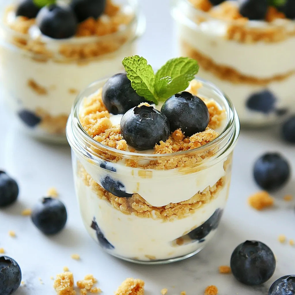 - 1 cup rolled oats - 1 cup milk (dairy or non-dairy) - 1/2 cup Greek yogurt To make these oats, start with rolled oats. They soak well and give the best texture. You can use any milk you like. Dairy milk works, but almond or oat milk is great too. Greek yogurt adds a creamy base. It also boosts protein and makes the dish rich. - 1/4 cup cream cheese - 2 tablespoons honey or maple syrup - 1 teaspoon vanilla extract - 1/2 teaspoon ground cinnamon Now, let’s add some flavor! Cream cheese gives that cheesecake taste we love. Sweeteners like honey or maple syrup add the right touch of sweetness. Vanilla extract makes everything smell good and adds depth. A little ground cinnamon warms up the flavor and ties it all together. - 1/2 cup fresh blueberries (plus extra for topping) - 2 tablespoons crushed graham crackers - A pinch of salt Finally, we need toppings. Fresh blueberries bring bright flavor and color. Crushed graham crackers add crunch and remind us of cheesecake crust. A pinch of salt balances the sweetness and enhances all the flavors. {{ingredient_image_2}} To start, grab a large mixing bowl. Pour in 1 cup of rolled oats and add 1 cup of milk. You can use dairy or non-dairy milk. Stir the oats and milk well. Make sure every oat is fully covered in milk. This soaking helps the oats soften and absorb all the flavors. Next, take another bowl and add 1/4 cup of softened cream cheese. Mix it with 1/2 cup of Greek yogurt. Then, add 2 tablespoons of honey or maple syrup for sweetness. Also, include 1 teaspoon of vanilla extract and 1/2 teaspoon of ground cinnamon. Don't forget a pinch of salt! Blend everything together until it’s smooth and creamy. This mixture gives that delicious cheesecake taste. Now, it’s time to combine the mixtures. Gently fold the cream cheese mixture into the oat mixture using a spatula. Make sure both mixtures blend well. Then, add 1/2 cup of fresh blueberries. Be careful not to crush them. Next, divide everything into two jars or containers. Sprinkle 2 tablespoons of crushed graham crackers on top of each serving. Add a few extra blueberries for a pretty look. Seal the jars tightly and place them in the fridge. Let them chill overnight or for at least 4 hours. This helps the oats soak up all the flavors. Enjoy your delicious breakfast treat in the morning! To get the best texture, soak your oats overnight. This allows the oats to absorb the milk and soften. If you are short on time, soak them for at least four hours. The longer they soak, the creamier they will be. Adjust the yogurt's thickness based on your taste. If you prefer a thicker texture, use less milk. If you like it creamier, add more yogurt. Find what suits you best! Taste your mixture before serving. You can add more honey or maple syrup if you want it sweeter. Remember, some people like it less sweet, so adjust to your preference! For a healthier option, try different sweeteners. You can use agave nectar or stevia instead of honey. Each will give a unique flavor while keeping it sweet. Serve your oats in clear jars to show off the layers. This makes it look bright and inviting. Top with a sprig of mint and extra blueberries for a pop of color. Get creative with your jar layers. You can alternate between oats and the cream cheese mix. This makes each spoonful fun and exciting! Pro Tips Use Frozen Blueberries: If fresh blueberries are not available, frozen ones work perfectly. Just add them directly to the mixture without thawing to keep the texture intact. Customize Sweetness: Depending on your taste, feel free to adjust the amount of honey or maple syrup to make your overnight oats sweeter or less sweet. Make It Vegan: Substitute Greek yogurt with a plant-based yogurt and use agave syrup instead of honey to make this recipe vegan-friendly. Layer for Presentation: For an eye-catching look, layer the oats, cream cheese mixture, and blueberries in the jars instead of mixing everything together. {{image_4}} You can change the fruit in your oats easily. Try using other berries like strawberries or raspberries. These berries add a nice burst of color and flavor. You can also pick seasonal fruits. Peaches in summer or apples in fall work great. These swaps keep your breakfast fresh and exciting! Boost the creaminess of your oats with nut butter. Almond or peanut butter makes a great addition. It adds a nutty flavor and richness. For a fresh twist, add citrus zest. Lemon or orange zest brightens the dish and adds a zing. These small changes can make a big difference! If you want to make this dish dairy-free, use non-dairy yogurt. Coconut or almond yogurt works well. You can also swap cream cheese with plant-based cream cheese. This keeps the creamy texture while staying dairy-free. These swaps let everyone enjoy this tasty treat! To keep your Blueberry Cheesecake Overnight Oats fresh, use tight-sealing jars. Glass jars work best, as they keep flavors in and odors out. Store the jars in the fridge right after you make them. They stay fresh for up to five days. This makes them great for meal prep! You can freeze these overnight oats for later. Just divide them into freezer-safe containers. Leave some space at the top because the oats will expand. They can stay in the freezer for up to three months. When you’re ready to eat, thaw them in the fridge overnight. This gives the oats time to soften and absorb flavors. I like to serve my Blueberry Cheesecake Overnight Oats chilled. This makes them refreshing. But if you prefer warm oats, you can heat them in the microwave. Just pop them in for 30 seconds, then stir. Check and heat more if needed. Enjoy your oats however you like! Blueberry Cheesecake Overnight Oats can last up to five days in the fridge. For the best taste and texture, eat them within three days. This way, the oats remain fresh and creamy. Make sure to store them in airtight containers to keep them safe from odors and moisture. Yes, you can easily make this recipe dairy-free. Use plant-based milk, like almond or oat milk. Replace Greek yogurt with non-dairy yogurt. For cream cheese, try a vegan cream cheese made from nuts or tofu. These swaps keep the great flavor while fitting your dietary needs. Cream cheese adds a rich flavor and creamy texture. If you want to skip it, you can use more Greek yogurt. For a different flavor, try using ricotta cheese or a nut-based cream cheese. This way, you can still enjoy a creamy taste without traditional cream cheese. Blueberry cheesecake overnight oats are simple and fun to make. We covered the key ingredients, from oats and milk to Greek yogurt and cream cheese. The steps are clear: soak, mix, and assemble. Flavor tips help you adjust sweetness. You can swap fruits and toppings for variety. Proper storage ensures freshness. Make it your own with easy tweaks. Enjoy a delicious, healthy treat that makes mornings special!