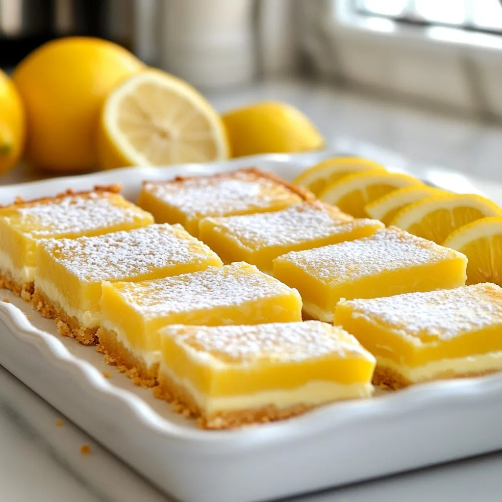 - 1 cup all-purpose flour - 1/2 cup powdered sugar - 1/2 cup unsalted butter - 1 cup plain Greek yogurt - 1 cup granulated sugar - 3 large eggs - Zest of 2 lemons - 1/2 cup freshly squeezed lemon juice - 1 teaspoon baking powder - 1/4 teaspoon fine sea salt - Additional powdered sugar for dusting To make Greek yogurt lemon bars, gather these ingredients first. Each one plays a key role in creating that perfect tart flavor. The flour gives the base its structure. I always use all-purpose flour for a nice balance. Powdered sugar adds sweetness and helps the crust stay tender. Unsalted butter brings richness and flavor to the crust. The star of this recipe is plain Greek yogurt. It adds creaminess and a tangy taste that makes these bars special. Granulated sugar sweetens the filling. Using three large eggs helps bind everything together. Lemon zest gives a strong burst of flavor. The freshly squeezed lemon juice adds bright acidity. Baking powder helps the filling rise a bit, while sea salt enhances all these flavors. Lastly, you dust the bars with extra powdered sugar for a lovely presentation. These ingredients work together to create a delightful treat you will love! {{ingredient_image_2}} - Preheat the oven to 350°F (180°C). - Grease or line an 8x8 inch baking dish. To make the crust, start by mixing the flour and powdered sugar in a bowl. Use a fork or pastry cutter to cut in the softened butter until it looks like coarse crumbs. Press this mixture firmly into the bottom of the baking dish. This creates a nice base for your lemon bars. Next, whisk together the Greek yogurt, granulated sugar, eggs, lemon zest, lemon juice, baking powder, and sea salt in a large mixing bowl. Make sure it’s smooth and well mixed. Pour this mixture over your pre-baked crust, spreading it evenly. This will ensure each bite has the perfect balance of crust and filling. Return the dish to the oven and bake for 20-25 minutes. The filling should be set and the edges will turn a light golden brown. It’s okay if the center jiggles a bit. It will firm up as it cools. Once baked, remove the dish from the oven and let it cool completely at room temperature. After it cools, refrigerate for at least 1 hour. This helps the bars set up nicely. Before serving, dust the top with powdered sugar for a sweet touch. Cut into squares and arrange them on a plate. These lemon bars are now ready to enjoy! Using room temperature ingredients is key for great lemon bars. It helps the mixture blend smoothly. Softened butter mixes better with sugar, creating a nice crust. Eggs at room temperature whip more easily, adding air and lightness. Cooling the bars is just as important. After baking, let them cool completely at room temp. This step helps the filling set up perfectly. For a firmer texture, chill the bars in the fridge for at least an hour before cutting. Garnish your lemon bars for a fresh look. Thin slices of lemon add color and brightness. Fresh mint sprigs give a nice touch, too. Dusting the bars with powdered sugar makes them look extra fancy. When presenting, place the bars on a pretty platter. Arrange them in neat rows for a clean look. You can also sprinkle a little lemon zest on top for added flair. These tips will make your lemon bars stand out at any gathering. Pro Tips Use Room Temperature Ingredients: Allow your eggs and Greek yogurt to come to room temperature before mixing. This helps create a smoother batter and ensures even baking. Fresh Lemon Juice is Key: Always use freshly squeezed lemon juice for the best flavor. Bottled lemon juice can have preservatives that alter the taste. Cool Thoroughly: Let the lemon squares cool completely at room temperature before refrigerating. This helps achieve the perfect texture and prevents excess moisture. Dust Just Before Serving: For the best presentation, dust the lemon squares with powdered sugar right before serving. This keeps the sugar from melting and maintains a beautiful finish. {{image_4}} You can make Greek yogurt lemon bars a bit healthier. One way is to use a gluten-free flour substitute. I like almond flour or coconut flour. These options keep the bars tasty while catering to gluten-free diets. They add a nice texture too. You can also reduce the sugar for a lighter version. Try cutting the granulated sugar in half. This change makes the bars less sweet but still full of lemon flavor. You can even use a natural sweetener like honey or maple syrup. Just remember to adjust the liquid in the recipe. To boost the flavor, consider adding other citrus like lime or orange. A bit of lime zest gives a fresh twist. Orange juice can make the bars sweeter and more vibrant. Mixing citrus flavors opens up fun new tastes. You can also incorporate herbs like basil or thyme for uniqueness. These herbs add depth and freshness. Just a small amount can change the whole dish. Try finely chopping the herbs and mixing them into the filling. It creates a surprise flavor that pairs well with lemon. To keep your Greek yogurt lemon bars fresh, store them in the fridge. Place them in an airtight container. This prevents moisture loss and keeps them tasting great. If you want to freeze them, wrap each square in plastic wrap. Then, place the wrapped squares in a freezer-safe bag. This method helps keep them fresh for later. In the fridge, your lemon bars will stay fresh for up to five days. Look for a firm texture and bright color to confirm freshness. If they start to look dull or feel slimy, it's time to toss them. Also, a sour smell means they have likely gone bad. Always trust your senses to keep your treats safe and tasty. To cut lemon bars well, chill them first. This makes the filling firm. Use a sharp knife for clean cuts. Wipe the knife with a damp cloth between cuts for neat edges. Yes, you can make these lemon bars ahead of time. They store well in the fridge for up to four days. Just cover them tightly with plastic wrap or foil. This keeps them fresh and tasty. To thicken the filling, add an extra egg or use more Greek yogurt. You can also mix in a tablespoon of cornstarch. This will help the filling set better as it bakes. You can replace Greek yogurt with sour cream or regular yogurt. For a non-dairy option, use coconut yogurt. Each option will give a slightly different flavor and texture, but they work well. If your lemon bars are too tart, dust them with more powdered sugar before serving. You can also drizzle honey or maple syrup on top. Adding a dollop of whipped cream balances the tartness nicely. Making lemon bars is simple and fun. We covered the key ingredients, from flour to fresh lemon juice. I shared step-by-step instructions for a perfect bake. You learned helpful tips to improve texture and presentation. Variations allow you to customize flavors while storage info keeps your bars fresh. Enjoy testing your skills with this tasty treat. Whether for yourself or sharing, lemon bars always bring joy. Keep experimenting and have fun in the kitchen!