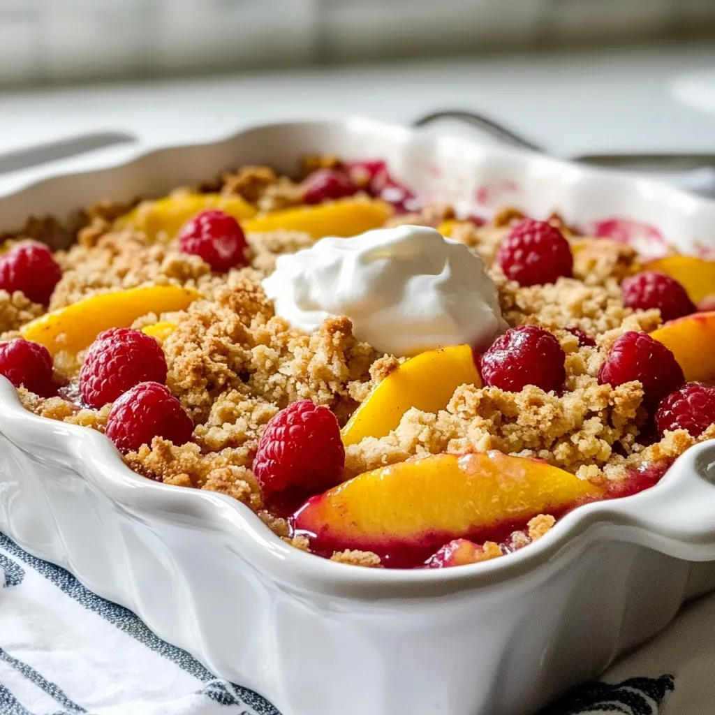 - 4 ripe peaches, peeled and sliced into wedges - 1 cup fresh raspberries, gently rinsed Peaches give the crumble its sweet base. Make sure they are ripe for the best flavor. The raspberries add a bright touch. They are tart and juicy, making every bite exciting. - 1/2 cup granulated sugar - 1/2 cup packed brown sugar - 1 tablespoon freshly squeezed lemon juice - 1 teaspoon pure vanilla extract Sugar helps the fruit caramelize. Brown sugar adds depth with its rich flavor. Lemon juice brightens the mix, while vanilla rounds it out. These flavors work together to make a tasty dessert. - 1 cup all-purpose flour - 1/2 cup rolled oats - 1/2 teaspoon ground cinnamon - 1/4 teaspoon fine sea salt - 1/2 cup unsalted butter, melted and slightly cooled Flour gives the crumble structure. Oats add chewiness and a nice texture. Cinnamon brings warmth and spice. Salt enhances the sweet flavors. Melted butter binds everything, creating a crumbly topping. {{ingredient_image_2}} 1. Preheat your oven to 350°F (175°C). This step ensures even cooking. 2. Lightly grease a 9-inch baking dish with butter or cooking spray. This helps prevent sticking. 1. In a large bowl, combine the sliced peaches and fresh raspberries. 2. Add 1/2 cup of granulated sugar, 1 tablespoon of lemon juice, and 1 teaspoon of vanilla extract. 3. Gently toss the fruit mixture with a spoon. You want the fruit to be evenly coated. 4. Transfer this mixture to your prepared baking dish. Spread it out evenly for a nice base. 1. In a medium bowl, mix together 1 cup of all-purpose flour, 1/2 cup of rolled oats, 1/2 cup of brown sugar, 1/2 teaspoon of ground cinnamon, and 1/4 teaspoon of sea salt. This creates a nice dry mix. 2. Pour in 1/2 cup of melted butter. Stir with a fork or your fingers. Mix until the mixture looks crumbly. It should resemble coarse sand. 1. Scatter the crumble mixture evenly over the fruit layer. Make sure all the fruit is covered. 2. Place the baking dish in the oven. Bake for 30-35 minutes. Look for a golden brown topping and bubbling fruit. 3. Once done, remove the crumble from the oven. Let it cool for about 5 minutes. This helps the flavors blend. Serve warm for the best taste! - Choosing the right peaches: Look for ripe peaches that feel slightly soft. They should smell sweet. Avoid peaches that are hard or have dark spots. These can be less tasty. A mix of yellow and white peaches works great too. - Achieving a crispy topping: To make the topping crispy, use cold butter. Cut it into your dry mix until it looks crumbly. This will help create a great texture. Don’t overmix; a little clumping is good! - Pairing with ice cream or whipped cream: Serve your warm crumble with a scoop of vanilla ice cream. The cold creaminess pairs well with the warm fruit. You can also use whipped cream for a lighter touch. - Presentation tips for a beautiful dessert: For a lovely look, add a few whole raspberries on top. You can also sprinkle some extra oats on the plate. Use a nice dish to serve it. This makes your dessert look special! Pro Tips Choose ripe peaches: Make sure to select peaches that are soft to the touch and have a fragrant aroma for the best flavor in your crumble. Use fresh berries: Fresh raspberries not only add flavor but also beautiful color; avoid frozen berries for optimal texture. Adjust sweetness: Depending on the ripeness of your fruit, you may want to adjust the amount of sugar to match your taste preference. Let it cool: Allowing the crumble to cool slightly before serving helps the juices thicken, making it easier to scoop and serve. {{image_4}} You can switch up the fruit in this crumble. Try using apricots or plums instead of peaches. Both fruits add a unique flavor. They also work well with raspberries. You can mix and match based on what is fresh and in season. If you want to add more berries, blueberries or strawberries are great options. They bring a sweet and tangy taste. Plus, they look beautiful in the dish. If you need a gluten-free option, you have choices. You can use almond flour or coconut flour as a substitute. These flours work well in the crumble topping. You can also use gluten-free oats for the topping. Just make sure they are labeled gluten-free. This way, you can enjoy the crumble without worry. Want to take your crumble to the next level? Add nuts for extra crunch. Chopped walnuts or pecans can add a nice texture. You can also infuse spices for a flavor boost. Try adding a bit of nutmeg or ginger for warmth. These simple changes can make your dessert even more special. To store leftovers of your Peach Raspberry Crumble, follow these steps: - Allow the crumble to cool completely. - Cover it tightly with plastic wrap or aluminum foil. - Place it in the fridge if you plan to eat it within a few days. For longer storage, you can freeze the crumble. Use an airtight container or a freezer-safe bag. This helps keep it fresh for up to three months. When you want to enjoy your crumble again, here are some tips: - Preheat your oven to 350°F (175°C). - Place the crumble in an oven-safe dish. - Cover it with foil to keep it moist. - Heat for about 15-20 minutes. This method helps maintain the texture of both the fruit and the topping. You can also microwave individual portions. Just heat for about 30-60 seconds, checking often to avoid overheating. Yes, you can use frozen peaches or raspberries. Frozen fruit works well if you let it thaw first. Drain any extra liquid to avoid a soggy crumble. The flavor remains delicious and fresh even with frozen fruit. It’s a great way to enjoy this dessert year-round! To make the crumble topping healthier, try using whole wheat flour. You can also swap brown sugar for coconut sugar. Add chopped nuts for healthy fats and protein. Instead of butter, use coconut oil or applesauce. These small changes will still give you a tasty topping while keeping it nutritious. The best way to serve Peach Raspberry Crumble is warm. Top it with vanilla ice cream or whipped cream for a creamy contrast. You can also sprinkle some fresh raspberries on top for color. Serve it in a nice bowl to make it look fancy. Enjoy every bite of this sweet treat! You can store Peach Raspberry Crumble in the fridge for up to three days. Make sure to cover it with plastic wrap or foil. To keep it fresh, avoid leaving it out for too long. If you want to store it longer, freeze it for up to three months. Just reheat it when you’re ready to enjoy! This post covered how to make a delicious Peach Raspberry Crumble. We discussed fresh ingredients, step-by-step baking instructions, and tips for the best results. Exploring fruit swaps and gluten-free options adds variety to the dish. Remember, you can customize this dessert to suit your taste. Try different fruits or toppings to make it your own. Enjoy your homemade crumble warm, topped with ice cream or whipped cream for a sweet finish.